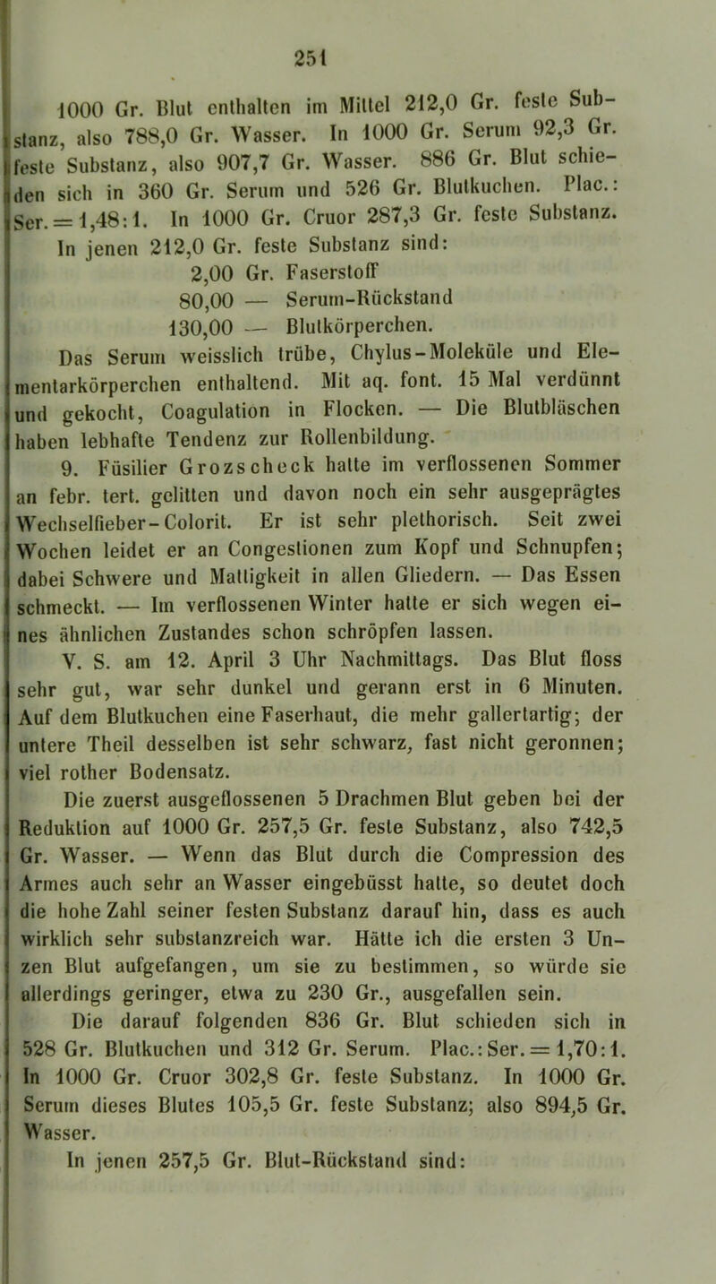 I 251 1000 Gr. Blut enthalten im Mittel 212,0 Gr. feste Sub- I stanz, also 788,0 Gr. Wasser. In 1000 Gr. Serum 92,3 Gr. ifeste Substanz, also 907,7 Gr. Wasser. 886 Gr. Blut schie- den sich in 360 Gr. Serum und 526 Gr. Blutkuchen. Plac.: Ser. = 1,48:1. In 1000 Gr. Cruor 287,3 Gr. feste Substanz. In jenen 212,0 Gr. feste Substanz sind: 2,00 Gr. Faserstoff 80,00 — Serum-Rückstand 130,00 — Blutkörperchen. Das Serum weisslich trübe, Chylus-Moleküle und Ele- mentarkörperchen enthaltend. Mit acj. font. 15 Mal verdünnt und gekocht, Coagulation in Flocken. — Die Blutbläschen haben lebhafte Tendenz zur Rollenbildung. 9. Füsilier Grozscheck halte im verflossenen Sommer an febr. tert. gelitten und davon noch ein sehr ausgeprägtes Wechselfieber-Colorit. Er ist sehr plethorisch. Seit zwei Wochen leidet er an Congestionen zum Kopf und Schnupfen; dabei Schwere und Mattigkeit in allen Gliedern. — Das Essen schmeckt. — Im verflossenen Winter hatte er sich wegen ei- I nes ähnlichen Zustandes schon schröpfen lassen. ^ V. S. am 12. April 3 Uhr Nachmittags. Das Blut floss sehr gut, war sehr dunkel und gerann erst in 6 Minuten. Auf dem Blutkuchen eine Faserhaut, die mehr gallertartig; der untere Theil desselben ist sehr schwarz, fast nicht geronnen; viel rolher Bodensatz. Die zuerst ausgeflossenen 5 Drachmen Blut geben bei der Reduktion auf 1000 Gr. 257,5 Gr. feste Substanz, also 742,5 Gr. Wasser. — Wenn das Blut durch die Compression des Armes auch sehr an Wasser eingebüsst halle, so deutet doch die hohe Zahl seiner festen Substanz darauf hin, dass es auch wirklich sehr substanzreich war. Hätte ich die ersten 3 Un- zen Blut aufgefangen, um sie zu bestimmen, so würde sie allerdings geringer, etwa zu 230 Gr., ausgefallen sein. Die darauf folgenden 836 Gr. Blut schieden sich in 528 Gr. Blutkuchen und 312 Gr. Serum. Plac.:Ser. = 1,70:1. In 1000 Gr. Cruor 302,8 Gr. feste Substanz. In 1000 Gr. Serum dieses Blutes 105,5 Gr. feste Substanz; also 894,5 Gr. Wasser. In jenen 257,5 Gr. Blut-Rückstand sind: I