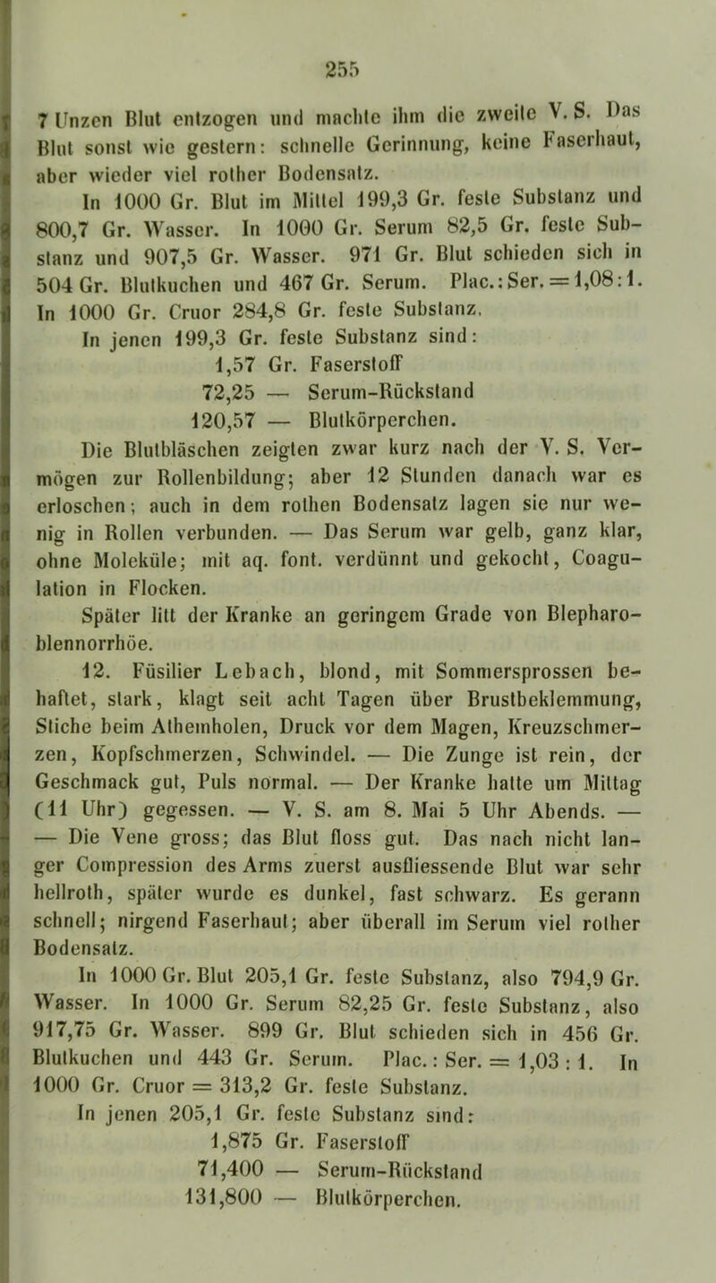 7 Unzen Blut entzogen und maclile ihm die zweite V. S. Das Blut sonst wie gestern: schnelle Gerinnung, keine Faserhaut, aber wieder viel rother Bodensatz. In 1000 Gr. Blut im Mittel 199,3 Gr. feste Substanz und 800,7 Gr. Wasser. In 1000 Gr. Serum 82,5 Gr. feste Sub- stanz und 907,5 Gr. Wasser. 971 Gr. Blut schieden sich in 504 Gr. Blutkuchen und 467 Gr. Serum. Plac.: Ser. = 1,08:1. In 1000 Gr. Cruor 284,8 Gr. feste Substanz. In jenen 199,3 Gr. feste Substanz sind: 1,57 Gr. Faserstoff 72,25 — Serum-Rückstand 120,57 — Blutkörperchen. Die Blutbläschen zeigten zwar kurz nach der V. S. Ver- mögen zur Rollenbildung; aber 12 Stunden danach war es erloschen; auch in dem rolhen Bodensatz lagen sie nur we- nig in Rollen verbunden. — Das Serum war gelb, ganz klar, ohne Moleküle; mit aq. font. verdünnt und gekocht, Coagu- lation in Flocken. Später litt der Kranke an geringem Grade von Blepharo- blennorrhöe. 12. Füsilier Leb ach, blond, mit Sommersprossen be- haftet, stark, klagt seit acht Tagen über Brustbeklemmung, Stiche beim Athemholen, Druck vor dem Magen, Kreuzschmer- zen, Kopfschmerzen, Schwindel. — Die Zunge ist rein, der Geschmack gut. Puls normal. — Der Kranke batte um Mittag (11 Uhr) gegessen. — V. S. am 8. Mai 5 Uhr Abends. — — Die Vene gross; das Blut floss gut. Das nach nicht lan- ger Compression des Arms zuerst ausfliessende Blut war sehr hellroth, später wurde es dunkel, fast schwarz. Es gerann schnell; nirgend Faserhaul; aber überall im Serum viel rother Bodensatz. In 1000 Gr. Blut 205,1 Gr. feste Substanz, also 794,9 Gr. Wasser. In 1000 Gr. Serum 82,25 Gr. feste Substanz, also 917,75 Gr. Wasser. 899 Gr. Blut schieden sich in 456 Gr. Blutkuchen und 443 Gr. Serum. Plac.: Ser. = 1,03 : 1. In 1000 Gr. Cruor = 313,2 Gr. feste Substanz. In jenen 205,1 Gr. feste Substanz sind: 1,875 Gr. Faserstoff 71,400 — Serum-Rückstand