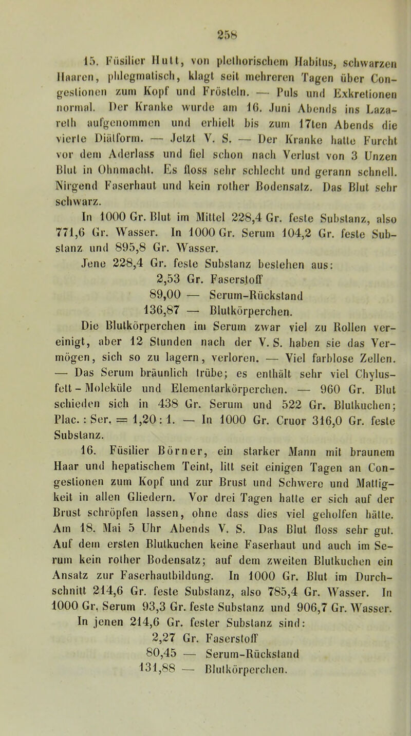 15. Füsilier Mull, von plelliorisclieni Habitus, schwarzen Haaren, jjlilegmalisch, klagt seil mehreren Tagen über Con- geslionen zum Kopf und Frösteln. — Puls und Exkretionen normal. Der Kranke wurde am 16. Juni Ahentls ins Laza- relh aufgenommen und erhielt bis zum 17len Abends die vierte Diülform. — Jetzt V. S. — Der Kranke batte Furcht vor dem Aderlass und fiel schon nach Verlust von 3 Unzen Blut in Ohnmacht. Es floss sehr schlecht und gerann schnell. Nirgend Faserhaut und kein rother Bodensatz. Das Blut sehr schwarz. In 1000 Gr. Blut im Mittel 228,4 Gr. feste Substanz, also 771,6 Gr. Wasser. In 1000 Gr. Serum 104,2 Gr. feste Sub- stanz und 895,8 Gr. Wasser. Jene 228,4 Gr. feste Substanz bestehen aus: 2,53 Gr. Faserstoff 89,00 — Serum-Rückstand 136.87 — Blutkörperchen. Die Blutkörperchen im Serum zwar viel zu Rollen ver- einigt, aber 12 Stunden nach der V. S. haben sie das Ver- mögen, sich so zu lagern, verloren. — Viel farblose Zellen. — Das Serum bräunlich trübe; es enthält sehr viel Chylus- fett - Moleküle und Elementarkörperchen. — 960 Gr. Blut schieden sich in 438 Gr. Serum und 522 Gr. Blutkuchen; Plac. : Ser. = 1,20: 1. — In 1000 Gr. Cruor 316,0 Gr. feste Substanz. 16. Füsilier Börner, ein starker Mann mit braunem Haar und hepatischem Teint, litt seit einigen Tagen an Con- geslionen zum Kopf und zur Brust und Schwere und Mattig- keit in allen Gliedern. Vor drei Tagen hatte er sich auf der Brust schröpfen lassen, ohne dass dies viel geholfen hätte. Am 18. Mai 5 Uhr Abends V. S. Das Blut floss sehr gut. Auf dem ersten Blutkuchen keine Faserhaut und auch im Se- rum kein rother Bodensatz; auf dem zweiten Blutkuchen ein Ansatz zur Faserhautbildung. In 1000 Gr. Blut im Durch- schnitt 214,6 Gr. feste Substanz, also 785,4 Gr. Wasser. In 1000 Gr, Serum 93,3 Gr. feste Substanz und 906,7 Gr. Wasser. In jenen 214,6 Gr. fester Substanz sind: 2,27 Gr. Faserstoff 80,45 — Serum-Rückstand 131.88 — Blutkörperchen.