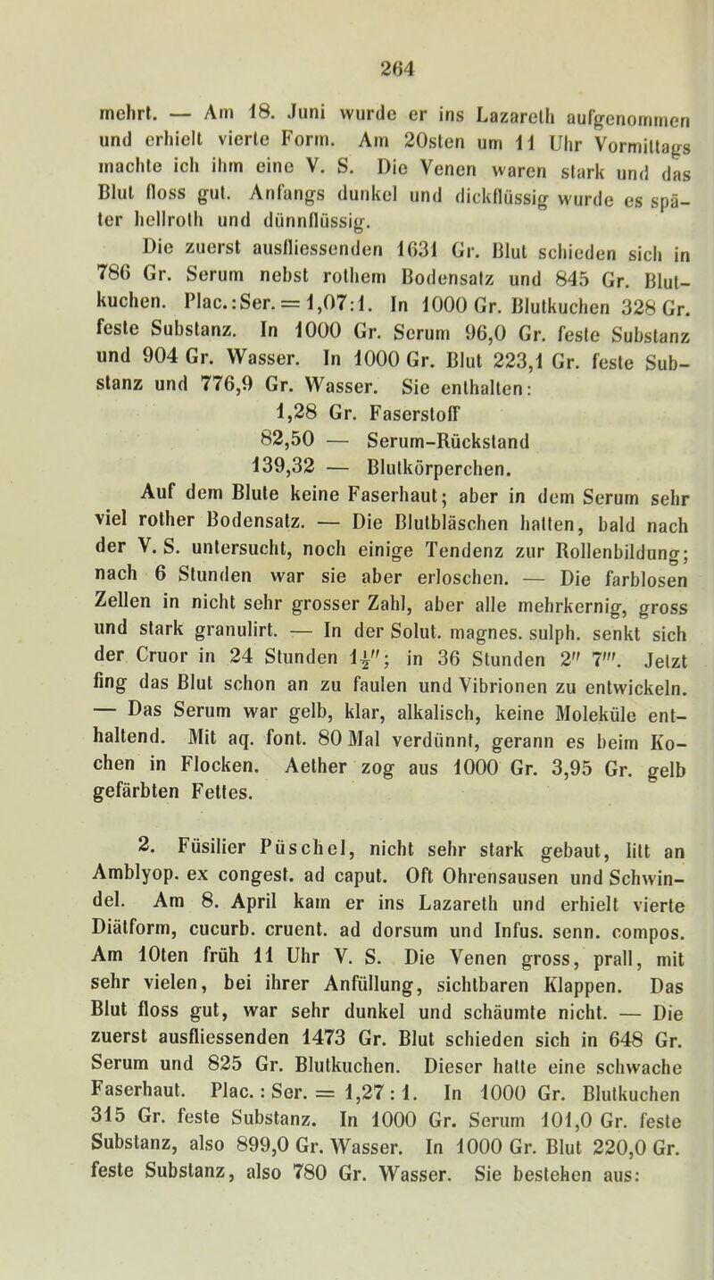 mehrt. — Am 18. Juni wurde er ins Lazarelh aufgenommen und erhielt vierte Form. Am 20sten um 11 Uhr Vormittags machte ich ihm eine V. S. Die Venen waren stark und das Blut floss gut. Anfangs dunkel und dickflüssig wurde es spä- ter hellroth und dünnflüssig. Die zuerst ausfliessenden 1631 Gr. Blut schieden sich in 786 Gr. Serum nebst rothem Bodensatz und 845 Gr. Blut- kuchen. Plac.:Ser. = l,07:l. In 1000 Gr. Blutkuchen 328 Gr. feste Substanz. In 1000 Gr. Serum 96,0 Gr. feste Substanz und 904 Gr. Wasser. In 1000 Gr. Blut 223,1 Gr. feste Sub- stanz und 776,9 Gr. Wasser. Sie enthalten: 1,28 Gr. Faserstoff 82,50 — Serum-Rückstand 139,32 — Blutkörperchen. Auf dem Blute keine Faserhaut; aber in dem Serum sehr viel rother Bodensatz. — Die Blutbläschen halten, bald nach der V. S. untersucht, noch einige Tendenz zur Rollenbildunor; nach 6 Stunden war sie aber erloschen. — Die farblosen Zellen in nicht sehr grosser Zahl, aber alle mehrkernig, gross und stark granulirt. — In der Solut. magnes. sulph. senkt sich der Cruor in 24 Stunden 1^; in 36 Stunden 2 7'. Jetzt fing das Blut schon an zu faulen und Vibrionen zu entwickeln. — Das Serum war gelb, klar, alkalisch, keine Moleküle ent- haltend. Mit aq. font. 80 Mal verdünnt, gerann es beim Ko- chen in Flocken. Aether zog aus 1000 Gr. 3,95 Gr. gelb gefärbten Fettes. 2. Füsilier Püschel, nicht sehr stark gebaut, litt an Amblyop. ex congest. ad caput. Oft Ohrensausen und Schwin- del. Am 8. April kam er ins Lazareth und erhielt vierte Diätform, cucurb. cruent. ad dorsum und Infus, senn. compos. Am lOten früh 11 Uhr V. S. Die Venen gross, prall, mit sehr vielen, bei ihrer Anfüllung, sichtbaren Klappen. Das Blut floss gut, war sehr dunkel und schäumte nicht. — Die zuerst ausfliessenden 1473 Gr. Blut schieden sich in 648 Gr. Serum und 825 Gr. Blutkuchen. Dieser hatte eine schwache Faserhaut. Plac.: Ser. = 1,27 :1. In 1000 Gr. Blutkuchen 315 Gr. feste Substanz. In 1000 Gr. Serum 101,0 Gr. feste Substanz, also 899,0 Gr. Wasser. In 1000 Gr. Blut 220,0 Gr. feste Substanz, also 780 Gr. Wasser. Sie bestehen aus: