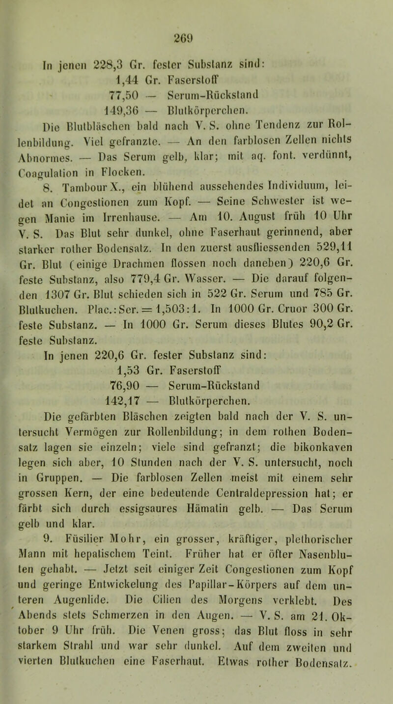 261) In jenen 228,3 Gr. fester Substanz sind: 1,44 Gr. Faserstoff 77,50 — Serum-Rückstand 149,36 — Blutkörperchen. Die Blutbläsclien bald nach V. S. ohne Tendenz zur Rol- lenbildung. Viel gefranzte. — An den farblosen Zellen nichts Abnormes. — Das Serum gelb, klar; mit aq. font. verdünnt, Coagulalion in Flocken. 8. Tambour X., ein blühend aussehendes Individuum, lei- det an Congestionen zum Kopf. — Seine Schwester ist we- gen Manie im Irrenhause. — Am 10. August früh 10 Uhr V. S. Das Blut sehr dunkel, ohne Faserhaut gerinnend, aber starker rother Bodensatz. In den zuerst ausfliessenden 529,11 Gr. Blut (einige Drachmen flössen noch daneben) 220,6 Gr. feste Substanz, also 779,4 Gr. Wasser. — Die darauf folgen- den 1307 Gr. Blut schieden sich in 522 Gr. Serum und 785 Gr. Blutkuchen. PIac.:Scr.= 1,503:1. In 1000 Gr. Cruor 300 Gr. feste Substanz. — In 1000 Gr. Serum dieses Blutes 90,2 Gr. feste Substanz. In jenen 220,6 Gr. fester Substanz sind: 1,53 Gr. Faserstoff 76,90 — Serum-Rückstand 142,17 — Blutkörperchen. Die gefärbten Bläschen zeigten bald nach der V. S. un- tersucht Vermögen zur Rollenbildung; in dem rothen Boden- satz lagen sic einzeln; viele sind gefranzt; die bikonkaven legen sich aber, 10 Stunden nach der V. S. untersucht, noch in Gruppen. — Die farblosen Zellen meist mit einem sehr grossen Kern, der eine bedeutende Centraldepression hat; er färbt sich durch essigsaures Hämatin gelb. — Das Serum gelb und klar. 9. Füsilier Mohr, ein grosser, kräftiger, plelhorischer iMann mit hepatischem Teint. Früher hat er öfter Nasenblu- ten gehabt. — Jetzt seit einiger Zeit Congestionen zum Kopf und geringe Entwickelung des Papillar-Körpers auf dem un- teren Augenlide. Die Cilien des Morgens verklebt. Des Abends stets Schmerzen in den Augen. — V. S. am 21. Ok- tober 9 Uhr früh. Die Venen gross; das Blut floss in sehr starkem Strahl und war sehr dunkel. Auf dem zweiten und vierten Blutkuchen eine Faserhaut. Etwas rother Bodensatz.