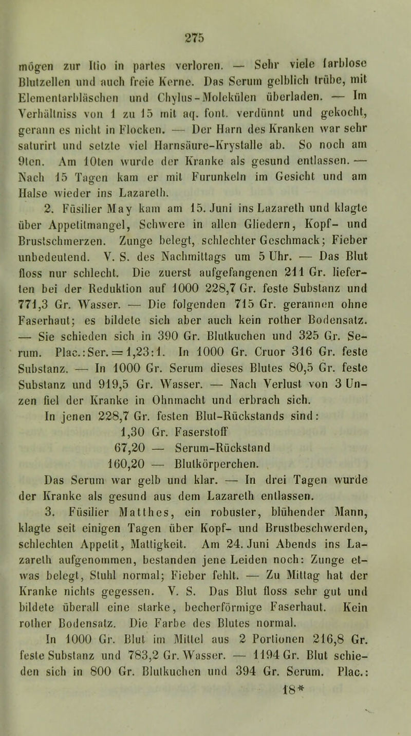 mögen znr Ilio in partes verloren, — Sehr viele (arblosc Dlutzellen und auch freie Kerne. Das Serum gelblich trübe, mit Eiemenlarbläschen und Chylus-Molekülen überladen. — Im Verhöllniss von 1 zu 15 rnil aq. foul, verdünnt und gekocht, gerann es nicht in Flocken. — Der Harn des Kranken war sehr saturirt und setzte viel Harnsäure-Krystalle ab. So noch am 9len. Am lOten wurde der Kranke als gesund entlassen. — Nach 15 Taofen kam er mit Furunkeln im Gesicht und am Halse wieder ins Lazarelh. 2. Füsilier May kam am 15. Juni ins Lazarelh und klagte über Appelitmangel, Schwere in allen Gliedern, Kopf- und Brustschmerzen. Zunge belegt, schlechter Geschmack; Fieber unbedeutend. V. S. des Nachmittags um 5 Uhr. — Das Blut floss nur schlecht. Die zuerst aufgefangenen 211 Gr. liefer- ten bei der Reduktion auf 1000 228,7 Gr. feste Substanz und 771,3 Gr. Wasser. — Die folgenden 715 Gr. gerannen ohne Faserhaut; es bildete sich aber auch kein rother Bodensatz. — Sie schieden sich in 390 Gr. Blulkuchen und 325 Gr. Se- rum. Plac.: Ser. = 1,23:1. In 1000 Gr. Cruor 316 Gr. feste Substanz. — In 1000 Gr. Serum dieses Blutes 80,5 Gr. feste Substanz und 919,5 Gr. Wasser. — Nach Verlust von 3 Un- zen fiel der Kranke in Ohnmacht und erbrach sich. In jenen 228,7 Gr. festen Blut-Rückstands sind: 1,30 Gr. Faserstoff 67,20 — Serum-Rückstand 160,20 — Blutkörperchen. Das Serum war gelb und klar. — In drei Tagen wurde der Kranke als gesund aus dem Lazarelh entlassen. 3. Füsilier Matthes, ein robuster, blühender Mann, klagte seit einigen Tagen über Kopf- und Brustbeschwerden, schlechten Appetit, Mattigkeit. Am 24. Juni Abends ins La- zarelh aufgenommen, bestanden jene Leiden noch: Zunge et- was belegt, Stuhl normal; Fieber fehlt. — Zu Mittag hat der Kranke nichts gegessen. V. S. Das Blut floss sehr gut und bildete überall eine starke, becherförmige Faserhaut. Kein rother Bodensatz. Die Farbe des Blutes normal. In 1000 Gr. Blut im 3Iillel aus 2 Portionen 216,8 Gr. feste Substanz und 783,2 Gr. Wasser. — 1194 Gr. Blut schie- den sich in 800 Gr. Blutkuchon und 394 Gr. Serum. Plac.: 18*