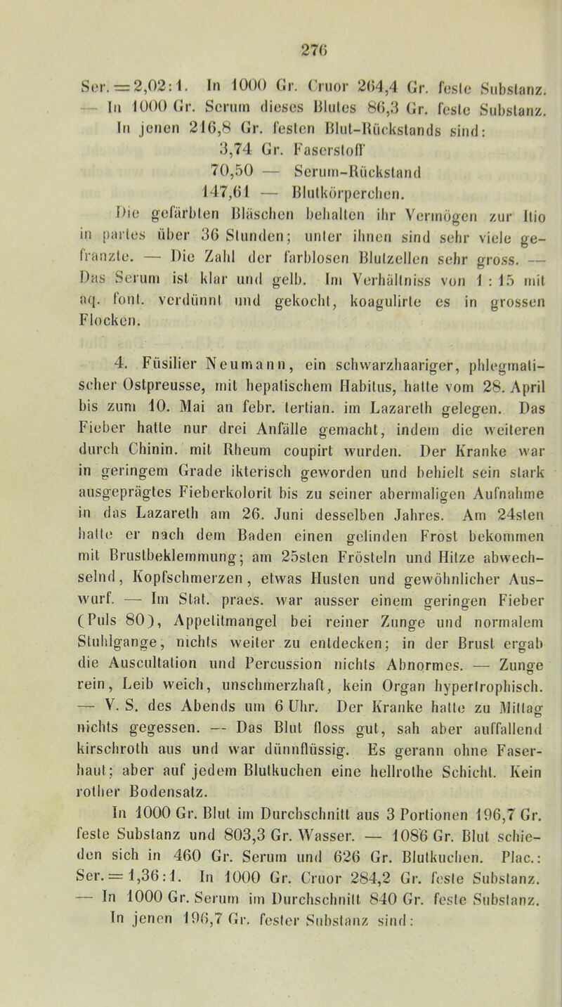 27« S(*r. = 2,02:1. In 1000 Gr. Gnior 2«4,4 Gr. lo.sle Siibslanz. — lii 1000 Gr. Serum dieses Blutes 8«,3 Gr. feste Substanz. Iti jenen 216,8 Gr. festen Blut-Rückstands sind: 3,74 Gr. Faserstoff 70,50 — Serum-Rückstand 147,61 — Blulkörperclien. Die gefärbten Bläschen behalten ihr Vermögen zur Rio in partes über 36 Stunden; unter ihnen sind sehr viele ge- franzte. — Die Zahl der farblosen Blutzellen sehr gro.ss. — Das Serum ist klar und gelb. Ini Verhältniss von 1:15 mit ac|. foul, verdünnt und gekocht, koagulirte es in grossen Flocken. 4. Füsilier Neumann, ein schwarzhaariger, phlegmati- scher Ostpreusse, mit hepatischem Habitus, hatte vom 28. April bis zum 10. Mai an febr. tertian. im Lazareth gelegen. Das Fieber hatte nur drei Anfälle genmeht, indem die weiteren durch Chinin, mit Rheum coupirt wurden. Der Kranke war in geringem Grade ikterisch geworden und behielt sein stark ausgeprägtes Fieberkolorit bis zu seiner abermaligen Aufnahme in das Lazareth am 26. Juni desselben Jahres. Am 24sten halte er nach dem Baden einen gelinden Frost bekommen mit Brustbeklemmung; am 25sten Frösteln und Hitze abwech- selnd, Kopfschmerzen, etwas Husten und gewöhnlicher Aus- wurf. — Im Stat. praes. war ausser einem geringen Fieber (Puls 80), Appetitmangel bei reiner Zunge und normalem Stuhlgange, nichts weiter zu entdecken; in der Brust ergab die Auscultalion und Percussion nichts Abnormes. — Zunoe O rein, Leib weich, uns chm erzhaft, kein Organ hypertrophisch. — V. S. des Abends um 6 Uhr. Der Kranke halte zu Miltaop nichts gegessen. — Das Blut floss gut, sah aber auffallend kirschroth aus und war dünnflüssig. Es gerann ohne Faser- haut; aber auf jedetn Blutkuchen eine hellrothe Schicht. Kein rother Bodensatz. In 1000 Gr. Blut im Durchschnitt aus 3 Portionen 196,7 Gr. feste Substanz und 803,3 Gr. Wasser. — 1086 Gr. Blut schie- den sich in 460 Gr. Serum und 626 Gr. Blutkuchen. Plac.: Ser. = 1,36:1. In 1000 Gr. Cruor 284,2 Gr. feste Substanz. — In 1000 Gr. Serum im Durchschnitt 840 Gr. feste Substanz. Tn jenen 196,7 Gr. fester Substanz sind: