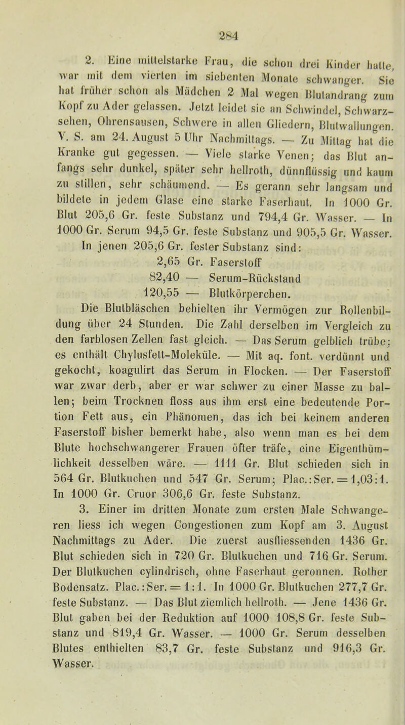 2S4 2. Eine miUelslarke Frau, die schon drei Kinder halle, war mit dem vierten im siebenten Monate schwanger. Sie hat früher schon als Mädchen 2 Mal wegen Blutandrang zum Kopf zu Ader gelassen. Jetzt leidet sic an Schwindel, Schwarz- scheu, Olu ensaiiscn, Schwei e in allen Gliedern, Blulwallungen. V, S. am 24. August 5 Uhr Nachmittags. — Zu 3Iillag hat die Kranke gut gegessen. — Viele starke Venen; das Blut an- fangs sehr dunkel, spater sehr hellrolh, dünnflüssig und kaum zu stillen, sehr schäumend. — Es gerann sehr langsam und bildete in jedem Glase eine starke Faserhaut, In 1000 Gr. Blut 205,6 Gr. feste Substanz und 794,4 Gr. Wasser. — In 1000 Gr. Serum 94,5 Gr. feste Substanz und 905,5 Gr. Wasser. In jenen 205,6 Gr. fester Substanz sind: 2,65 Gr. FasersloIF 82,40 — Serum-Rückstand 120,55 — Blutkörperchen. Die Blulbläschen behielten ihr Vermögen zur Rollenbil- dung über 24 Stunden. Die Zahl derselben im Vergleich zu den farblosen Zellen fast gleich. — Das Serum gelblich trübe: es enthält Chylusfett-Moleküle. — Mit aq. font. verdünnt und gekocht, koagulirt das Serum in Flocken. — Der Faserstoff war zwar derb, aber er war schwer zu einer Masse zu bal- len; beim Trocknen floss aus ihm erst eine bedeutende Por- tion Fett aus, ein Phänomen, das ich bei keinem anderen Faserstoff bisher bemerkt habe, also wenn man es bei dem Blute hochschwangerer Frauen öfter träfe, eine Eigenthüm- lichkeit desselben wäre. — 1111 Gr. Blut schieden sich in 564 Gr. Blutkuchen und 547 Gr. Serum; Plac.:Ser. = 1,03:1. In 1000 Gr. Cruor 306,6 Gr. feste Substanz. 3. Einer im dritten Monate zum ersten Male Sohwansfe- ren Hess ich wegen Congestionen zum Kopf am 3. August Nachmittags zu Ader. Die zuerst ausfliessenden 1436 Gr. Blut schieden sich in 720 Gr. Blutkuchen und 716 Gr. Serum, Der Blutkuchen cylindrisch, ohne Faserhaut geronnen. Rolher Bodensatz. Plac.: Ser. = 1:1. In 1000 Gr. Blutkuchen 277,7 Gr. feste Substanz, — Das Blut ziemlich hellroth. — Jene 1436 Gr. Blut gaben bei der Reduktion auf 1000 108,8 Gr. feste Sub- stanz und 819,4 Gr. Wasser. — 1000 Gr. Serum desselben Blutes enthielten 83,7 Gr. feste Substanz und 916,3 Gr. Wasser.