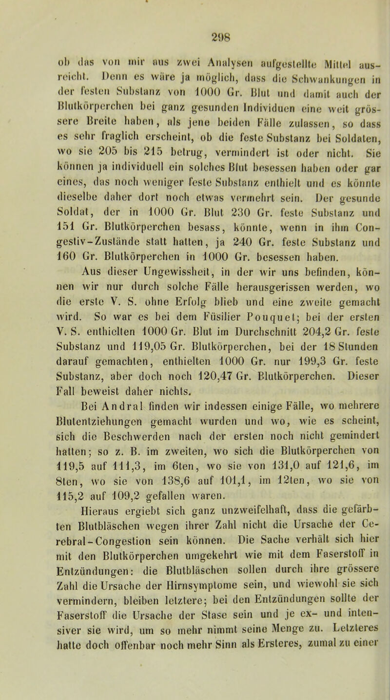 21)8 ob (las von mir aus zwei Analysen aulgeslollle Mitlel aus- reiclil. Denn es wäre ja möglieli, dass die Schwankungen in der leslcn Substanz von 1 ()()() Gr. Blut und damit auch der Blutkörperchen bei ganz gesunden Individuen einci weil grös- sere Breite iiaben, als jene beiden Fälle zulassen, so dass es sehr fraglich erscheint, ob die feste Substanz bei Soldaten, wo sie 205 bis 215 betrug, vermindert ist oder nicht. Sie können ja individuell ein solches Blut besessen haben oder gar eines, das noch weniger feste Substanz enthielt und es könnte dieselbe daher dort noch etwas vor/nehrt sein. Der gesunde Soldat, der in 1000 Gr. Blut 230 Gr. feste Substanz und 151 Gr. Blutkörpei*(dien besass, könnte, wenn in ihm Con- gestiv-Zustände statt hatten, ja 240 Gr. feste Substanz und 160 Gr. Blutkörperchen in 1000 Gr. besessen haben. Aus dieser Ungewissheit, in der wir uns befinden, kön- nen wir nur durch solche Fälle herausgerissen werden, wo die erste V. S. ohne Erfolg blieb und eine zweite gemacht wird. So war es bei dem F'üsilier Pouquet; bei der ersten V. S. enthielten 1000 Gr. Blut im Durchschnitt 204,2 Gr. feste Substanz und 119,05 Gr. Blutkörperchen, bei der 18 Stunden darauf gemachten, enthielten 1000 Gr. nur 199,3 Gr. feste Substanz, aber doch noch 120,47 Gr. Blutkörperchen. Dieser Fall beweist daher nichts. Bei Andral finden wir indessen einige Fälle, wo mehrere Blutentziehungen gemacht wurden und wo, wie es scheint, sich die Beschwerden nach der ersten noch nicht gemindert hatten; so z. B. im zweiten, wo sich die Blutkörperchen von 119,5 auf 111,3, im 6ten, wo sie von 131,0 auf 121,6, im 8ten, wo sie von 138,6 auf 101,1, im 12ten, wo sie von 115,2 auf 109,2 gefallen waren. Hieraus ergiebt sich ganz unzweifelhaft, dass die gefärb- ten Blutbläschen wegen ihrer Zahl nicht die Ursache der Ce- rebral-Congestion sein können. Die Sache verhält sich hier mit den Blutkörperchen umgekehrt wie mit dem Faserstoff in Entzündungen: die Blutbläschcn sollen durch ihre grössere Zahl die Ursache der Hirnsymptome sein, und wiewohl sie sich vermindern, bleiben letztere; bei den Entzündungen sollte der Faserstoff die Ursache der Stase sein und je ex- und inten- siver sie wird, um so mehr nimmt seine Menge zu. Letzteres hatte doch offenbar noch mehr Sinn als Ersteres, zumal zu einer