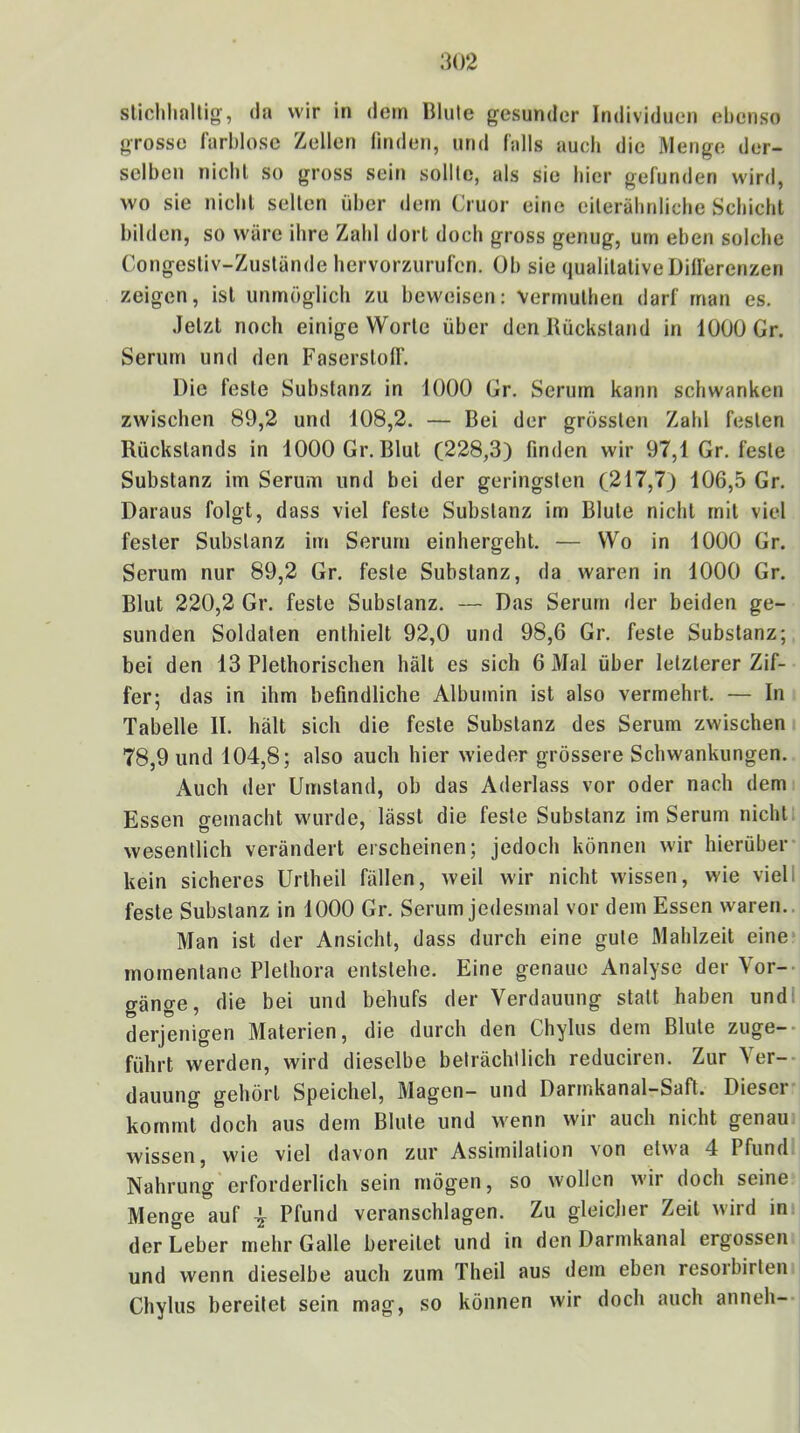 sticliliallig, da wir in dem Blule gesunder Individuen ebenso grosse farblose Zellen linden, und falls auch die Menge der- selben nicht so gross sein sollte, als sie liier gefunden wird, wo sie nicht selten über dem Cruor eine eiterähnlicbe Schiebt bilden, so wäre ihre Zahl dort doch gross genug, urn eben solche Congestiv-Zustände hervorzurufen. Ob sie qualitative Differenzen zeigen, ist unmöglich zu beweisen: verrnulhen darf man es. Jetzt noch einige Worte über den Rückstand in 1000 Gr. Serum und den Faserstoff. Die feste Substanz in 1000 Gr. Serum kann schwanken zwischen 89,2 und 108,2. — Bei der grössten Zahl festen Rückstands in 1000 Gr. Blut (228,3) finden wir 97,1 Gr. feste Substanz im Serum und bei der geringsten (217,7) 106,5 Gr. Daraus folgt, dass viel feste Substanz im Blute nicht mit viel fester Substanz im Serum einhergeht. — Wo in 1000 Gr. Serum nur 89,2 Gr. feste Substanz, da waren in 1000 Gr. Blut 220,2 Gr. feste Substanz. — Das Serum der beiden ge- sunden Soldaten enthielt 92,0 und 98,6 Gr. feste Substanz; bei den 13 Plethorischen hält es sich 6 Mal über letzterer Zif- fer; das in ihm befindliche Albumin ist also vermehrt. — In Tabelle II. hält sich die feste Substanz des Serum zwischen 78,9 und 104,8; also auch hier wieder grössere Schwankungen. Auch der Umstand, ob das Aderla.ss vor oder nach dem Essen gemacht wurde, lässt die feste Substanz im Serum nichtl wesentlich verändert erscheinen; jedoch können wir hierüber* kein sicheres Urtheil fällen, weil wir nicht wissen, wie viel! feste Substanz in 1000 Gr. Serum jedesmal vor dem Essen waren.. Man ist der Ansicht, dass durch eine gute Mahlzeit eine* momentane Plethora entstehe. Eine genaue Analyse der Vor-- gänge, die bei und behufs der Verdauung statt haben undl derjenigen Materien, die durch den Chylus dem Blute zuge-- führt werden, wird dieselbe beträchtlich reduciren. Zur Ver-- dauung gehört Speichel, Magen— und Darmkanal-Saft. Diesei kommt doch aus dem Blute und wenn wir auch nicht genau wissen, wie viel davon zur Assimilation von etwa 4 Pfund Nahrung erforderlich sein mögen, so wollen wir doch seine Menge auf ^ Pfund veranschlagen. Zu gleiclier Zeit wird ini der Leber mehr Galle bereitet und in den Darmkanal ergossen und wenn dieselbe auch zum Theil aus dem eben resorbirten Chylus bereitet sein mag, so können wir doch auch anneh--