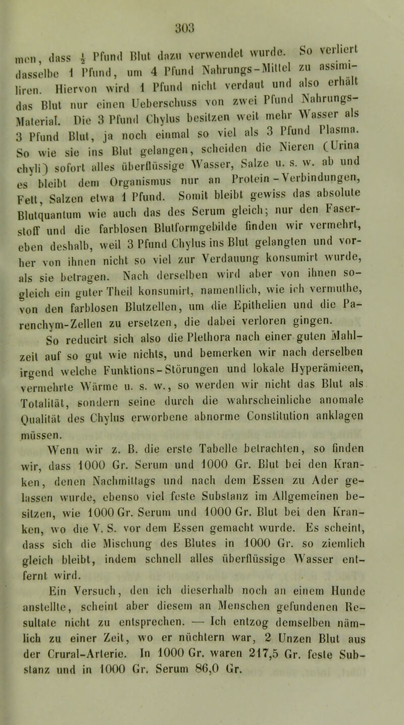 mon, (lass 1 Pfund Blut dazu verwendet wurde. So verliert dasselbe i Pfund, um 4 Pfund Nahrungs-MUlel zu assimi- liren. Hiervon wird 1 Pfund nicht verdaut und also erhalt das Blut nur einen Ueberschuss von zwei Pfund Nabrungs- Material. Die 3 Pfund Chylus besitzen weit mehr Wasser als 3 Pfund Blut, ja noch einmal so viel als 3 Pfund Plasma. So wie sie ins Blut gelangen, scheiden die Nieren (Unna chyli) sofort alles überflüssige Wasser, Salze u. s. w. ab und es bleibt dem Organismus nur an Protein-Verbindungen, Fett, Salzen etwa i Pfund. Somit bleibt gewiss das absolute Blutquantum wie auch das des Serum gleich; nur den Faser- stolT und die farblosen Blutforrngebilde finden wir vermehrt, eben deshalb, weil 3 Pfund Chylus ins Blut gelangten und vor- her von ihnen nicht so viel zur Verdauung konsumirt wurde, als sie betragen. Nach derselben wird aber von ihnen so- gleich ein guter Theil konsumirt, namentlich, wie ich vermuthe, von den farblosen Blutzellen, um die Epithelien und die Pa- renchym-Zellen zu ersetzen, die dabei verloren gingen. So rediicirt sich also die Plethora nach einer guten Mahl- zeit auf so gut wie nichts, und bemerken wir nach derselben irgend welche Funklions-Störungen und lokale Hyperämieen, vermehrte Wärme u. s. w., so werden wir nicht das Blut als Totalität, sondern seine durch die wahrscheinliche anomale Qualität des Chylus erworbene abnorme Constitution anklagen müssen. Wenn wir z. B. die erste Tabelle betrachten, so finden wir, dass 1000 Gr. Serum und 1000 Gr. Blut bei den Kran- ken, denen Nachmittags und nach dem Essen zu Ader ge- lassen wurde, ebenso viel feste Substanz im Allgemeinen be- sitzen, wie 1000 Gr. Serum und 1000 Gr. Blut bei den Kran- ken, wo die V. S. vor dem Essen gemacht wurde. Es scheint, dass sich die Mischung des Blutes in 1000 Gr. so ziemlich gleich bleibt, indem schnell alles überflüssige Wasser ent- fernt wird. Ein Versuch, den ich dieserhalb noch an einem Hunde anstellle, scheint aber diesem an Menschen gefundenen Re- sultate nicht zu entsprechen. — Ich entzog demselben näm- lich zu einer Zeit, wo er nüchtern war, 2 Unzen Blut aus der Crural-Arlerie. In 1000 Gr. waren 217,5 Gr. feste Sub- stanz und in 1000 Gr. Serum 86,0 Gr.
