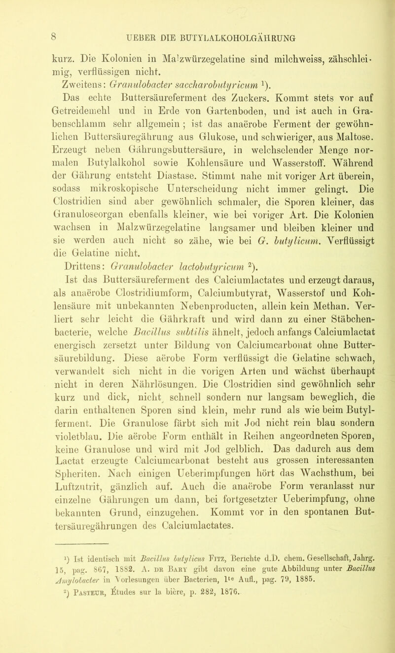 kurz. Die Kolonien in Malzwürzegelatine sind milchweiss, zähschlei- mig, verflüssigen nicht. Zweitens: Granulobacter saccharobutyricum l). Das echte Buttersäureferment des Zuckers. Kommt stets vor auf Getreidemehl und in Erde von Gartenboden, und ist auch in Gra- benschlamm sehr allgemein ; ist das anaerobe Ferment der gewöhn- lichen Buttersäuregährung aus Glukose, und schwieriger, aus Maltose. Erzeugt neben Gährungsbuttersäure, in weichseiender Menge nor- malen Butylalkohol sowie Kohlensäure und Wasserstoff*. Während der Gährung entsteht Diastase. Stimmt nahe mit voriger Art überein, sodass mikroskopische Unterscheidung nicht immer gelingt. Die Clostridien sind aber gewöhnlich schmaler, die Sporen kleiner, das Granuloseorgan ebenfalls kleiner, wie bei voriger Art. Die Kolonien wachsen in Malzwürzegelatine langsamer und bleiben kleiner und sie werden auch nicht so zähe, wie bei G. butylicum. Verflüssigt die Gelatine nicht. Drittens: Granulobacter ladobutyricum 2). Ist das Buttersäureferment des Calciumlactates und erzeugt daraus, als anaerobe Clostridiumform, Calciumbutyrat, Wasserstof und Koh- lensäure mit unbekannten Nebenproducten, allein kein Methan. Ver- liert sehr leicht die Gährkraft und wird dann zu einer Stäbchen- bacterie, welche Bacillus subtilis ähnelt, jedoch anfangs Calciumlactat energisch zersetzt unter Bildung von Calciumcarbonat ohne Butter- säurebildung. Diese aerobe Form verflüssigt die Gelatine schwach, verwandelt sich nicht in die vorigen Arten und wächst überhaupt nicht in deren Nährlösungen. Die Clostridien sind gewöhnlich sehr kurz und dick, nicht schnell sondern nur langsam beweglich, die darin enthaltenen Sporen sind klein, mehr rund als wie beim Butyl- ferment. Die Granulöse färbt sich mit Jod nicht rein blau sondern violetblau. Die aerobe Form enthält in Reihen angeordneten Sporen, keine Granulöse und wird mit Jod gelblich. Das dadurch aus dem Lactat erzeugte Calciumcarbonat besteht aus grossen interessanten Spheriten. Nach einigen Ueberimpfungen hört das Wachsthum, bei Luftzutrit, gänzlich auf. Auch die anaerobe Form veranlasst nur einzelne Gährungen um dann, bei fortgesetzter Ueberimpfung, ohne bekannten Grund, einzugehen. Kommt vor in den spontanen But- tersäuregährungen des Calciumlactates. 1) Ist identisch mit Bacillus lutylicus Bitz, Berichte d.D. ehern. Gesellschaft, Jahrg. 15, pag. 867, 1882. A. du Bary gibt davon eine gute Abbildung unter Bacillus Amylohactei' in Vorlesungen über Bacterien, lte Aufl., pag. 79, 1885. 2) Pasteur, Stüdes sur la biere, p. 282, 1876.