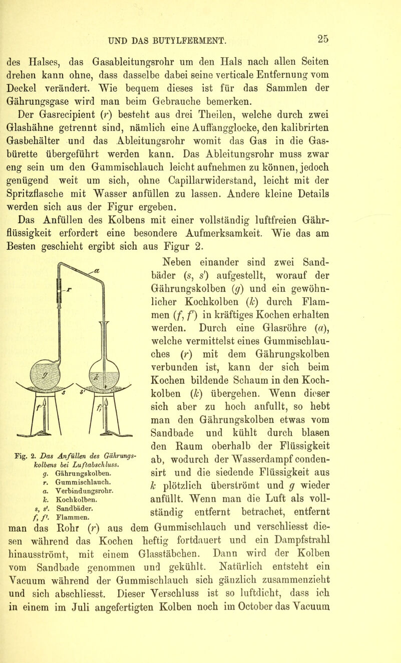 des Halses, das Gasableitungsrohr um den Hals nach allen Seiten drehen kann ohne, dass dasselbe dabei seine verticale Entfernung vom Deckel verändert. Wie bequem dieses ist für das Sammlen der Gährungsgase wird man beim Gebrauche bemerken. Der Gasrecipient (r) besteht aus drei Theilen, welche durch zwei Glashähne getrennt sind, nämlich eine Auflangglocke, den kalibrirten Gasbehälter und das Ableitungsrohr womit das Gas in die Gas- bürette übergeführt werden kann. Das Ableitungsrohr muss zwar eng sein um den Gummischlauch leicht aufnehmen zu können, jedoch genügend weit um sich, ohne Capillarwiderstand, leicht mit der Spritzflasche mit Wasser anfüllen zu lassen. Andere kleine Details werden sich aus der Figur ergeben. Das Anfüllen des Kolbens mit einer vollständig luftfreien Gähr- flüssigkeit erfordert eine besondere Aufmerksamkeit. Wie das am Besten geschieht ergibt sich aus Figur 2. Neben einander sind zwei Sand- bäder (s, s') aufgestellt, worauf der Gährungskolben (g) und ein gewöhn- licher Kochkolben (k) durch Flam- men (/*, f) in kräftiges Kochen erhalten werden. Durch eine Glasröhre (a)7 welche vermittelst eines Gummischlau- ches (r) mit dem Gährungskolben verbunden ist, kann der sich beim Kochen bildende Schaum in den Koch- kolben (k) übergehen. Wenn dieser sich aber zu hoch anfullt, so hebt man den Gährungskolben etwas vom Sandbade und kühlt durch blasen den Raum oberhalb der Flüssigkeit ab, wodurch der Wasserdampf conden- sirt und die siedende Flüssigkeit aus k plötzlich überströmt und g wieder anfüllt. Wenn man die Luft als voll- ständig entfernt betrachet, entfernt Rohr (r) aus dem Gummischlauch und verschliesst die- während das Kochen heftig fortdauert und ein Dampfstrahl hinausströmt, mit einem Glasstäbchen. Dann wird der Kolben vom Sandbade genommen und gekühlt. Natürlich entsteht ein Yacuum während der Gummischlauch sich gänzlich zusammenzieht und sich abschliesst. Dieser Yerschluss ist so luftdicht, dass ich in einem im Juli angefertigten Kolben noch im October das Yacuum Fig. 2. Das An füllen des Gährungs- kolbens bei Luftabschluss, g. Gährungskolben. r. Gummischlauch. a. Yerbindungsrohr. Je. Kochkolben. s, s’. Sandbäder. Flammen. man sen das