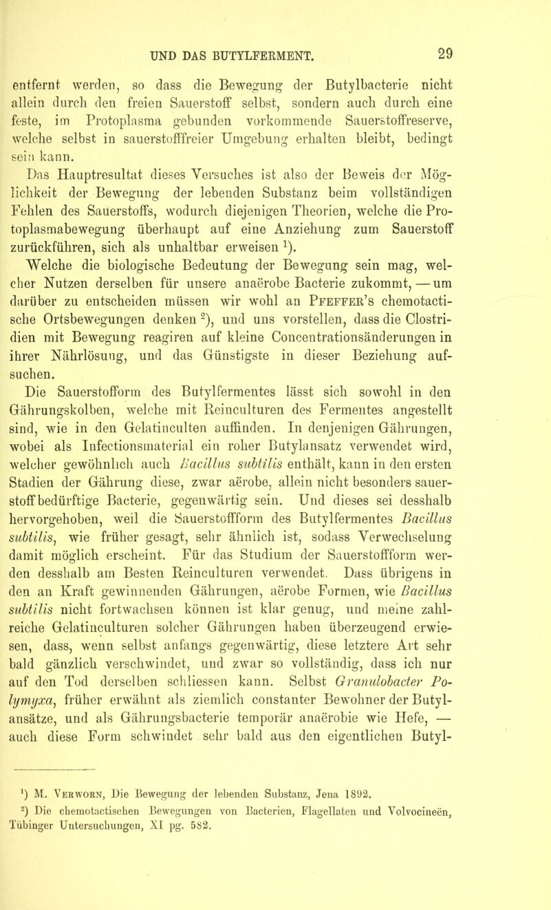 entfernt werden, so dass die Bewegung der Butylbacterie nicht allein durch den freien Sauerstoff selbst, sondern auch durch eine feste, im Protoplasma gebunden vorkommende Sauerstoffreserve, welche selbst in sauerstofffreier Umgebung erhalten bleibt, bedingt sein kann. Das Hauptresultat dieses Versuches ist also der Beweis der Mög- lichkeit der Bewegung der lebenden Substanz beim vollständigen Pehlen des Sauerstoffs, wodurch diejenigen Theorien, welche die Pro- toplasmabewegung überhaupt auf eine Anziehung zum Sauerstoff zurückführen, sich als unhaltbar erweisen 1). Welche die biologische Bedeutung der Bewegung sein mag, wel- cher Nutzen derselben für unsere anaerobe Bacterie zukommt,—um darüber zu entscheiden müssen wir wohl an Pfeffer’s chemotacti- sche Ortsbewegungen denken 2), und uns vorstellen, dass die Clostri- dien mit Bewegung reagiren auf kleine Concentrationsänderungen in ihrer Nährlösung, und das Günstigste in dieser Beziehung auf- suchen. Die Sauerstofform des Butylfermentes lässt sich sowohl in den Gährungskolben, welche mit Reinculturen des Fermentes angestellt sind, wie in den Gelatinculten auffinden. In denjenigen Gährungen, wobei als Infectionsmaterial ein roher Butylansatz verwendet wird, welcher gewöhnlich auch Bacillus subtilis enthält, kann in den ersten Stadien der Gährung diese, zwar aerobe, allein nicht besonders Sauer- stoff bedürftige Bacterie, gegenwärtig sein. Und dieses sei desshalb hervorgehoben, weil die Sauerstoffform des Butylfermentes Bacillus subtilis^ wie früher gesagt, sehr ähnlich ist, sodass Verwechselung damit möglich erscheint. Für das Studium der Sauerstoffform wer- den desshalb am Besten Reinculturen verwendet. Dass übrigens in den an Kraft gewinnenden Gährungen, aerobe Formen, wie Bacillus subtilis nicht fortwachsen können ist klar genug, und meine zahl- reiche Gelatinculturen solcher Gährungen haben überzeugend erwie- sen, dass, wenn selbst anfangs gegenwärtig, diese letztere Art sehr bald gänzlich verschwindet, und zwar so vollständig, dass ich nur auf den Tod derselben schliessen kann. Selbst Granulobader Po- lymyxa, früher erwähnt als ziemlich constanter Bewohner der Butyl- ansätze, und als Gährungsbacterie temporär anaerobie wie Hefe, — auch diese Form schwindet sehr bald aus den eigentlichen Butyl- *) M. Yerworn, Die Bewegung der lebenden Substanz, Jena 1892. 2) Die cliemotactischen Bewegungen von Bacterien, Flagellaten und Volvocineen, Tübinger Untersuchungen, XI pg. 582,