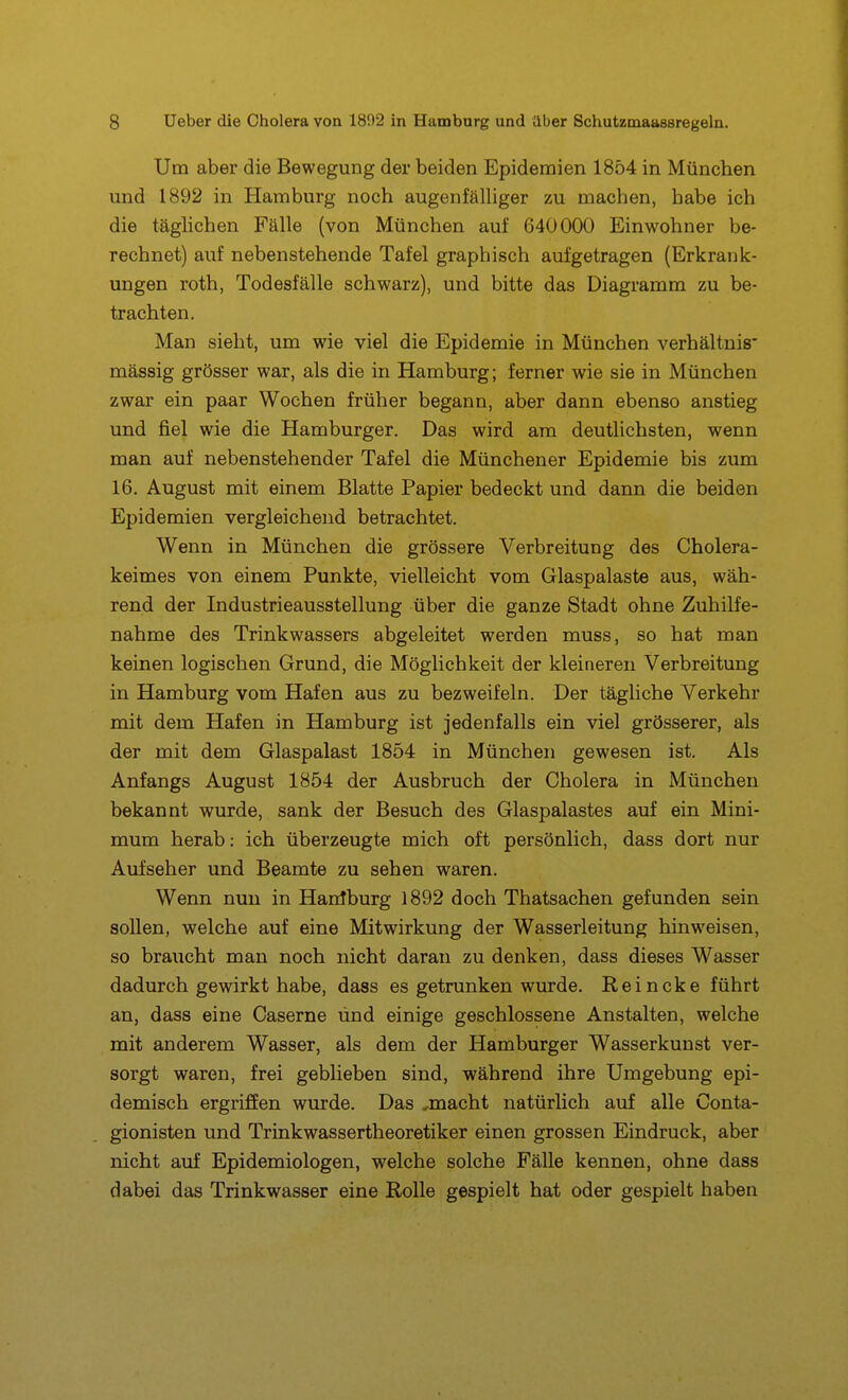 Um aber die Bewegung der beiden Epidemien 1854 in München und 1892 in Hamburg noch augenfälliger zu machen, habe ich die täglichen Fälle (von München auf 640000 Einwohner be- rechnet) auf nebenstehende Tafel graphisch aufgetragen (Erkrank- ungen roth, Todesfälle schwarz), und bitte das Diagramm zu be- trachten. Man sieht, um wie viel die Epidemie in München verhältnis- mässig grösser war, als die in Hamburg; ferner wie sie in München zwar ein paar Wochen früher begann, aber dann ebenso anstieg und fiel wie die Hamburger. Das wird am deutlichsten, wenn man auf nebenstehender Tafel die Münchener Epidemie bis zum 16. August mit einem Blatte Papier bedeckt und dann die beiden Epidemien vergleichend betrachtet. Wenn in München die grössere Verbreitung des Cholera- keimes von einem Punkte, vielleicht vom Glaspalaste aus, wäh- rend der Industrieausstellung über die ganze Stadt ohne Zuhilfe- nahme des Trinkwassers abgeleitet werden muss, so hat man keinen logischen Grund, die Möglichkeit der kleineren Verbreitung in Hamburg vom Hafen aus zu bezweifeln. Der tägliche Verkehr mit dem Hafen in Hamburg ist jedenfalls ein viel grösserer, als der mit dem Glaspalast 1854 in München gewesen ist. Als Anfangs August 1854 der Ausbruch der Cholera in München bekannt wurde, sank der Besuch des Glaspalastes auf ein Mini- mum herab: ich überzeugte mich oft persönlich, dass dort nur Aufseher und Beamte zu sehen waren. Wenn nun in Hanlburg 1892 doch Thatsachen gefunden sein sollen, welche auf eine Mitwirkung der Wasserleitung hinweisen, so braucht man noch nicht daran zu denken, dass dieses Wasser dadurch gewirkt habe, dass es getrunken wurde. Reincke führt an, dass eine Caserne und einige geschlossene Anstalten, welche mit anderem Wasser, als dem der Hamburger Wasserkunst ver- sorgt waren, frei geblieben sind, während ihre Umgebung epi- demisch ergriffen wurde. Das .,macht natürlich auf alle Conta- gionisten und Trinkwassertheoretiker einen grossen Eindruck, aber nicht auf Epidemiologen, welche solche Fälle kennen, ohne dass dabei das Trinkwasser eine Rolle gespielt hat oder gespielt haben