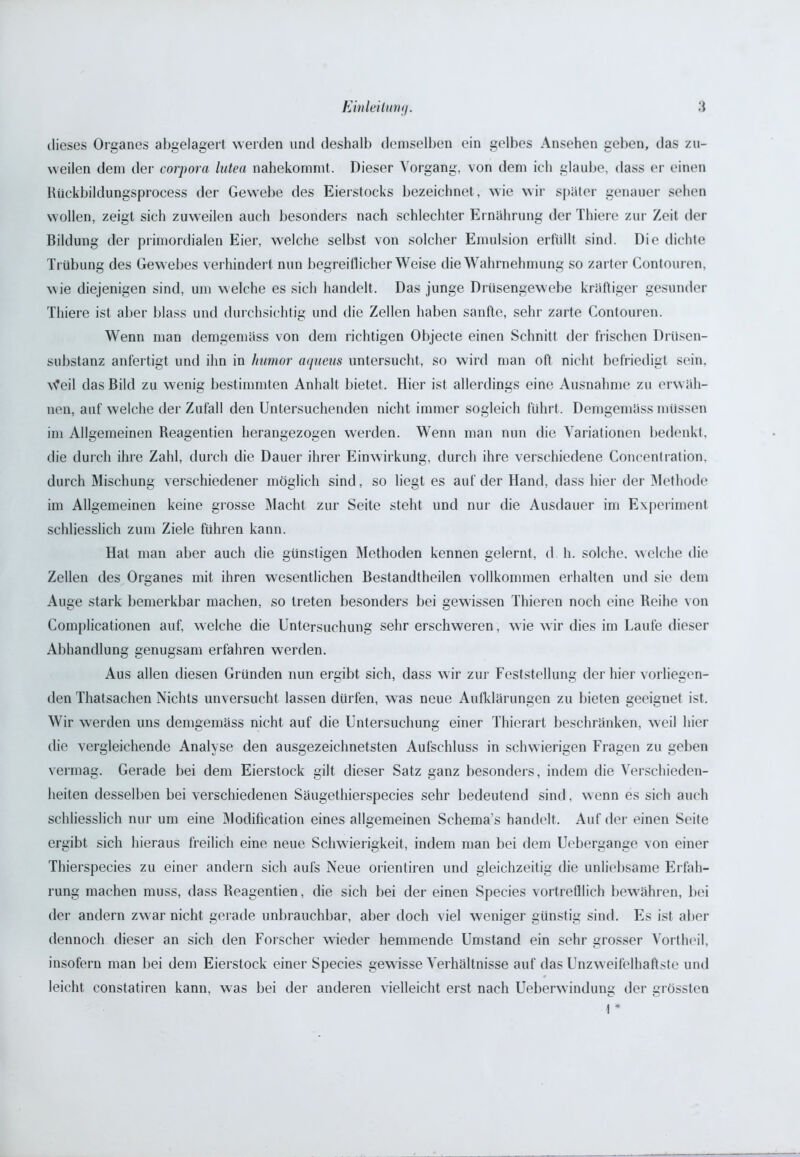 dieses Organes abgelagert werden und deshalb demselben ein gelbes Ansehen geben, das zu- weilen dem der corpora lutea nahekommt. Dieser Vorgang, von dem ich glaube, dass er einen Riickbildungsprocess der Gewebe des Eierstocks bezeichnet , wie wir später genauer sehen wollen, zeigt sich zuweilen auch besonders nach schlechter Ernährung der Thiere zur Zeit der Bildung der primordialen Eier, welche selbst von solcher Emulsion erfüllt sind. Die dichte Trübung des Gewebes verhindert nun begreiflicherweise die Wahrnehmung so zarter Contouren, ’ttie diejenigen sind, um welche es sich handelt. Das junge Drüsengewebe kräftiger gesunder Thiere ist aber blass und durchsichtig und die Zellen haben sanfte, sehr zarte Contouren. Wenn man demgemäss von dem richtigen Objecte einen Schnitt der frischen Drüsen- substanz anfertigt und ihn in humor aqueus untersucht, so wird man oft nicht befriedigt sein. Weil das Bild zu wenig bestimmten Anhalt bietet. Hier ist allerdings eine Ausnahme zu erwäh- nen, auf welche der Zufall den Untersuchenden nicht immer sogleich führt. Demgemäss müssen im Allgemeinen Reagentien herangezogen werden. Wenn man nun die Variationen bedenkt, die durch ihre Zahl, durch die Dauer ihrer Einwirkung, durch ihre verschiedene Concentration. durch Mischung verschiedener möglich sind, so liegt es auf der Hand, dass hier der Methode im Allgemeinen keine grosse Macht zur Seite steht und nur die Ausdauer im Experiment schliesslich zum Ziele führen kann. Hat man aber auch die günstigen Methoden kennen gelernt, d h. solche, welche die Zellen des Organes mit ihren wesentlichen Bestandteilen vollkommen erhalten und sie dem Auge stark bemerkbar machen, so treten besonders bei gewissen Thieren noch eine Reihe von Complicationen auf, welche die Untersuchung sehr erschweren, wie wir dies im Laufe dieser Abhandlung genugsam erfahren werden. Aus allen diesen Gründen nun ergibt sich, dass wir zur Feststellung der hier vorliegen- den Thatsachen Nichts unversucht lassen dürfen, was neue Aufklärungen zu bieten geeignet ist. Wir werden uns demgemäss nicht auf die Untersuchung einer Thierart beschränken, weil hier die vergleichende Analyse den ausgezeichnetsten Aufschluss in schwierigen Fragen zu geben vermag. Gerade bei dem Eierstock gilt dieser Satz ganz besonders, indem die Verschieden- heiten desselben bei verschiedenen Säugethierspecies sehr bedeutend sind, wenn es sich auch schliesslich nur um eine Modification eines allgemeinen Schema’s handelt. Auf der einen Seite ergibt sich hieraus freilich eine neue Schwierigkeit, indem man bei dem Uebergange von einer Thierspecies zu einer andern sich aufs Neue orientiren und gleichzeitig die unliebsame Erfah- rung machen muss, dass Reagentien, die sich bei der einen Species vortrefflich bewähren, bei der andern zwar nicht gerade unbrauchbar, aber doch viel weniger günstig sind. Es ist aber dennoch dieser an sich den Forscher wieder hemmende Umstand ein sehr grosser Vortheil, insofern man bei dem Eierstock einer Species gewisse Verhältnisse auf das Unzweifelhaftste und leicht constatiren kann, was bei der anderen vielleicht erst nach Ueberwindung der grössten