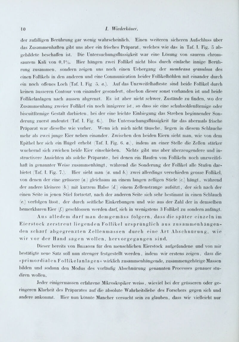 der zufälligen Berührung gar wenig wahrscheinlich. Einen weiteren sicheren Aufschluss über das Zusammenhalten gibt uns aber ein frisches Präparat, welches wie das in Taf. I. Fig. 5 ab- gebildete beschaffen ist. Die Untersuchungsflüssigkeit war eine Lösung von saurem chrom- saurem Kali von 0,1%. Hier hängen zwei Follikel nicht blos durch einfache innige Berüh- rung zusammen, sondern zeigen uns noch einen Uebergang der membrana (jrannlosa des einen Follikels in den anderen und eine Communication beider Follikelhöhlen mit einander durch ein noch offenes Loch (Taf. I. Fig 5. n.). Auf das Unzweifelhafteste sind beide Follikel durch keinen äusseren Contour von einander gesondert, obschon dieser sonst vorhanden ist und beide Follikelanlagen nach aussen abgrenzt. Es ist aber nicht schwer, Zustände zu finden, wo der Zusammenhang zweier Follikel ein noch innigerer ist, so dass sie eine schuhsohlenförmige oder biscuitförmige Gestalt darbieten, bei der eine leichte Einbiegung das Streben beginnender Son- derung zuerst andeutet (Taf. 1. Fig. 6.). Die Untersuchungsflüssigkeit für das abermals frische Präparat war dieselbe wie vorher. Wenn ich mich nicht täusche, liegen in diesem Schlauche mehr als zwei junge Eier neben einander. Zwischen den beiden Eiern sieht man, wie von dem Epithel her sich ein Hügel erhebt (Taf. I. Fig. 0. a. , indem an einer Stelle die Zellen stärker wuchernd sich zwichen beide Eier einschieben. Nichts gibt uns aber überzeugendere und in- structivere Ansichten als solche Präparate, bei denen ein Haufen von Follikeln noch unzweifel- haft in genannter Weise zusammenhängt , während die Sonderung der Follikel alle Stufen dar- bietet (Taf. I. Fig. 7.). Hier sieht man [a. und b.) zwei allerdings verschieden grosse Follikel, von denen der eine grössere (a.) gleichsam an einem langen zelligen Stiele (c.) hängt, w ährend der andere kleinere (b.) mit kurzem Halse (d.) einem Zellenstrange aufsitzt, der sich nach der einen Seite in jenen Stiel fortsetzf, nach der anderen Seite sich sehr bestimmt in einen Schlauch (e.) verfolgen lässt, der durch seitliche Einkerbungen und wie aus der Zahl der in demselben bemerkbaren Eier (/'.) geschlossen werden darf, sich in wenigstens 3 Follikel zu sondern anfängt. Aus alledem darf man demgemäss folgern, dass die später einzeln im Eierstock zerstreut liegenden Follikel ursprünglich aus zusammenhängen- den scharf abgegrenzten Zellenmassen durch eine Art Abschnürung, wie wir vor der Hand sagen wollen, hervor ge gangen sind. Dieser bereits von Billroth für den menschlichen Eierstock aufgefundene und von mir bestätigte neue Satz soll nun strenger festgestellt werden, indem wir erstens zeigen, dass die » pr i mo rdi a 1 en F o 11 ike 1 an 1 a gen« wirklich zusammenhängende, zusammengehörige Massen bilden und sodann den Modus des vorläufig Abschnürung genannten Processes genauer stu- diren wollen. Jeder einigermassen erfahrene Mikroskopiker wTeiss, wieviel bei der grösseren oder ge- ringeren Klarheit des Präparates auf die absolute Wahrheitsliebe des Forschers gegen sich und andere ankommt. Hier nun könnte Mancher versucht sein zu glauben, dass wir vielleicht nur