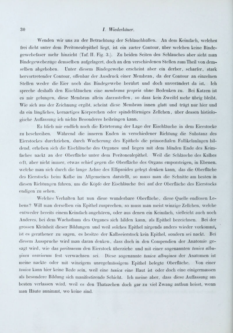 Wenden wir uns zu der Betrachtung der Schlauchhüllen. An dem Keimfach, welches frei dicht unter dem Peritonealepithel liegt, ist ein zarter Contour, über welchen keine Binde- gewebefaser mehr hinzieht (Taf. II. Fig. 3.). Zu beiden Seiten des Schlauches aber sieht man Bindegewebezüge demselben aufgelagert, doch an den verschiedenen Stellen zumTheil von dem- selben abgehoben. Unter diesem Bindegewebe erscheint aber ein derber, scharfer, stark hervortretender Contour, offenbar der Ausdruck einer Membran, da der Contour an einzelnen Stellen weder die Eier noch das Bindegewebe berührt und doch unverändert da ist. Ich spreche deshalb den Eischläuchen eine mernbrana propria ohne Bedenken zu. Bei Katzen ist es mir gelungen, diese Membran allein darzustellen, so dass kein Zweifel mehr übrig bleibt. Wie sich aus der Zeichnung ergibt, scheint diese Membran innen glatt und trägt nur hier und da ein längliches, kernartiges Körperchen oder spindelförmiges Zellchen, über dessen hisliolo- gische Auffassung ich nichts Besonderes Beibringen kann. Es blieb mir endlich noch die Erörterung der Lage der Eischläuche in dem Eierstocke zu beschreiben. Während die inneren Enden in verschiedener Richtung die Substanz des Eierstockes durchziehen, durch Wucherung des Epithels die primordialen Follikelanlagen bil- dend, erheben sich die Eischläuche des Organes und liegen mit dem blinden Ende des Keim- faches nackt an der Oberfläche unter dem Peritonealepithel. Weil die Schläuche des Kalbes oft, aber nicht immer, etwas schief gegen die Oberfläche des Organs emporsteigen, in Ebenen, welche man sich durch die lange Achse des Ellipsoides gelegt denken kann, das die Oberfläche des Eierstocks beim Kalbe im Allgemeinen darstellt, so muss man die Schnitte am besten in diesen Richtungen führen, um die Köpfe der Eischläuche frei auf der Oberfläche des Eierstocks endigen zu sehen. Welches Verhalten hat nun diese wunderbare Oberfläche, diese Quelle endlosen Le- bens? Will man derselben ein Epithel zusprechen, so muss man meist winzige Zellchen, welche entweder bereits einem Keimfach angehören, oder aus denen ein Keimfach, vielleicht auch noch Anderes, bei dem Wachsthum des Organes sich bilden kann, als Epithel bezeichnen. Bei der grossen Kleinheit dieser Bildungen und weil solches Epithel nirgends anders wieder vorkommt, ist es gerathener zu sagen, es besitze der Kalbseierstock kein Epithel, sondern sei nackt. Bei diesem Ausspruche wird man daran denken, dass doch in den Compendien der Anatomie ge- sagt wird, wie das periloneum den Eierstock überziehe und mit einer sogenannten tunica albu- fjinea ovariorum fest verwachsen sei. Diese sogenannte tunica albuginea der Anatomen ist meine nackte oder mit winzigem unregelmässigem Epithel belegte Oberfläche. Von einer lunica kann hier keine Rede sein, weil eine tunica eine Haut ist oder doch eine einigermassen als besondere Bildung sich manifestirende Schicht. Ich meine aber, dass diese Auffassung am besten verlassen wird, weil es den Thatsachen doch gar zu viel Zwang anthun heisst, wenn man Häute annimmt, wo keine sind.