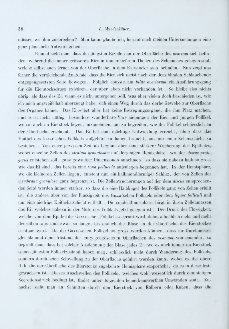 müssen wir ihm zusprechen? Man kann, glaube ich, hierauf nach meinen Untersuchungen eine ganz plausibele Antwort geben. Einmal sieht man, dass die jüngsten Eizellen an der Oberfläche des ovarium sich befin- den, während die immer grösseren Eier in immer tieferen Theilen des Schlauches gelegen sind, welche selbst auch ferner von der Oberfläche in dem Eierstocke sich befinden. Nun zeigt uns ferner die vergleichende Anatomie, dass die Eier sich meist nach der dem blinden Schlauchende entgegengesetzten Seite bewegen. Folglich müsste am hilits ovariorum ein Ausführungsgang für die Eierstocksdrüse existiren, der aber eben nicht vorhanden ist. So bleibt also nichts übrig, als dass das Ei, wenn es nicht untergehen soll, was aber vielen doch beschieden ist, wie ich mich unzweifelhaft überzeugt habe, sich einen Weg durch das derbe Gewebe zur Oberfläche des Organes bahne. Das Ei selbst aber hat keine Bewegungsorgane, die ihm Platz machen, und es ist nicht nöthig, besondere wunderbare Verschiebungen der Eier und jungen Follikel, wo sie auch im Eierstock liegen, anzunehmen, um zu begreifen, wie der Follikel schliesslich an der Oberfläche erscheint. Das Ei hat eine mächtige Entwicklung erreicht, ohne dass das Epithel des GiuAF’schen Follikels aufgehört zu haben braucht, aus nur einer Zellenschicht zu bestehen. Von einer gewissen Zeit ab beginnt aber eine stärkere Wucherung des Epitheles, wobei einzelne Zellen des stratum granulosum auf derjenigen Hemisphäre, wo der discus proli- fjerus entstehen soll, ganz gewaltige Dimensionen annehmen, so dass sie nahezu halb so gross wie das Ei sind, das bereits eine zona pellucida aufzulegen begonnen hat. In der Hemisphäre, wo die kleineren Zellen liegen, entsteht nun ein halbmondförmiger Schlitz, der von Zellen der membrana granulosa ganz begrenzt ist. Die Zellenwucherungen auf der dem discus entsprechen- den Seite werden immer stärker, so dass die eine Halbkugel des Follikels ganz von Zellen erfüllt ist, die andere aber von der Flüssigkeit des GuAAr’schen Follikels oder dem liquor folliculi und nur eine niedrige Epithelialschicht enthält. Die solide Hemisphäre birgt in ihren Zellenmassen das Ei, welches nahezu in der Mitte des Follikels jetzt gelegen ist. Der Druck der Flüssigkeit, welche von dem Epithel des GitAAF’schen Follikels secernirt wird, dehnt allmählich mehr und mehr denselben aus und zwar so lange, bis endlich die Blase an der Oberfläche des Eierstockes sichtbar wird. Da die GitAAF’schen Follikel so gross werden können, dass ihr Durchmesser gleichkommt dem Abstand der entgegengesetzten Oberflächen des ovarium von einander, so begreift man, dass bei solcher Ausdehnung der Blase jedes Ei. wo es auch immer im Eiersfock seinen jüngsten Follikelzustand haben mag, schliesslich nicht durch Wanderung des Follikels, sondern durch seine Schwellung zu der Oberfläche geführt werden kann, wobei es die obere d. h. die der Oberfläche des Eierstocks zugekehrte Hemisphäre emporhebt, da es in diese fest- gewachsen ist. Dieses Anschwellen des Follikels, welches wohl wesentlich durch den stetigen Secretionsdruck bedingt ist., findet unter folgenden bemerkenswerthen Umständen statt. Zu- nächst sieht man an Schnitten durch den Eiersfock von Kälbern oder Kühen, dass die