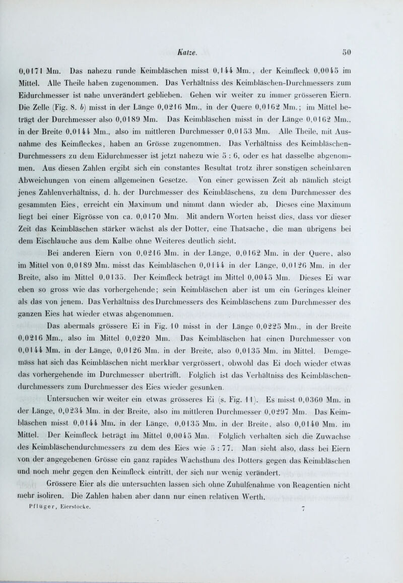 0,0171 Mm. Das nahezu runde Keimbläschen misst 0,144 Mm., der Keimfleck 0,0045 im Mittel. Alle Theile haben zugenommen. Das Verhältniss des Keimbläschen-Durchmessers zum Eidurchmesser ist nahe unverändert geblieben. Gehen wir weiter zu immer grösseren Eiern. Die Zelle (Fig. 8. b) misst in der Länge 0,0216 Mm., in der Quere 0,0102 Mm.; im Mittel be- trägt der Durchmesser also 0,0189 Mm. Das Keimbläschen misst in der Länge 0,0162 Mm., in der Breite 0,0144 Mm., also im mittleren Durchmesser 0,0153 Mm. Alle Theile, mit Aus- nahme des Keimfleckes, haben an Grösse zugenommen. Das Verhältniss des Keimbläschen- Durchmessers zu dem Eidurchmesser ist jetzt nahezu wie 5 : 6, oder es hat dasselbe abgenom- men. Aus diesen Zahlen ergibt sich ein constantes Resultat trotz ihrer sonstigen scheinbaren Abweichungen von einem allgemeinen Gesetze. Von einer gewissen Zeit ab nämlich steigt jenes Zahlenverhältniss, d. h. der Durchmesser des Keimbläschens, zu dem Durchmesser des gesammten Eies, erreicht ein Maximum und nimmt dann wieder ab. Dieses eine Maximum liegt bei einer Eigrösse von ca. 0,0170 Mm. Mit andern Worten heisst dies, dass vor dieser Zeit das Keimbläschen stärker wächst als der Dotter, eine Thatsache, die man übrigens bei dem Eischlauche aus dem Kalbe ohne Weiteres deutlich sieht. Bei anderen Eiern von 0,0216 Mm. in der Länge, 0,0162 Mm. in der Quere, also im Mittel von 0,0189 Mm. misst das Keimbläschen 0,0144 in der Länge, 0,0126 Mm. in der Breite, also im Mittel 0,0135. Der Keimfleck beträgt im Mittel 0,0045 Mm. Dieses Ei war eben so gross wie das vorhergehende; sein Keimbläschen aber ist um ein Geringes kleiner als das von jenem. Das Verhältniss des Durchmessers des Keimbläschens zum Durchmesser des ganzen Eies hat wieder etwas abgenommen. Das abermals grössere Ei in Fig. 10 misst in der Länge 0,0225 Mm., in der Breite 0,0216 Mm., also im Mittel 0,0220 Mm. Das Keimbläschen hat einen Durchmesser von 0,0 144 Mm. in der Länge, 0,0126 Mm. in der Breite, also 0,0135 Mm. im Mittel. Demge- mäss hat sich das Keimbläschen nicht merkbar vergrössert, obwohl das Ei doch wieder etwas das vorhergehende im Durchmesser übertrifTt. Folglich ist das Verhältniss des Keimbläschen- durchmessers zum Durchmesser des Eies wieder gesunken. Untersuchen wir weiter ein etwas grösseres Ei (s. Fig. 11). Es misst 0,0360 Mm. in der Länge, 0,0234 Mm. in der Breite, also im mittleren Durchmesser 0,0297 Mm. Das Keim- bläschen misst 0,0144 Mm. in der Länge, 0,0135 Mm. in der Breite, also 0,0140 Mm. im Mittel. Der Keimfleck beträgt im Mittel 0,0045 Mm. Folglich verhalten sich die Zuwachse des Keimbläschendurchmessers zu dem des Eies wie 5 : 77. Man sieht also, dass bei Eiern von der angegebenen Grösse ein ganz rapides Wachsthum des Dotters gegen das Keimbläschen und noch mehr gegen den Keimfleck eint ritt, der sich nur wenig verändert. Grössere Eier als die untersuchten lassen sich ohne Zuhülfenahme von Reagentien nicht mehr isoliren. Die Zahlen haben aber dann nur einen relativen Werth. Pflüger, Eierstöcke.