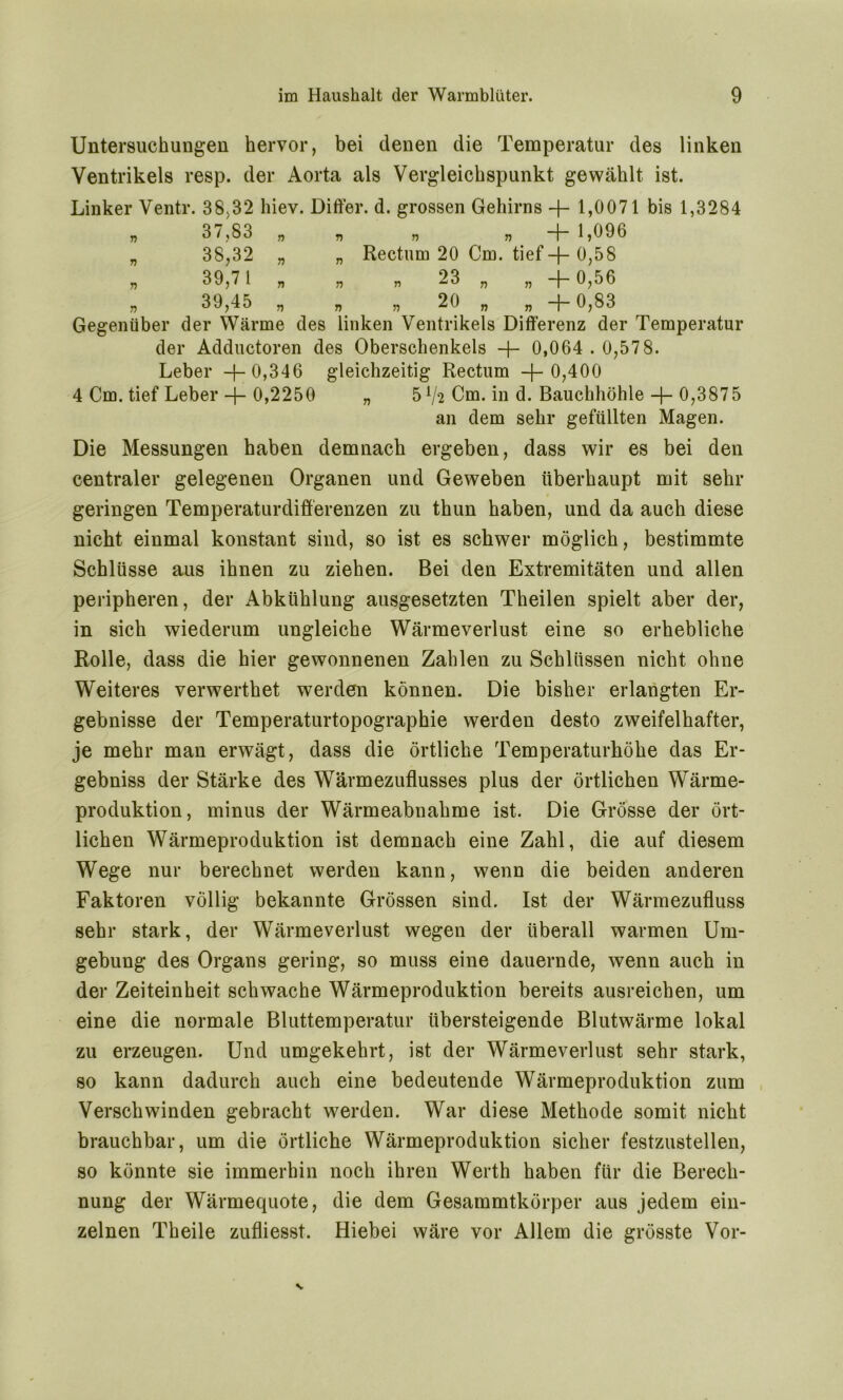 Untersuchungen hervor, bei denen die Temperatur des linken Ventrikels resp. der Aorta als Vergleichspunkt gewählt ist. Linker Ventr. 38,32 hiev. Differ. d. grossen Gehirns -f- 1,0071 bis 1,3284 n 37,83 „ n r> n “f 1,096 n 38,32 „ „ Rectum 20 Cm. tief -f- 0,58 r> 39,7 1 „ r> r> 23 „ „ + 0,56 V 39,45 „ „ „ 20 „ „ —f— 0,83 Gegenüber der Wärme des linken Ventrikels Differenz der Temperatur der Adductoren des Oberschenkels 0,064.0,57 8. Leber -}- 0,346 gleichzeitig Rectum -[-0,400 4 Cm. tief Leber + 0,2250 „ 5 Cm. in d. Bauchhöhle -f- 0,3875 an dem sehr gefüllten Magen. Die Messungen haben demnach ergeben, dass wir es bei den centraler gelegenen Organen und Geweben überhaupt mit sein- geringen Temperaturdifferenzen zu thun haben, und da auch diese nicht einmal konstant sind, so ist es schwer möglich, bestimmte Schlüsse aus ihnen zu ziehen. Bei den Extremitäten und allen peripheren, der Abkühlung ausgesetzten Theilen spielt aber der, in sich wiederum ungleiche Wärmeverlust eine so erhebliche Rolle, dass die hier gewonnenen Zahlen zu Schlüssen nicht ohne Weiteres verwerthet werden können. Die bisher erlangten Er- gebnisse der Temperaturtopographie werden desto zweifelhafter, je mehr man erwägt, dass die örtliche Temperaturhöhe das Er- gebnis der Stärke des Wärmezuflusses plus der örtlichen Wärme- produktion, minus der Wärmeabnahme ist. Die Grösse der ört- lichen Wärmeproduktion ist demnach eine Zahl, die auf diesem Wege nur berechnet werden kann, wenn die beiden anderen Faktoren völlig bekannte Grössen sind. Ist der Wärmezufluss sehr stark, der Wärmeverlust wegen der überall warmen Um- gebung des Organs gering, so muss eine dauernde, wenn auch in der Zeiteinheit schwache Wärmeproduktion bereits ausreichen, um eine die normale Bluttemperatur übersteigende Blutwärme lokal zu erzeugen. Und umgekehrt, ist der Wärmeverlust sehr stark, so kann dadurch auch eine bedeutende Wärmeproduktion zum Verschwinden gebracht werden. War diese Methode somit nicht brauchbar, um die örtliche Wärmeproduktion sicher festzustellen, so könnte sie immerhin noch ihren Werth haben für die Berech- nung der Wärmequote, die dem Gesammtkörper aus jedem ein- zelnen Theile zufliesst. Hiebei wäre vor Allem die grösste Vor-