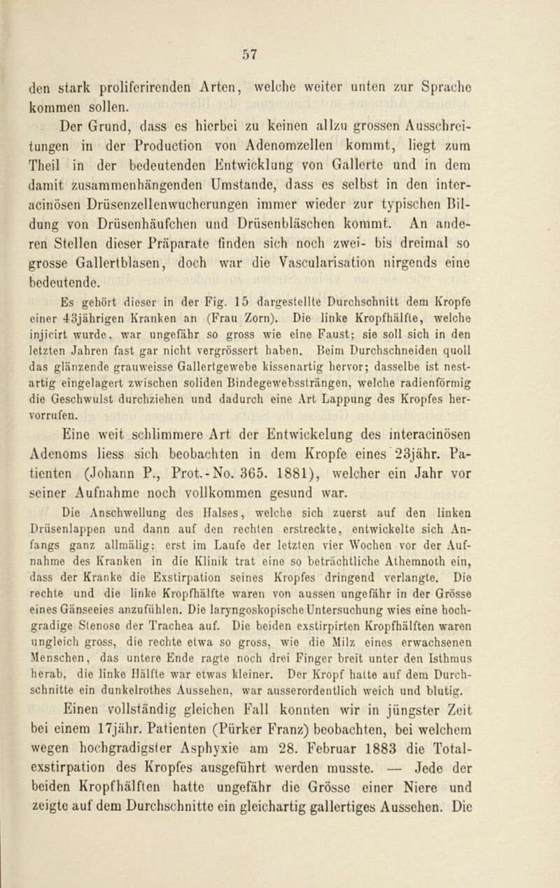 den stark proliferirenden Arten, welche weiter unten zur Sprache kommen sollen. Der Grund, dass es hierbei zu keinen allzu grossen Ausschrei- tungen in der Production von Adenomzellen kommt, liegt zum Theil in der bedeutenden Entwicklung von Gallerte und in dem damit zusammenhängenden Umstande, dass es selbst in den inter- acinösen Drüsenzellenwucherungen immer wieder zur typischen Bil- dung von Drüsenhäufchen und Drüsenbläschen kommt. An ande- ren Stellen dieser Präparate finden sich noch zwei- bis dreimal so grosse Gallertblasen, doch war die Vascularisation nirgends eine bedeutende. Es gehört dieser in der Fig. 15 dargestellte Durchschnitt dem Kropfe einer 43jährigen Kranken an (Frau Zorn). Die linke Kropfhälfte, welche injicirt wurde, war ungefähr so gross wie eine Faust; sie soll sich in den letzten Jahren fast gar nicht vergrössert haben. Beim Durchschneiden quoll das glänzende grauweisse Gallertgewebe kissenartig hervor; dasselbe ist nest- artig eingelagert zwischen soliden Bindegewebssträngen, welche radienförmig die Geschwulst durchziehen und dadurch eine Art Lappung des Kropfes her- vorrufen. Eine weit schlimmere Art der Entwickelung des interacinösen Adenoms liess sich beobachten in dem Kropfe eines 23jähr. Pa- tienten (Johann P., Prot.-No. 365. 1881), welcher ein Jahr vor seiner Aufnahme noch vollkommen gesund war. Die Anschwellung des Halses, welche sich zuerst auf den linken Drüsenlappen und dann auf den rechten erstreckte, entwickelte sich An- fangs ganz allmälig; erst im Laufe der letzten vier Wochen vor der Auf- nahme des Kranken in die Klinik trat eine so beträchtliche Athemnoth ein, dass der Kranke die Exstirpation seines Kropfes dringend verlangte. Die rechte und die linke Kropfhälfte waren von aussen ungefähr in der Grösse eines Gänseeies anzufühlen. Die laryngoskopische Untersuchung wies eine hoch- gradige Stenose der Trachea auf. Die beiden exstirpirten Kropfhälften waren ungleich gross, die rechte etwa so gross, wie die Milz eines erwachsenen Menschen, das untere Ende ragte noch drei Finger breit unter den Isthmus herab, die linke Hälfte war etwas kleiner. Der Kropf hatte auf dem Durch- schnitte ein dunkelrothes Aussehen, war ausserordentlich weich und blutig. Einen vollständig gleichen Fall konnten wir in jüngster Zeit bei einem 17jähr. Patienten (Pürker Franz) beobachten, bei welchem wegen hochgradigster Asphyxie am 28. Februar 1883 die Total- exstirpation des Kropfes ausgeführt werden musste. — Jede der beiden Kropfhälften hatte ungefähr die Grösse einer Niere und zeigte auf dem Durchschnitte ein gleichartig gallertiges Aussehen. Die