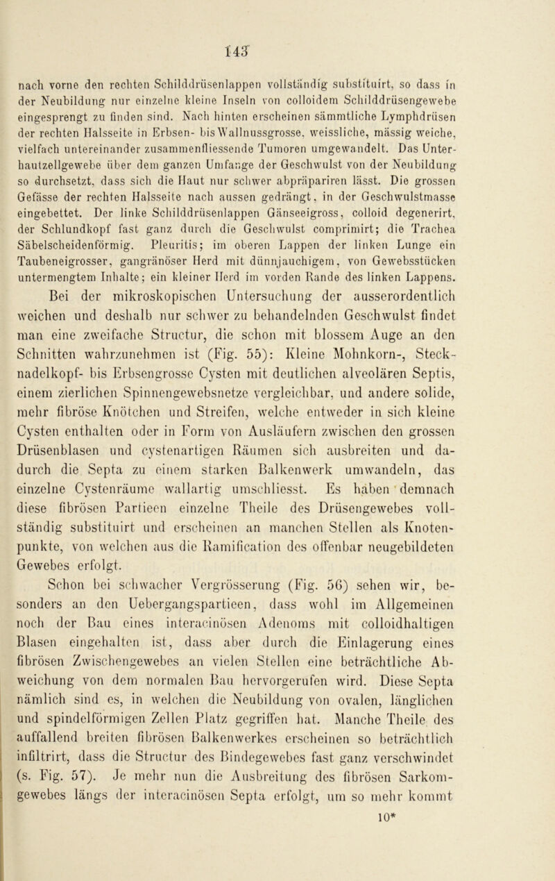 nach vorne den rechten Schilddrüsenlappen vollständig suhstftuirt, so dass i'n der Neubildung nur einzelne kleine Inseln von colloidem Schilddrüsengewebe eingesprengt zu finden sind. Nach hinten erscheinen sämmtliche Lymphdrüsen der rechten Halsseite in Erbsen- bis Wallnussgrosse, weissliche, massig weiche, vielfach untereinander zusammenfliessende Tumoren umgewandelt. Das Unter- hautzellgewebe über dem ganzen Umfange der Geschwulst von der Neubildung so durchsetzt, dass sich die Haut nur schwer abpräpariren lässt. Die grossen Gefässe der rechten Halsseite nach aussen gedrängt, in der Geschwulstmasse eingebettet. Der linke Schilddrüsenlappen Gänseeigross, colloid degenerirt, der Schlundkopf fast ganz durch die Geschwulst comprimirt; die Trachea Säbelscheidenförmig. Pleuritis; im oberen Lappen der linken Lunge ein Taubeneigrosser, gangränöser Herd mit dünnjauchigem, von Gewebsstücken untermengtem Inhalte ; ein kleiner Herd im vorden Rande des linken Lappens. Bei der mikroskopischen Untersuchung der ausserordentlich weichen und deshalb nur schwer zu behandelnden Geschwulst findet man eine zweifache Struc-tur, die schon mit blossem Auge an den Schnitten wahrzunehmen ist (Fig. 55): Kleine Mohnkorn-, Steck- nadelkopf- bis Erbsengrosse Cysten mit deutlichen alveolären Septis, einem zierlichen Spinnengewebsnetze vergleichbar, und andere solide, mehr fibröse Knötchen und Streifen, welche entweder in sich kleine Cysten enthalten oder in Form von Ausläufern zwischen den grossen Drüsenblasen und cystenartigen Räumen sich ausbreiten und da- durch die Septa zu einem starken Balkenwerk umwandeln, das einzelne Cystenräume wallartig umschliesst. Es haben demnach diese fibrösen Partieon einzelne Theile des Drüsengewebes voll- ständig substituirt und erscheinen an manchen Stellen als Knoten- punkte, von welchen aus die Ramification des offenbar neugebildeten Gewebes erfolgt. Schon bei schwacher Vergrösserung (Fig. 5G) sehen wir, be- sonders an den Uebergangspartieen, dass wohl im Allgemeinen noch der Bau eines interacinösen Adenoms mit colloidhaltigen Blasen eingehalten ist, dass aber durch die Einlagerung eines fibrösen Zwischengewebes an vielen Stellen eine beträchtliche Ab- weichung von dem normalen Bau hervorgerufen wird. Diese Septa nämlich sind es, in welchen die Neubildung von ovalen, länglichen und spindelförmigen Zellen Platz gegriffen hat. Manche Theile des auffallend breiten fibrösen Balkenwerkes erscheinen so beträchtlich infiltrirt, dass die Structur des Bindegewebes fast ganz verschwindet (s. Fig. 57). Je mehr nun die Ausbreitung des fibrösen Sarkom- gewebes längs der interacinösen Septa erfolgt, um so mehr kommt 10*