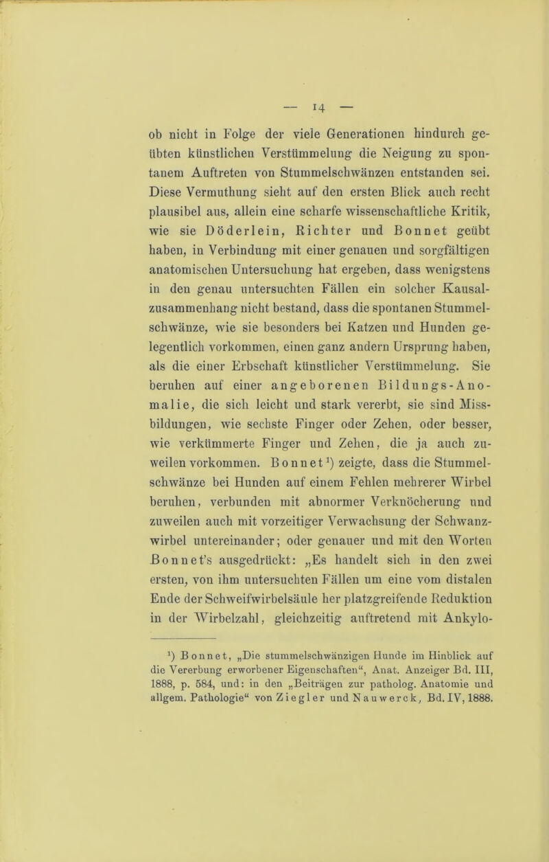 ob nicht in Folge der viele Generationen hindurch ge- übten künstlichen Verstümmelung die Neigung zu spon- tanem Auftreten von Stummelschwänzen entstanden sei. Diese Vermuthung sieht auf den ersten Blick auch recht plausibel aus, allein eine scharfe wissenschaftliche Kritik, wie sie D öderlein, Richter und Bon net geübt haben, in Verbindung mit einer genauen und sorgfältigen anatomischen Untersuchung hat ergeben, dass wenigstens in den genau untersuchten Fällen ein solcher Kausal- zusammenhang nicht bestand, dass die spontanen Stummel- schwänze, wie sie besonders bei Katzen und Hunden ge- legentlich Vorkommen, einen ganz andern Ursprung haben, als die einer Erbschaft künstlicher Verstümmelung. Sie beruhen auf einer angeborenen Bildungs-Ano- malie, die sich leicht und stark vererbt, sie sind Miss- bildungen, wie sechste Finger oder Zehen, oder besser, wie verkümmerte Finger und Zehen, die ja auch zu- weilen Vorkommen. Bonnet^ zeigte, dass die Stummel- schwänze bei Hunden auf einem Fehlen mehrerer Wirbel beruhen, verbunden mit abnormer Verknöcherung und zuweilen auch mit vorzeitiger Verwachsung der Schwanz- wirbel untereinander; oder genauer und mit den Worten ßonnet’s ausgedrückt: „Es handelt sich in den zwei ersten, von ihm untersuchten Fällen um eine vom distalen Ende der Schweifwirbelsäule her platzgreifende Reduktion in der Wirbelzahl, gleichzeitig auftretend mit Ankylo- *) Bonnet, „Die stummelschwänzigen Hunde im Hinblick auf die Vererbung erworbener Eigenschaften“, Anat. Anzeiger Bd. III, 1888, p. 584, und: in den „Beiträgen zur patholog. Anatomie und allgem. Pathologie“ von Ziegler undNauwerck, Bd. IV, 1888.
