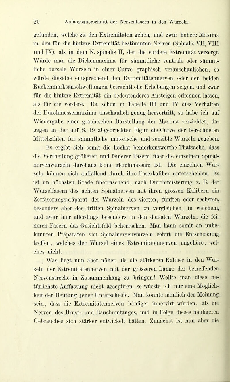 gefunden, welche zu den Extremitäten gehen, und zwar höhere Maxima in den für die hintere Extremität bestimmten Nerven (Spinalis VII, VIII und IX), als in dem X. spinalis II, der die vordere Extremität versorgt. Würde man die Dickenmaxima für sämmtliche ventrale oder sämmt- liche dorsale Wurzeln in einer Curve graphisch veranschaulichen, so würde dieselbe entsprechend den Extremitätennerven oder den beiden Rückenmarksanschwellungen beträchtliche Erhebungen zeigen, und zwar für die hintere Extremität ein bedeutenderes Ansteigen erkennen lassen, als für die vordere. Da schon in Tabelle III und IV dies Verhalten der Durchmessermaxima anschaulich genug hervortritt, so habe ich auf Wiedergabe einer graphischen Darstellung der Maxima verzichtet, da- gegen in der auf S. 19 abgedruckten Figur die Curve der berechneten Mittelzahlen für sämmtliche motorische und sensible Wurzeln gegeben. Es ergibt sich somit die höchst bemerkenswerthe Thatsache, dass die Vertheilung gröberer und feinerer Fasern über die einzelnen Spinal- nervenwurzeln durchaus keine gleiclimässige ist. Die einzelnen Wur- zeln können sich auffallend durch ihre Faserkaliber unterscheiden. Es ist im höchsten Grade überraschend, nach Durchmusterung z. B. der Wurzelfasern des achten Spinalnerven mit ihren grossen Kalibern ein Zerfaserungspräparat der Wurzeln des vierten, fünften oder sechsten, besonders aber des dritten Spinalnerven zu vergleichen, in welchem, und zwar hier allerdings besonders in den dorsalen Wurzeln, die fei- neren Fasern das Gesichtsfeld beherrschen. Man kann somit an unbe- kannten Präparaten von Spinalnervenwurzeln sofort die Entscheidung treffen, welches der Wurzel eines Extremitätennerven angehöre, wel- ches nicht. Was liegt nun aber näher, als che stärkeren Kaliber in den AVur- zeln der Extremitätennerven mit der grösseren Länge der betreffenden Nervenstrecke in Zusammenhang zu bringen! AVollte man diese na- türlichste Auffassung nicht acceptiren, so wüsste ich nur eine Möglich- keit der Deutung jener Unterschiede. Man könnte nämlich der Meinung sein, dass die Extremitätennerven häufiger innervirt würden, als die Nerven des Brust- und Bauchumfanges, und in Folge dieses häufigeren Gebrauches sich stärker entwickelt hätten. Zunächst ist nun aber die