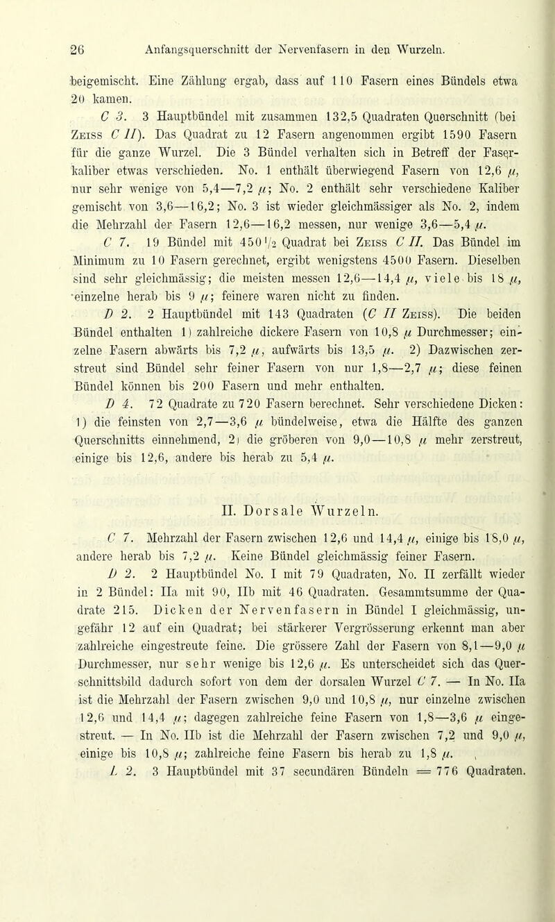 beigemischt. Eine Zählung ergab, dass auf 110 Fasern eines Bündels etwa 20 kamen. C 3. 3 Hauptbündel mit zusammen 132,5 Quadraten Querschnitt (bei Zeiss C II). Das Quadrat zu 12 Fasern angenommen ergibt 1590 Fasern für die ganze Wurzel. Die 3 Bündel verhalten sich in Betreff der Faser- kaliber etwas verschieden. No. 1 enthält überwiegend Fasern von 12,6 //, nur sehr wenige von 5,4—7,2 //; No. 2 enthält sehr verschiedene Kaliber gemischt von 3,6—16,2; No. 3 ist wieder gleichmässiger als No. 2, indem die Mehrzahl der Fasern 12,6—16,2 messen, nur wenige 3,6—5,4//. C 7. 19 Bündel mit 450 >/2 Quadrat bei Zeiss C II. Das Bündel im Minimum zu 10 Fasern gerechnet, ergibt wenigstens 4500 Fasern. Dieselben sind sehr gleichmässig; die meisten messen 12,6—14,4 //, viele bis 18 //, •einzelne herab bis 9 //; feinere waren nicht zu finden. I) 2. 2 Hauptbündel mit 143 Quadraten (C II Zeiss). Die beiden Bündel enthalten 1) zahlreiche dickere Fasern von 10,8 // Durchmesser; ein- zelne Fasern abwärts bis 7,2 //, aufwärts bis 13,5 //. 2) Dazwischen zer- streut sind Bündel sehr feiner Fasern von nur 1,8—2,7 //; diese feinen Bündel können bis 200 Fasern und mehr enthalten. D 4. 7 2 Quadrate zu 720 Fasern berechnet. Sehr verschiedene Dicken: 1) die feinsten von 2,7—3,6 //. bündelweise, etwa die Hälfte des ganzen Querschnitts einnehmend, 2) die gröberen von 9,0 —10,8 // mehr zerstreut, einige bis 12,6, andere bis herab zu 5,4 //. II. Dorsale Wurzeln. C 7. Mehrzahl der Fasern zwischen 12,6 und 14,4 //, einige bis 18,0 //, andere herab bis 7,2 //. Keine Bündel gleichmässig feiner Fasern. 1) 2. 2 Hauptbündel No. I mit 7 9 Quadraten, No. II zerfällt wieder in 2 Bündel: Ila mit 90, Ilb mit 46 Quadraten. Gesammtsuinme der Qua- drate 215. Dicken der Nervenfasern in Bündel I gleichmässig, un- gefähr 12 auf ein Quadrat; bei stärkerer Vergrösserung erkennt man aber zahlreiche eingestreute feine. Die grössere Zahl der Fasern von 8,1—9,0 /< Durchmesser, nur sehr wenige bis 12,6 //. Es unterscheidet sich das Quer- schnittsbild dadurch sofort von dem der dorsalen Wurzel C 7. — In No. Ila ist die Mehrzahl der Fasern zwischen 9,0 und 10,8 //, nur einzelne zwischen 12,6 und 14,4 //; dagegen zahlreiche feine Fasern von 1,8—3,6 // einge- streut. — In No. Ilb ist die Mehrzahl der Fasern zwischen 7,2 und 9,0 //, einige bis 10,8 //; zahlreiche feine Fasern bis herab zu 1,8 //. I 2. 3 Hauptbündel mit 37 secundären Bündeln = 776 Quadraten.