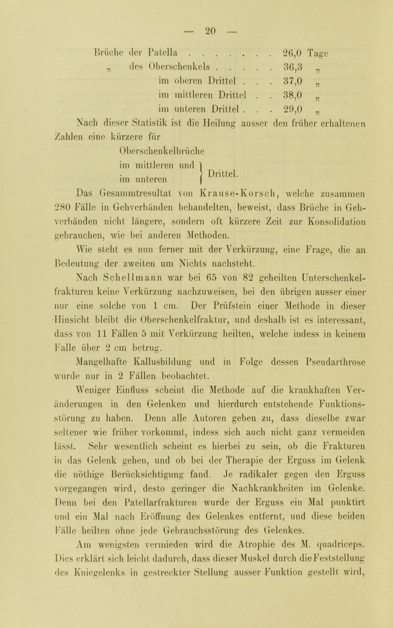 26.0 Tci^i'c 86,3 37.0 •n n 38,0 i’j Orüchc der PatcJla ,, des ObersclieidveJs .... im oberen Diittel . . im mittleren Drittel . im unteren Drittel . . . 29,0 Nach dieser Statistik ist die Heilung ausser den früher erhaltenen Zahlen eine kürzere für Oberschenkel brüche im mittleren und 1 , J Drittel, im unteren ) Das Gesammtresultat von Krause-Korsch, welche zusammen 280 Fälle in Gehverbänden behandelten, beweist, dass Brüche in Geh- verl)änden nicht längere, sondern oft kürzere Zeit zur Konsolidation aebrauchen, wie bei anderen Methoden. AVie steht es nun ferner mit der Verkürzung, eine Frage, die an Bedeutung der zweiten um Nichts nachsteht. Nach Schellmann war bei 65 von 82 geheilten ünterschenkel- frakturen keine Verkürzung nachznweisen, bei den übrigen ausser einer nur eine solche von 1 cm. Dei' Prüfstein einer Methode in dieser Hinsicht bleibt die Obersclienkelfraktur, und deshalb ist es interessant, dass von 11 Fällen 5 mit Verkürzung heilten, welche indess in keinem bMlle über 2 cm betrug. Mangelhafte Kallusbildung und in Folge dessen Pseudarthrose wurde mir in 2 Fällen beobachtet. AA^eniger Einfluss scheint die Methode auf die krankhaften A^er- änderungen in den Gelenken und hierdurch entstehende Funktions- störung zu liaben. Denn alle Autoren geben zu, dass dieselbe zwar seltener wie früher vorkommt, indess sich auch nicht ganz vermeiden lässt. Sehr wesentlich scheint es hierbei zu sein, ob die Frakturen in das Gelenk gehen, und ob bei der Therapie dei’ Erguss im Gelenk die nöthige Berücksichtigung fand. Je radikaler gegen den Erguss vmgegangen wird, desto geringer die Nachkrankheiten im Gelenke. Denn bei den PatellarJVakturen wurde der Erguss ein Mal puidvtirt und ein Mal nach Erölfnung des Gelenkes entfernt, und diese beiden Fälle heilten ohne jede Gebrauchsstörung des Geleid^es. Am wenigsten vermieden wird die Atrophie des M. ipiadriceps. Dies erklärt sich leicht dadurch, dass dieser M uskel durch die Feststellung des Kniegeleidvs in gestreckter Stellung ausser Punktion gestellt wird,