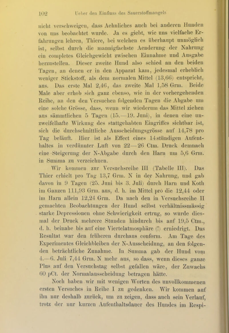 Ucl>er (loii Einllus.s dos SauersloHniangels nicht versclnveig-eii, dass Aelinliches auch bei anderen Hunden von uns beobaehtet wurde. Ja es g'iebt, wie uns vielfache Er- talirungen leliren, Thiere, bei welchen es überhan})! unmöglich ist, selbst durch die mannigfachste Aenderung- der Nahrung ein conipletes Gleichgewicht zwischen Einnahme und Ausgabe herzustellen. Dieser zweite Hund also schied an den beiden Tagen, an denen er in den Ai)parat kam, jedesmal erheblich weniger Stickstolf, als dem normalen Mittel (13,66) entspricht, aus. Das erste Mal 2,46, das zweite Mal 1,58 Grm. Beide Male aber erhob sich ganz ebenso, wie in der vorhergehenden Reihe, an den den Versuchen folgenden Tagen die Abgabe um eine solche Grösse, dass, wenn wir wiederum das Mittel ziehen aus sämmtlichen 5 Tagen (15. — l'J. Juni), in denen eine un- zweifelhafte Wirkung des stattgehabten Eingriffes sichtbar ist, sich die durchschnittliche Ausscheidungsgrösse auf 14,78 pro Tag beläuft. Hier ist als Effect eines 14stündigen Aufent- haltes in verdünnter Luft von 22 — 26 Ctm. Druck demnach eine Steigerung der X-Abgabe durch den Harn um 5,6 Grm. in Summa zu verzeichnen. AVir kommen zur Versuchsreihe III (Tabelle III). Das Thier erhielt pro Tag 13,7 Grm. N in der Nahrung, und gab davon in 9 Tagen (25. Juni bis 3. Juli) durch Harn und Koth im Ganzen 111,93 Grm. aus, d. h. im Mittel pro die 12,44 oder im Harn allein 12,24 Grm. Da nach den in Versuchsreihe II gemachten Beobachtungen der Hund selbst verhältnissmässig starke Depressionen ohne SchAvierigkeit ertrug, so wurde dies- mal der Druck mehrere Stunden hindurch bis auf 19,5 Ctm., d. h. beinahe bis auf eine Viertelatmosphäre (!) erniedrigt. Das Resultat war den früheren durchaus conform. Am Tage des Experimentes Gleichbleiben der N-Ausscheidung, an den folgen- den beträchtliche Zunahme. In Summa gab der Hund vom 4.—6. Juli 7,44 Grm. N mehr aus, so dass, wenn dieses ganze Plus auf den Versuchstag selbst gefallen wäre, der Zuwachs 60 pCt. der Normalausscheidung betragen hätte. Noch haben wir mit Avenigen Worten des unvollkommenen ersten Versuches in Reihe I zu gedenken. AVir kommen auf ihn nur deshalb zurück, um zu zeigen, dass auch sein Verlauf, trotz der nur kurzen Aufenthaltsdauer des Hundes im Respi-