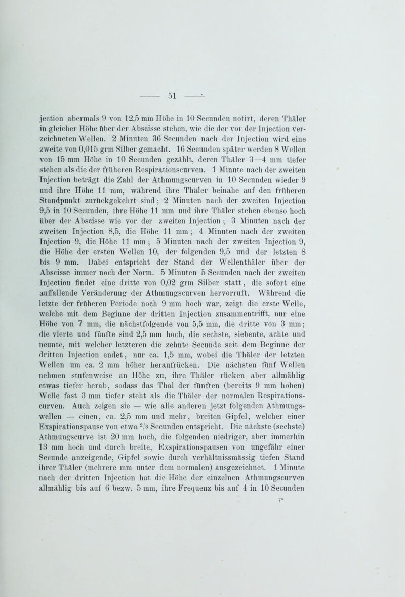 jection abermals 9 von 12,5 mm Höhe in 10 Secunden notirt, deren Tliäler in gleicher Höhe über der Abscisse stellen, wie die der vor der Injection ver- zeichneten Wellen. 2 Minuten 36 Secunden nach der Injection wird eine zweite von 0,015 grm Silber gemacht. 16 Secunden später werden 8 Wellen von 15 mm Höhe in 10 Secunden gezählt, deren Tliäler 3—4 mm tiefer stehen als die der früheren Respirationscurven. 1 Minute nach der zweiten Injection beträgt die Zahl der Athmungscurven in 10 Secunden wieder 9 und ihre Höhe 11 nun, während ihre Tliäler beinahe auf den früheren Standpunkt zurückgekelirt sind; 2 Minuten nach der zweiten Injection 9,5 in 10 Secunden, ihre Höhe 11 mm und ihre Tliäler stehen ebenso hoch über der Abscisse wie vor der zweiten Injection ; 3 Minuten nach der zweiten Injection 8,5, die Höhe 11 mm; 4 Minuten nach der zweiten Injection 9, die Höhe 11 mm ; 5 Minuten nach der zweiten Injection 9, die Höhe der ersten Wellen 10, der folgenden 9,5 und der letzten 8 bis 9 mm. Dabei entspricht der Stand der Wellenthäler über der Abscisse immer noch der Norm. 5 Minuten 5 Secunden nach der zweiten Injection findet eine dritte von 0,02 grm Silber statt, die sofort eine aulfallende Veränderung der Athmungscurven hervorruft. Während die letzte der früheren Periode noch 9 mm hoch war, zeigt die erste Welle, welche mit dem Beginne der dritten Injection zusammentrifft, nur eine Höhe von 7 mm, die nächstfolgende von 5,5 mm, die dritte von 3 mm; die vierte und fünfte sind 2,5 mm hoch, die sechste, siebente, achte und neunte, mit welcher letzteren die zehnte Secunde seit dem Beginne der dritten Injection endet, nur ca. 1,5 mm, wobei die Tliäler der letzten Wellen um ca. 2 mm höher heraufrücken. Die nächsten fünf Wellen nehmen stufenweise an Höhe zu, ihre Tliäler rücken aber allmählig etwas tiefer herab, sodass das Thal der fünften (bereits 9 mm hohen) Welle fast 3 mm tiefer steht als die Tliäler der normalen Respirations- curven. Auch zeigen sie — wie alle anderen jetzt folgenden Athmungs- wellen — einen, ca. 2,5 mm und mehr, breiten Gipfel, welcher einer Exspirationspause von etwa 2/3 Secunden entspricht. Die nächste (sechste) Athmungscurve ist 20 mm hoch, die folgenden niedriger, aber immerhin 13 mm hoch und durch breite, Exspirationspausen von ungefähr einer Secunde anzeigende, Gipfel sowie durch verhältnissmässig tiefen Stand ihrer Tliäler (mehrere mm unter dem normalen) ausgezeichnet. 1 Minute nach der dritten Injection hat die Höhe der einzelnen Athmungscurven allmählig bis auf 6 bezw. 5 mm, ihre Frequenz bis auf 4 in 10 Secunden 7*