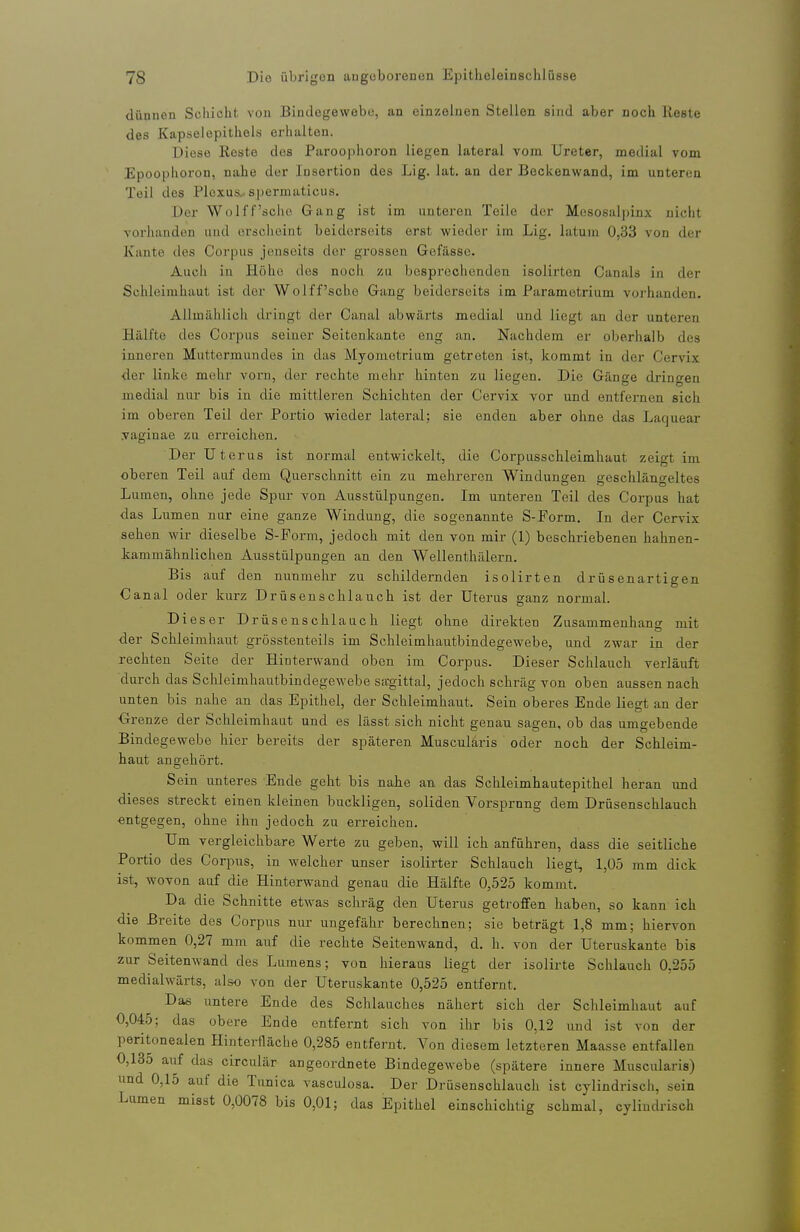 dünnen Schicht von Bindegewebe, an einzelnen Stellen sind aber noch Keste des Kapselepithols erhalten. Diese Reste des Paroophoron liegen lateral vom Ureter, medial vom Epoophoron, nahe der Insertion des Lig. lat. an der Beckenwand, im unteren Teil des Plexus.-spermaticus. Der Wulff'seht! Gang ist im unteren Teile der Mesosalpinx nicht vorhanden und orsciieint beiderseits erst wieder im Lig. latum 0,33 von der Kante des Corpus jenseits der grossen Gefässe. Auch in Höhe des noch zu besprechenden isolirten Canals in der Schleimhaut ist der Wolff'sche Gang beiderseits im Parametrium voi'handen. Allmählich di'ingt der Ganal abwärts medial und liegt an der unteren Hälfte des Corpus seiner Seitenkante eng an. Nachdem er oberhalb des inneren Muttermundes in das Myometrium getreten ist, kommt in der Cervix der linke mehr vorn, der rechte mehr hinten zu liegen. Die Gänge dringen medial nur bis in die mittleren Schichten der Cervix vor und entfernen sich im oberen Teil der Portio wieder lateral; sie enden aber ohne das Laquear .vaginae zu erreichen. Der Uterus ist noz'mal entwickelt, die Corpusschleimhaut zeigt im oberen Teil auf dem Querschnitt ein zu mehreren Windungen geschlängeltes Lumen, ohne jede Spur von Ausstülpungen. Im unteren Teil des Corpus hat das Lumen nur eine ganze Windung, die sogenannte S-Form. In der Cervix sehen wir dieselbe S-Form, jedoch mit den von mir (1) beschriebenen hahnen- kammähnlichen Ausstülpungen an den Wellenthälern. Bis auf den nunmehr zu schildernden isolirten drüsenartigen Canal oder kurz Drüsenschlauch ist der Uterus ganz normal. Dieser Drüsenschlauch liegt ohne direkten Zusammenhang mit der Schleimhaut grösstenteils im Schleimhautbindegewebe, und zwar in der rechten Seite der Hinterwand oben im Corpus. Dieser Schlauch verläuft durch das Schleimhautbindegewebe sffgittal, jedoch schräg von oben aussen nach unten bis nahe an das Epithel, der Schleimhaut. Sein oberes Ende liegt an der •Grenze der Schleimhaut und es lässt sich nicht genau sagen, ob das umgebende Bindegewebe hier bereits der späteren Musculäris oder noch der Schleim- haut angehört. Sein unteres Ende geht bis nahe an das Schleimhautepithel heran imd dieses streckt einen kleinen buckligen, soliden Vorsprnng dem Drüsenschlauch •entgegen, ohne ihn jedoch zu erreichen. Um vergleichbare Werte zu geben, will ich anführen, dass die seitliche Portio des Corpus, in welcher unser isolirter Schlauch liegt, 1,05 mm dick ist, wovon auf die Hinterwand genau die Hälfte 0,525 kommt. Da die Schnitte etwas schräg den Uterus getroffen haben, so kann ich die Breite des Corpus nur ungefähr berechnen; sie beträgt 1,8 mm; hiervon kommen 0,27 mm auf die rechte Seitenwand, d. h. von der Uteruskante bis zur Seitenwand des Lumens; von hieraus liegt der isolirte Schlauch 0,255 medialwärts, also von der Uteruskante 0,525 entfernt. Das untere Ende des Schlauches nähert sich der Schleimhaut auf 0,045; das obere Ende entfernt sich von ihr bis 0,12 und ist von der peritonealen Hintei-fläche 0,285 entfernt. Von diesem letzteren Maasse entfallen 0,135 auf das circulär angeordnete Bindegewebe (spätere innere Muscularis) und 0,15 auf die Tunica vasculosa. Der Drüsenschlaucli ist cylindrisch, sein Lumen misst 0,0078 bis 0,01; das Epithel einschichtig schmal, cylindrisch