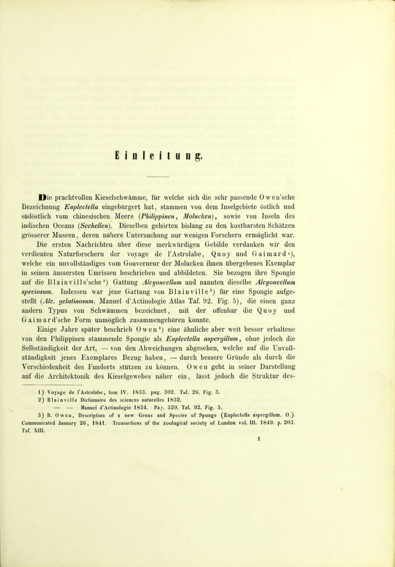 Die prachtvollen Kieselschwämme, für welche sich die sehr passende Owen'sche Bezeichnung Eupleclella eingebürgert hat, stammen von dem Inselgebiete östlich und südöstlich vom chinesischen Meere {Philippinen, Molucken), sowie von Inseln des indischen Oceans {Sechellen). Dieselben gehörten bislang zu den kostbarsten Schätzen grösserer Museen, deren nähere Untersuchung nur wenigen Forschern ermöglicht war. Die ersten Nachrichten über diese merkwürdigen Gebilde verdanken wir den verdienten Naturforschern der voyage de l'Astrolabe, Quoy und Gaimard'), welche ein unvollständiges vom Gouverneur der Molucken ihnen übergebenes Exemplar in seinen äussersten Umrissen beschrieben und abbildeten. Sie bezogen ihre Spongie auf die Blainville'scheGattung Alcyoncellum und nannten dieselbe Alcyoncellum speciosnm. Indessen war jene Gattung von Blainville*) für eine Spongie aufge- stellt {Ale. gelatinosum. Manuel d'Actinologie Atlas Taf. 92. Fig. 5), die einen ganz andern Typus von Schwämmen bezeichnet, mit der olfenbar die Quoy und Gaimard'sche Form unmöglich zusammengehören konnte. Einige Jahre später beschrieb Owen*} eine ähnhche aber weit besser erhaltene von den Philippinen stammende Spongie als Eupleclella aspergillum, ohne jedoch die Selbständigkeit der Art, — von den Abweichungen abgesehen, welche auf die Unvoll- ständigkeit jenes Exemplares Bezug haben, — durch bessere Gründe als durch die Verschiedenheit des Fundorts stützen zu können. Owen geht in seiner Darstellung auf die Architektonik des Kieselgewebes näher ein, lässt jedoch die Struktur des- 1) Voyage de l'Astrolabe, lern IV. 1833. pag. 302. Taf. 26. Fig. 3. 2) Blainville Dictionaire des sciences naturelles 1832. — — Manuel d'Actinologie 1834. Paj. 529. Taf. 92. Fig. 5. 3) R. Owen, Description of a new Genus and Speties of Sponge (Eupleclella aspergillum. 0.). Communicated January 26, 1841. Transactions of Ihe zoological society of London vol. III. 1849. p. 203. Taf. XIII, 1