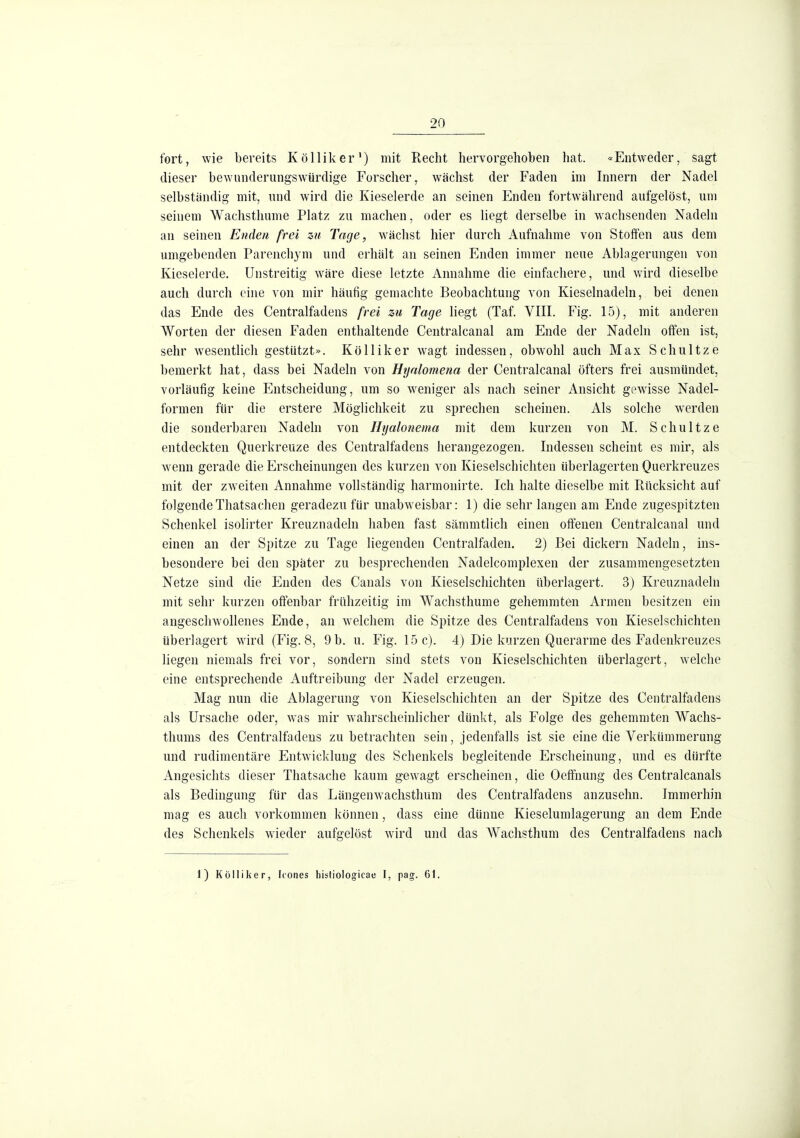fort, wie bereits Kölliker') mit Recht hervorgehoben hat. «Entweder, sagt dieser bewunderungswürdige Forscher, wächst der Faden im Innern der Nadel selbständig mit, und wird die Kieselerde an seinen Enden fortwährend aufgelöst, um seinem Wachsthume Platz zu machen, oder es liegt derselbe in wachsenden Nadeln an seinen Enden frei zu Tage, wächst hier durch Aufnahme von Stoffen aus dem umgebenden Pareiichym und erhält an seinen Enden immer neue Ablagerungen von Kieselerde. Unstreitig wäre diese letzte Annahme die einfachere, und wird dieselbe auch durch eine von mir häufig gemachte Beobachtung von Kieselnadeln, bei denen das Ende des Centralfadens frei zu Tage liegt (Taf. VIII. Fig. 15), mit anderen Worten der diesen Faden enthaltende Centralcanal am Ende der Nadeln offen ist, sehr wesentlich gestützt». Kölliker wagt indessen, obwohl auch Max Schnitze bemerkt hat, dass bei Nadeln von Hynlomena der Centralcanal öfters frei ausmündet, vorläufig keine Entscheidung, um so weniger als nach seiner Ansicht gewisse Nadel- formen für die erstere Möglichkeit zu sprechen scheinen. Als solche werden die sonderbaren Nadeln von Ihjalonema mit dem kurzen von M. Schnitze entdeckten Querkreuze des Centralfadens herangezogen. Indessen scheint es mir, als wenn gerade die Erscheinungen des kurzen von Kieselschichten überlagerten Querkreuzes mit der zweiten Annahme vollständig harmoiiirte. Ich halte dieselbe mit Rücksicht auf folgendeThatsachen geradezu für unabweisbar: 1) die sehr langen am Ende zugespitzten Schenkel isolirter Kreuznadeln haben fast sämmtlich einen offenen Centralcanal und einen an der Spitze zu Tage liegenden Centralfaden. 2) Bei dickern Nadeln, ins- besondere bei den später zu besprechenden Nadelcomplexen der zusammengesetzten Netze sind die Enden des Canals von Kieselschichten überlagert. 3) Kreuznadeln mit sehr kurzen offenbar frühzeitig im Wachsthume gehemmten Armen besitzen ein angesclnvollenes Ende, an welchem die Spitze des Centralfadens von Kieselschichten überlagert wird (Fig. 8, 9 b. u. Fig. 15 c). 4) Die kurzen Querarme des Fadenkreuzes liegen niemals frei vor, sondern sind stets von Kieselschichten überlagert, welche eine entsprechende Auftreibung der Nadel erzeugen. Mag nun die Ablagerung von Kieselschichten an der Spitze des Centralfadens als Ursache oder, was mir wahrscheinlicher dünkt, als Folge des gehemmten Wachs- thums des Centralfadens zu betrachten sein, jedenfalls ist sie eine die Verkümmerung und rudimentäre Entwicklung des Schenkels begleitende Erscheinung, und es dürfte Angesichts dieser Thatsache kaum gewagt erscheinen, die Oeffnung des Centralcanals als Bedingung für das Längenwachsthum des Centralfadens anzusehn. Immerhin mag es auch vorkommen können, dass eine dünne Kieselumlagerung an dem Ende des Schenkels wieder aufgelöst wird und das Wachsthum des Centralfadens nach 1) Kölliker, (cones hisliologicae I, pag. 61.