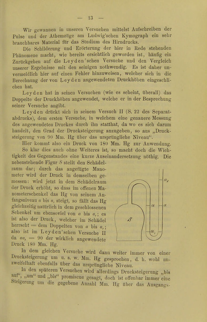 Wir gewannen in unseren Versuchen mittelst Aufschreiben der Pulse und der Athemziige am Ludwig'schen Kymograph ein sehr brauchbares Material für das Studium des Hirndrucks. Die Schilderung und Erörterung der hier in Rede stehenden Phänomene macht, wie bereits ersichtlich geworden ist, häufig ein Zurückgehen auf die Ley den'sehen Versuche und den Vergleich unserer Ergebnisse mit den seinigen nothwendig. Es ist daher un- vermeidlich hier auf einen Fehler hinzuweisen, welcher sich in die Berechnung der von Ley den angewendeten Druckhöhen eingeschli- chen hat. Ley den hat in seineu Versuchen (wie es scheint, überall) das Doppelte der Druckhöhen angewendet, welche er in der Besprechung seiner Versuche angibt. Ley den drückt sich in seinem Versuch II (S. 22 des Separat- abdrucks), dem ersten Versuche, in welchem eine genauere Messung des angewendeten Druckes durch ihn statthat, da wo es sich darum handelt, den Grad der Drucksteigerung anzugeben, so aus „Druck- steigerung von 90 Mm. Hg über das ursprüngliche Niveau. Hier kommt also ein Druck von 180 Mm. Hg zur Anwendung. So klar dies auch ohne Weiteres ist, so macht doch die Wich- tigkeit des Gegenstandes eine kurze Auseinandersetzung nöthig. Die nebenstehende Figur S stellt den Schädel- raum dar; durch das angefügte Mano- meter wird der Druck in demselben ge- messen: wird jetzt in dem Schädelraum der Druck erhöht, so dass im offenen Ma- nometerschenkel das Hg von seinem An- fangsniveau a bis «, steigt, so fällt das Hg gleichzeitig natürlich in dem geschlossenen Schenkel um ebensoviel von « bis u,; es ist also der Druck, welcher im Schädel herrscht = dem Doppelten von a bis a,; also ist im Ley den'sehen Versuche II da au, = 90 der wirklich angewendete Druck 180 Mm. Hg. In dem gleichen Versuche wird dann weiter immer von einer Drucksteigerung um u. s. w. Mm. Hg gesprochen, d. h. wohl un- zweifelhaft ebenfalls über das ursprüngliche Niveau. In den späteren Versuchen wird allerdings Drucksteigerung „bis auf , „um und „bis promiscue gesagt, doch ist offenbar immer eine Steigerung um die gegebene Anzahl Mm. Hg über das Aussano-s.