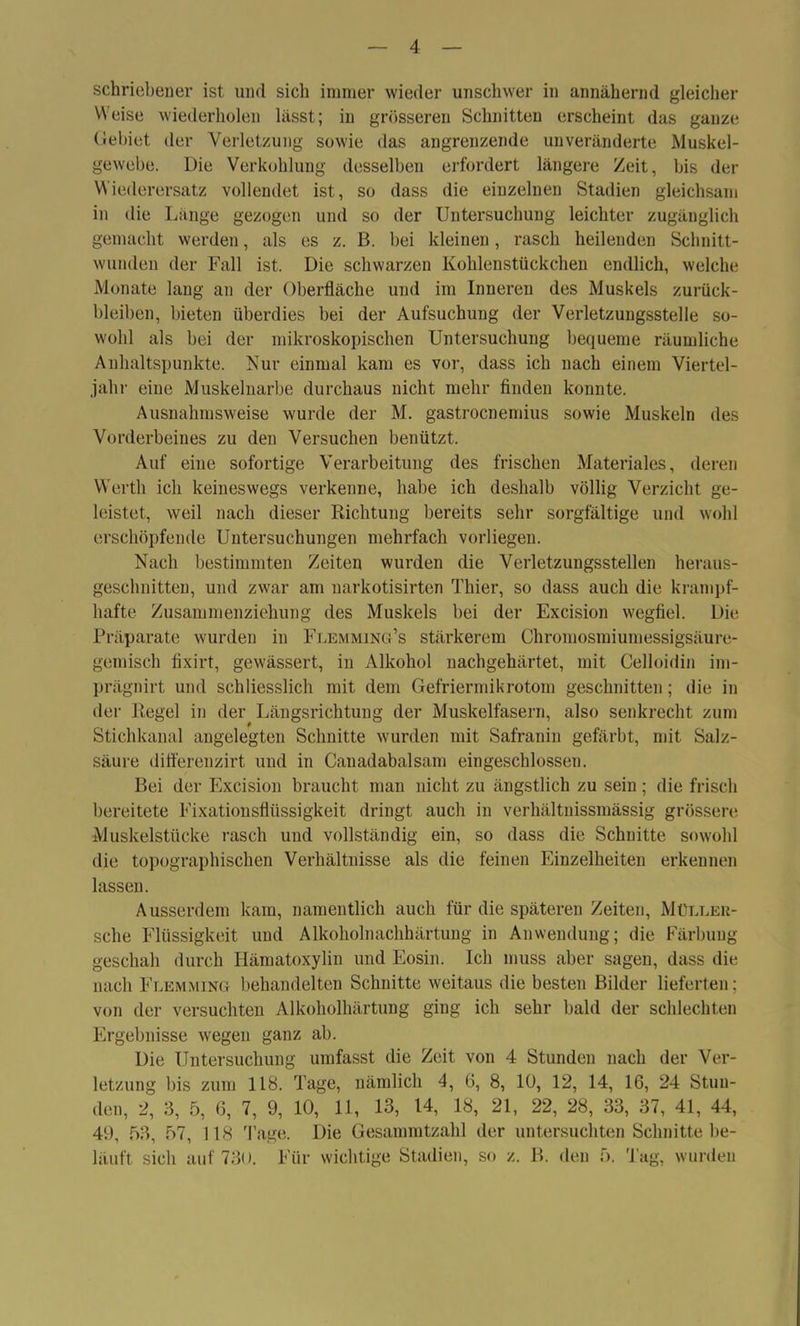 schriebener ist und sich immer wieder unschwer in annähernd gleicher Weise wiederholen lässt; in grösseren Schnitten erscheint das ganze Gebiet der Verletzung sowie das angrenzende unveränderte Muskel- gewebe. Die Verkohlung desselben erfordert längere Zeit, bis der Wiederersatz vollendet ist, so dass die einzelnen Stadien gleichsam in die Länge gezogen und so der Untersuchung leichter zugänglich gemacht werden, als es z. B. bei kleinen, rasch heilenden Schnitt- wunden der Fall ist. Die schwarzen Kohlenstückcheu endlich, welche Monate lang an der Oberfläche und im Inneren des Muskels Zurück- bleiben, bieten überdies hei der Aufsuchung der Verletzungsstelle so- wohl als bei der mikroskopischen Untersuchung bequeme räumliche Anhaltspunkte. Nur einmal kam es vor, dass ich nach einem Viertel- jahr eine Muskelnarbe durchaus nicht mehr finden konnte. Ausnahmsweise wurde der M. gastrocnemius sowie Muskeln des Vorderbeines zu den Versuchen benützt. Auf eine sofortige Verarbeitung des frischen Materiales, deren Werth ich keineswegs verkenne, habe ich deshalb völlig Verzicht ge- leistet, weil nach dieser Dichtung bereits sehr sorgfältige und wohl erschöpfende Untersuchungen mehrfach vorliegen. Nach bestimmten Zeiten wurden die Verletzungsstellen heraus- geschnitten, und zwar am narkotisirten Thier, so dass auch die krampf- hafte Zusammenziehung des Muskels bei der Excision wegfiel. Die Präparate wurden in Flemming’s stärkerem Chromosmiumessigsäure- gemisch fixirt, gewässert, in Alkohol nachgehärtet, mit Celloidin im- prägnirt und schliesslich mit dem Gefriermikrotom geschnitten; die in der Regel in der Längsrichtung der Muskelfasern, also senkrecht zum Stichkanal angelegten Schnitte wurden mit Safranin gefärbt, mit Salz- säure diflerenzirt und in Canadabalsam eingeschlossen. Bei der Excision braucht man nicht zu ängstlich zu seiu; die frisch bereitete Fixationsflüssigkeit dringt auch in verhältnissmässig grössere Muskelstücke rasch und vollständig ein, so dass die Schnitte sowohl die topographischen Verhältnisse als die feinen Einzelheiten erkennen lassen. Ausserdem kam, namentlich auch für die späteren Zeiten, Müller- sche Flüssigkeit und Alkoholnachhärtung in Anwendung; die Färbung geschah durch Hämatoxylin und Eosin. Ich muss aber sagen, dass die nach Flemming behandelten Schnitte weitaus die besten Bilder lieferten; von der versuchten Alkoholhärtung ging ich sehr bald der schlechten Ergebnisse wegen ganz ab. Die Untersuchung umfasst die Zeit von 4 Stunden nach der Ver- letzung bis zum 118. Tage, nämlich 4, 6, 8, 10, 12, 14, 16, 24 Stun- den, 2, 3, 5, 6, 7, 9, 10, 11, 13, 14, 18, 21, 22, 28, 33, 37, 41, 44, 49, 53, 57, 118 Tage. Die Gesammtzahl der untersuchten Schnitte be- läuft sich auf 730. Für wichtige Stadien, so z. B. den 5. Tag, wurden