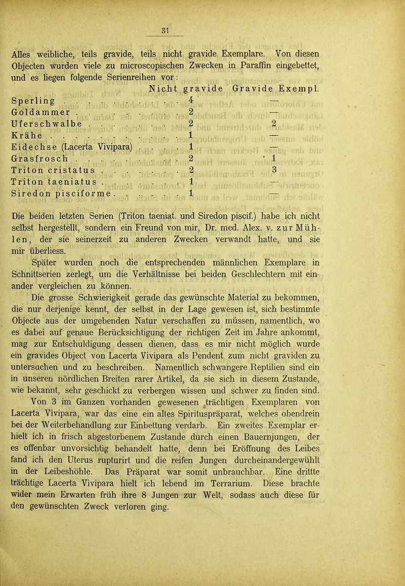 Alles weibliche, teils gravide, teils nicht gravide Exemplare. Von diesen Objecten wurden viele zu microscopischen Zwecken in Paraffin eingebettet, und es liegen folgende Serienreihen vor: Nicht gravide Gravide Exempl. Sperling 4 ' — Goldammer 2 — Uferschwalbe . 2 2 Krähe 1 — Eidechse (Lacerta Vivipara) .... 1 — Grasfrosch 2 ' 1 Triton cristatus 2 3 Triton taeniatus 1 — Siredon pisciforme 1 — Die beiden letzten Serien (Triton taeniat. und Siredon piscif.) habe ich nicht selbst hergestellt, sondern ein Freund von mir, Dr. med. Alex. v. zur Müh- le n, der sie seinerzeit zu anderen Zwecken verwandt hatte, und sie mir überliess. Später wurden noch die entsprechenden männlichen Exemplare in Schnittserien zerlegt, um die Verhältnisse bei beiden Geschlechtern mit ein- ander vergleichen zu können. Die grosse Schwierigkeit gerade das gewünschte Material zu bekommen, die nur derjenige kennt, der selbst in der Lage gewesen ist, sich bestimmte Objecte aus der umgebenden Natur verschaffen zu müssen, namentlich, wo es dabei auf genaue Berücksichtigung der richtigen Zeit im Jahre ankommt, mag zur Entschuldigung dessen dienen, dass es mir nicht möglich wurde ein gravides Object von Lacerta Vivipara als Pendent zum nicht graviden zu untersuchen und zu beschreiben. Namentlich schwangere Reptilien sind ein in unseren nördlichen Breiten rarer Artikel, da sie sich in diesem Zustande, wie bekannt, sehr geschickt zu verbergen wissen und schwer zu finden sind. Von 3 im Ganzen vorhanden gewesenen trächtigen Exemplaren von Lacerta Vivipara, war das eine ein alles Spirituspräparat, welches obendrein bei der Weiterbehandlung zur Einbettung verdarb. Ein zweites Exemplar er- hielt ich in frisch abgestorbenem Zustande durch einen Bauernjungen, der es offenbar unvorsichtig behandelt, hatte, denn bei Eröffnung des Leibes fand ich den Uterus rupturirt und die reifen Jungen durcheinandergewühlt in der Leibeshöhle. Das Präparat war somit unbrauchbar. Eine drittte trächtige Lacerta Vivipara hielt ich lebend im Terrarium. Diese brachte wider mein Erwarten früh ihre 8 Jungen zur Welt, sodass auch diese für den gewünschten Zweck verloren ging.