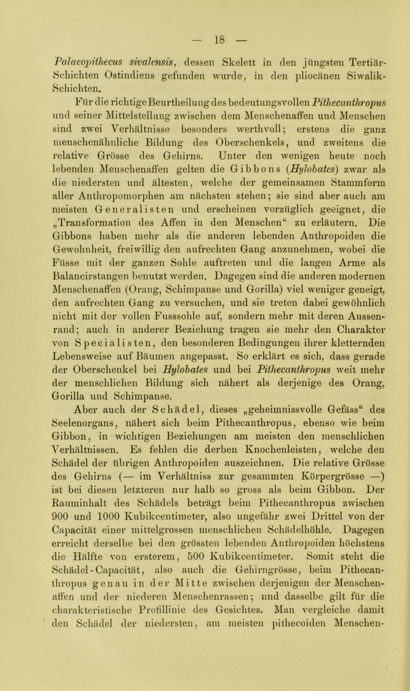 Talaeo]}Uliecus sivalensis, dessen Skelett in den jüngsten Tertiär- Schichten Ostindiens gefunden wurde ^ in den pliocänen Siwalik- Schichten. Für die richtige Beurtheilung des bedeutungsvollen Piihecanthropus und seiner Mittelstellung zwischen dem Menschenaffen und Menschen sind zwei Verhältnisse besonders werthvoll; erstens die ganz menschenähnliche Bildung des Oberschenkels, und zweitens die relative Grösse des Gehirns. Unter den wenigen heute noch lebenden Menschenaffen gelten die Gibbons (Hylohates) zwar als die niedersten und ältesten, welche der gemeinsamen Stammform aller Anthropomorphen am nächsten stehen; sie sind aber auch am meisten Generalisten und erscheinen vorzüglich geeignet, die „Transformation des Affen in den Menschen“ zu erläutern. Die Gibbons haben mehr als die anderen lebenden Anthropoiden die Gewohnheit, freiwillig den aufrechten Gang anzunehmen, wobei die Füsse mit der ganzen Sohle auftreten und die langen Arme als Balancirstangen benutzt werden. Dagegen sind die anderen modernen Menschenaffen (Orang, Schimpanse und Gorilla) viel weniger geneigt, den aufrechten Gang zu versuchen, und sie treten dabei gewöhnlich nicht mit der vollen Fusssohle auf, sondern mehr mit deren Aussen- rand; auch in anderer Beziehung tragen sie mehr den Charakter von Specialisten, den besonderen Bedingungen ihrer kletternden Lebensweise auf Bäumen angepasst. So erklärt es sich, dass gerade der Oberschenkel bei Hylohates und bei Piihecanthropus weit mehr der menschlichen Bildung sich nähert als derjenige des Orang, Gorilla und Schimpanse. Aber auch der Schädel, dieses „geheimnissvolle Gefäss“ des Seelenorgans, nähert sich beim Pithecanthropus, ebenso wie beim Gibbon, in wichtigen Beziehungen am meisten den menschlichen Verhältnissen. Es fehlen die derben Knochenleisten, welche den Schädel der übrigen Anthropoiden auszeichnen. Die relative Grösse des Gehirns (— im Verhältniss zur gesammten Körpergrösse —) ist bei diesen letzteren nur halb so gross als beim Gibbon. Der Rauminhalt des Schädels beträgt beim Pithecanthropus zwischen 900 und 1000 Kubikcentimeter, also ungefähr zwei Drittel von der Capacität einer inittelgrossen menschlichen Schädelhöhle. Dagegen erreicht derselbe bei den grössten lebenden Anthropoiden höchstens die Hälfte von ersterem, 500 Kubikcentimeter. Somit steht die Schädel - Capacität, also auch die Gehirngrösse, beim Pithecan- thropus genau in der Mitte zwischen derjenigen der Menschen- affen und der niederen Menschenrassen; und dasselbe gilt für die charakteristische Profillinie des Gesichtes. Man vergleiche damit den Schädel der niedersten, am meisten pithecoiden Menschen-