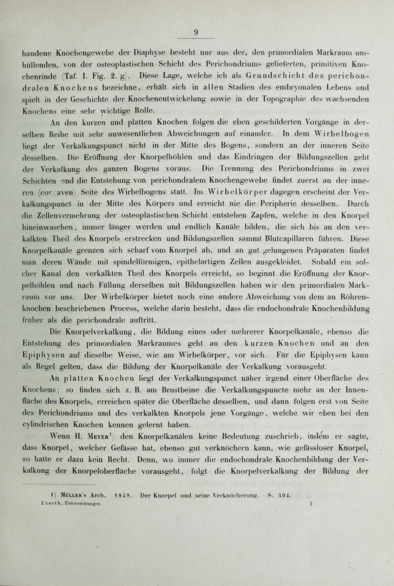 hanclene Knochengewebe der Diaphyse besteht nur aus der, den primordialen Markrauu» um- hüllenden, von der osteoplastischen Schicht des Perichondriums gelieferten, primitiven Kno- chenrinde (Taf. I. Fig. 2. g). Diese Lage, welche ich als Grundschicht des perichon- dralen Knochens bezeichne, erhält sich in allen Stadien des embryonalen Lebens und spielt in der Geschichte der Knochenentwickelung sowie in der Topographie des wachsenden Knochens eine sehr wichtige Rolle. An den kurzen und platten Knochen folgen die eben geschilderten Vorgange in der- selben Reihe mit sehr unwesentlichen Abweichungen auf einander. In dem Wirbel bogen liegt der Verkalkungspunct nicht in der Mitte des Bogens, sondern an der inneren Seite desselben. Die Eröffnung der Knorpelhohlen und das Eindringen der Bildungszellen geht der Verkalkung des ganzen Bogens voraus. Die Trennung des Perichondriums in zwei Schichten imd die Entstehung von perichondralem Knochengewebe findet zuerst an der inne- ren (coraven) Seite des Wirbelbogens statt. Im Wir bei kör per dagegen erscheint der Ver- kalkungspunct in der Mitte des Körpers und erreicht nie die Peripherie desselben. Durch die Zellenvermehrung der osteoplastischen Schicht entstehen Zapfen, welche in den Knorpel hineinwaschen, immer länger werden und endlich Kanäle bilden, die sich bis an den ver- kalkten Theil des Knorpels erstrecken und Bildungszellen samrat Blutcapillaren fühien. Diese Knorpelkanäle grenzen sich scharf vom Knorpel ab, und an gut gelungenen Präparaten findet man deren Wände mit spindelförmigen, epithelartigen Zellen ausgekleidet. Sobald ein sol- cher Kanal den verkalkten Theil des Knorpels erreicht, so beginnt die Eröffnung der Knor- pelhöhlen und nach Füllung derselben mit Bildungszellen haben wir den primordialen Mark- raum vor uns. Der Wirbelkörper bietet noch eine andere Abweichung \on dem an Röhren- knochen beschriebenen Process, welche darin besteht, dass die endochondrale Knochenbildung früher als die peiichondrale auftritt. Die Knorpelverkalkung, die Bildung eines oder mehrerer Knorpelkanäle, ebenso die Entstehung des primordialen Markraumes geht an den kurzen Knochen und an den Epiphysen auf dieselbe Weise, wie am Wirbelkörper, vor sich. Für die Epiphysen kann als Regel gelten, dass die Bildung der Knorpelkanäle der Verkalkung vorausgeht. An platten Knochen liegt der Verkalkungspunct näher irgend einer Oberfläche des Knochens; so finden sich z. B. am Brustbeine die Verkalkungspuncte mehi- an der Innen- fläche des Knorpels, erreichen später die Oberfläche desselben, und dann folgen erst von Seite des Perichondriums und des verkalkten Knorpels jene Vorgänge, welche wir eben bei den cylindrischen Knochen kennen gelernt haben. Wenn H. MeyerV den Knorpelkanälen keine Bedeutung zuschrieb, indem er sagte, dass Knorpel, welcher Gefässe hat, ebenso gut verknöchern kann, wie gefässloser Knorpel, so hatte er dazu kein Recht. Denn, wo immer die endochondrale Knochenbildung der Ver- kalkung der Knorpeloberfläche vorausgeht, folgt die Knorpelverkalkung der Bildung der 1) Müller's Arcli. I84^>. Der Knorpel und seine Verknöchening. S. 30 1. Eberth, üntersuehungen.