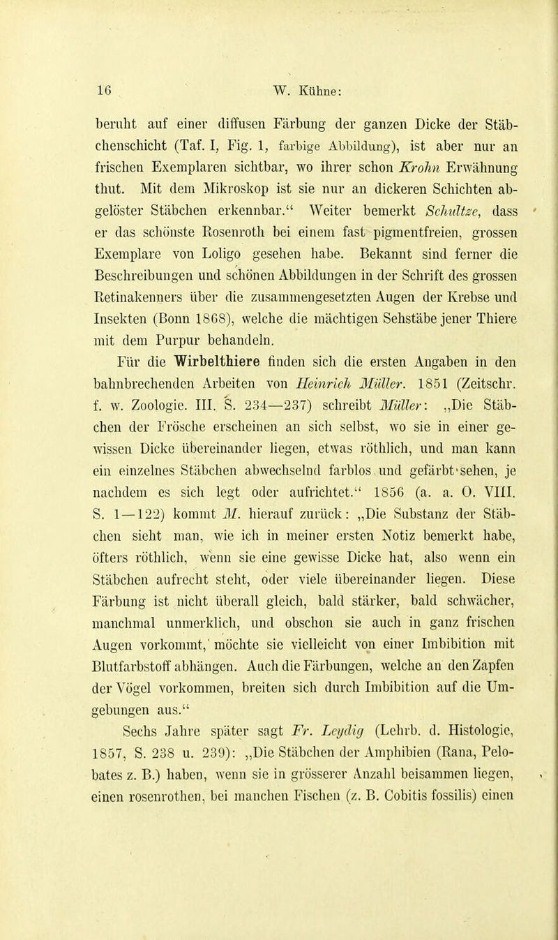 beruht auf einer diffusen Färbung der ganzen Dicke der Stäb- chenschicht (Taf. I, Fig. 1, farbige Abbildung), ist aber nur an frischen Exemplaren sichtbar, wo ihrer schon Krolin Erwähnung thut. Mit dem Mikroskop ist sie nur an dickeren Schichten ab- gelöster Stäbchen erkennbar. Weiter bemerkt Schnitze, dass er das schönste Rosenroth bei einem fast pigmentfreien, grossen Exemplare von Loligo gesehen habe. Bekannt sind ferner die Beschreibungen und schönen Abbildungen in der Schrift des grossen Retinakenners über die zusammengesetzten Augen der Krebse und Insekten (Bonn 18G8), welche die mächtigen Sehstäbe jener Thiere mit dem Purpur behandeln. Für die Wirbelthiere finden sich die ersten Angaben in den bahnbrechenden Arbeiten von Heinrich Müller. 1851 (Zeitschr. f. w. Zoologie. III. S. 234—237) schreibt 3Iüller: „Die Stäb- chen der Frösche erscheinen an sich selbst, wo sie in einer ge- wissen Dicke übereinander liegen, etwas röthlich, und man kann ein einzelnes Stäbchen abwechselnd farblos,und gefärbt-sehen, je nachdem es sich legt oder aufrichtet. 1856 (a. a. 0. VIII. S. 1 — 122) kommt 31. hierauf zurück: „Die Substanz der Stäb- chen sieht man, wie ich in meiner ersten Notiz bemerkt habe, öfters röthlich, wenn sie eine gewisse Dicke hat, also wenn ein Stäbchen aufrecht steht, oder viele übereinander liegen. Diese Färbung ist nicht überall gleich, bald stärker, bald schwächer, manchmal unmerklich, und obschon sie auch in ganz frischen Augen vorkommt,' möchte sie vielleicht von einer Imbibition mit Blutfarbstoff abhängen. Auch die Färbungen, welche an den Zapfen der Vögel vorkommen, breiten sich durch Imbibition auf die Um- gebungen aus. Sechs Jahre später sagt Fr. Lcydig (Lelub. d. Histologie, 1857, S. 238 u. 239): „Die Stäbchen der Amphibien (Rana, Pelo- bates z. B.) haben, wenn sie in grösserer Anzahl beisammen liegen, einen rosenrothen, bei manchen Fischen (z. B. Cobitis fossilis) einen