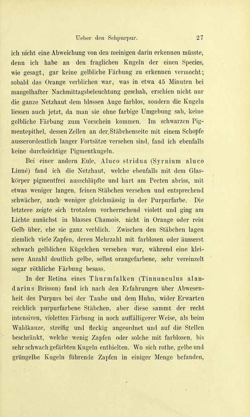 ich nicht eine Abweichung von den meinigen darin erkennen müsste, denn ich habe an den fragliclien Kugeln der einen Species, wie gesagt, gar keine gelbliche Färbung zu erkennen vermocht; sobald das Orange verblichen war, was in etwa 45 Minuten bei mangelhafter Nachmittagsbeleuchtung geschah, erschien nicht nur die ganze Netzhaut dem blossen Auge farblos, sondern die Kugeln Hessen auch jetzt, da man sie ohne farbige Umgebung sah, keine gelbliche Färbung zum Vorschein kommen. Im schwarzen Pig- mentepithel, dessen Zellen an der,Stäbchenseite mit einem Schöpfe ausserordentlich langer Fortsätze versehen sind, fand ich ebenfalls keine durchsichtige Pigmentkugeln. Bei einer andern Eule, Aluco stridua (Syrnium aluco Linne) fand ich die Netzhaut, welche ebenfalls mit dem Glas- körper pigmentfrei ausschlüpfte und hart am Pecten abriss, mit etwas weniger langen, feinen Stäbchen versehen und entsprechend schwächer, auch- weniger gleichmässig in der Purpurfarbe. Die letztere zeigte sich trotzdem vorherrschend violett und ging am Lichte zunächst in blasses Chamois, nicht in Orange oder rein Gelb über, ehe sie ganz verblich. Zwischen den Stäbchen lagen ziemlich viele Zapfen, deren Mehrzahl mit farblosen oder äusserst schwach gelblichen Kügelchen versehen war, während eine klei- nere Anzahl deutlich gelbe, selbst orangefarbene, sehr vereinzelt sogar röthliche Färbung besass. In der Retina eines Thurmfalken (Tinnunculus alan- darius Brisson) fand ich nach den Erfahrungen über Abwesen- heit des Purpurs bei der Taube und dem Huhn, wider Erwarten reichUch purpurfarbene Stäbchen, aber diese sammt der recht intensiven, violetten Färbung in noch auffälligerer Weise, als beim Waldkauze, streifig und fleckig angeordnet und auf die Stellen beschränkt, welche wenig Zapfen oder solche mit farblosen, bis sehr schwach gefärbten Kugeln enthielten. Wo sich rothe, gelbe und grüngelbe Kugeln führende Zapfen in einiger Menge befanden,