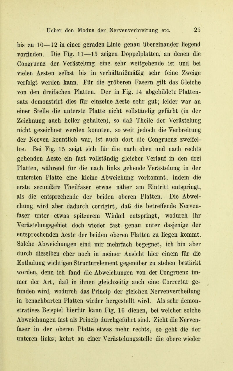 bis zu 10—12 in einer geraden Linie genau übereinander liegend vorfinden. Die Fig. 11—13 zeigen Doppelplatten, an denen die Congruenz der Verästelung eine sehr weitgehende ist und bei vielen Aesten selbst bis in verhältnißmäßig sehr feine Zweige verfolgt werden kann. Für die gröberen Fasern gilt das Gleiche von den dreifachen Platten. Der in Fig. 14 abgebildete Platten- satz demonstrirt dies für einzelne Aeste sehr gut; leider war an einer Stelle die unterste Platte nicht vollständig gefärbt (in der Zeichnung auch heller gehalten), so daß Theile der Verästelung nicht gezeichnet werden konnten, so weit jedoch die Verbreitung der Nerven kenntlich war, ist auch dort die Congruenz zweifel- los. Bei Fig. 15 zeigt sich für die nach oben und nach rechts gehenden Aeste ein fast vollständig gleicher Verlauf in den drei Platten, während für die nach links gehende Verästelung in der untersten Platte eine kleine Abweichung vorkommt, indem die erste secundäre Theilfaser etwas näher am Eintritt entspringt, als die entsprechende der beiden oberen Platten. Die Abwei- chung wird aber dadurch corrigirt, daß die betreffende Nerven- faser unter etwas spitzerem Winkel entspringt, wodurch ihr Verästelungsgebiet doch wieder fast genau unter dasjenige der entsprechenden Aeste der beiden oberen Platten zu liegen kommt. Solche Abweichungen sind mir mehrfach begegnet, ich bin aber durch dieselben eher noch in meiner Ansicht hier einem für die Entladung wichtigen Structurelement gegenüber zu stehen bestärkt worden, denn ich fand die Abweichungen von der Congruenz im- mer der Art, daß in ihnen gleichzeitig auch eine Correctur ge- funden wird, wodurch das Princip der gleichen Nervenvertheilung in benachbarten Platten wieder hergestellt wird. Als sehr demon- stratives Beispiel hierfür kann Fig. 16 dienen, bei welcher solche Abweichungen fast als Princip durchgeführt sind. Zieht die Nerven- faser in der oberen Platte etwas mehr rechts, so geht die der unteren links; kehrt an einer Verästelungsstelle die obere wieder