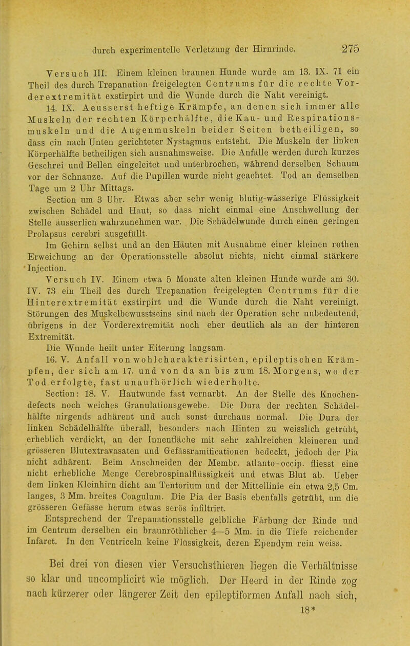 Versuch III. Einem kleinen braunen Hunde wurde am 13. IX. 71 ein Theil des durch Trepanation freigelegton Cent rums für die rechte Vor- der ext remitiU exstirpirt und die Wunde durch die Naht vereinigt. 14. IX. Aeusserst heftige Krämpfe, an denen sich immer alle Muskeln der rechten Körperhälfte, die Kau- und Respirations- muskeln und die Augenmuskeln beider Seiten betheiligen, so dass ein nach Unten gerichteter Nystagmus entsteht. Die Muskeln der linken Körperhälfte betheiligen sich ausnahmsweise. Die Anfälle werden durch kurzes Geschrei und Bellen eingeleitet und unterbrochen, während derselben Schaum vor der Schnauze. Auf die Pupillen wurde nicht geachtet. Tod an demselben Tage um 2 Uhr Mittags. Section um 3 Uhr. Etwas aber sehr wenig blutig-wässerige Flüssigkeit zwischen Schädel und Haut, so dass nicht einmal eine Anschwellung der Stelle äusserlicü wahrzunehmen war. Die Schädelwunde durch einen geringen Prolapsus cerebri ausgefüllt. Im Gehirn selbst und an den Häuten mit Ausnahme einer kleinen rothen Erweichung an der Operationsstelle absolut nichts, nicht einmal stärkere Injection. Versuch IV. Einem etwa 5 Monate alten kleinen Hunde wurde am 30. IV. 73 ein Theil des durch Trepanation freigelegten Centrums für die Hinterextremität exstirpirt und die Wunde durch die Naht vereinigt. Störungen des Muskelbewusstseins sind nach der Operation sehr unbedeutend, übrigens in der Vorderextremität noch eher deutlich als an der hinteren Extremität. Die Wunde heilt unter Eiterung langsam. 16. V. Anfall von wohlcharakterisirten, epileptischen Kräm- pfen, der sich am 17. und von da an bis zum 18. Morgens, wo der Tod erfolgte, fast unaufhörlich wiederholte. Section: 18. V. Hautwunde fast vernarbt. An der Stelle des Knochen- defects noch weiches Granulationsgewebe. Die Dura der rechten Schädel- hälfte nirgends adhärent und auch sonst durchaus normal. Die Dura der linken Schädelhälfte überall, besonders nach Hinten zu weisslich getrübt, erheblich verdickt, an der Innenfläche mit sehr zahlreichen kleineren und grösseren Blutextravasaten und Gefässramificationen bedeckt, jedoch der Pia nicht adhärent. Beim Anschneiden der Membr. atlanto-occip. fliesst eine nicht erhebliche Menge Cerebrospinalflüssigkeit und etwas Blut ab. Ueber dem linken Kleinhirn dicht am Tentorium und der Mittellinie ein etwa 2,5 Cm. langes, 3 Mm. breites Coagulum. Die Pia der Basis ebenfalls getrübt, um die grösseren Gefässe herum etwas serös infiltrirt. Entsprechend der Trepanationsstelle gelbliche Färbung der Rinde und im Centrum derselben ein braunröthlicher 4—5 Mm. in die Tiefe reichender Infarct. In den Ventriceln keine Flüssigkeit, deren Ependym rein weiss. Bei drei von diesen vier Versuchsthieren liegen die Verbältnisse so klar und iincomplicirt wie möglich. Der Heerd in der Rinde zog nach kürzerer oder längerer Zeit den epileptiformen Anfall nach sich, 18*