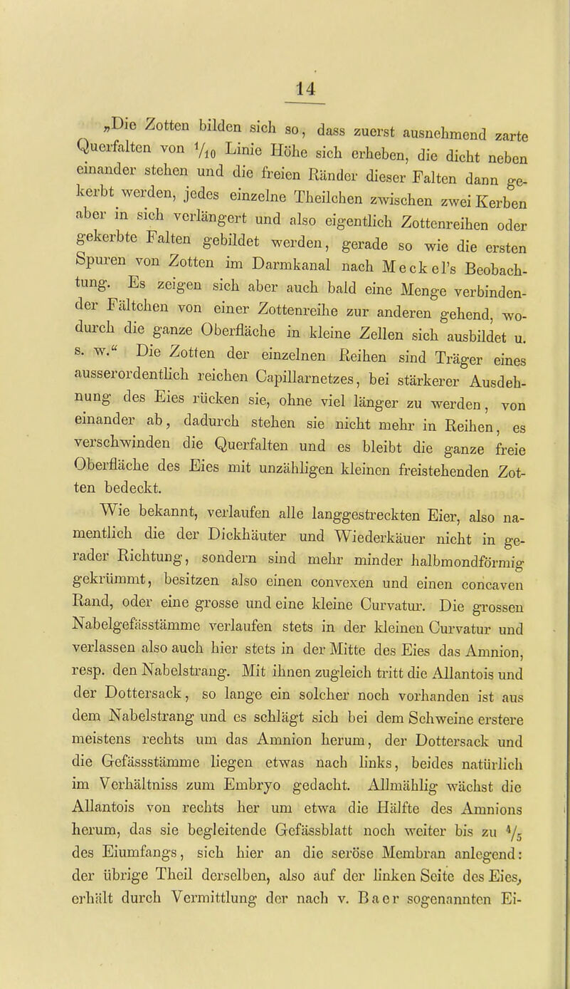 ;,Dio Zotten bilden sich so, dass zuerst ausnehmend zarte Querfalten von y,, Linie Höhe sich erheben, die dicht neben emander stehen und die freien Ränder dieser Falten dann ge- kerbt werden, jedes einzelne Theilchen zwischen zwei Kerben aber in sich verlängert und also eigentlich Zottenreihen oder gekerbte Falten gebildet werden, gerade so wie die ersten Spuren von Zotten im Darmkanal nach Meckel's Beobach- tung. Es zeigen sich aber auch bald eine Menge verbinden- der Fältchen von einer Zottenreihe zur anderen gehend, wo- durch die ganze Oberfläche in kleine Zellen sich ausbildet u. s. w.« Die Zotfen der einzelnen Reihen sind Träger eines ausserordentlich reichen CapiUarnetzes, bei stärkerer Ausdeh- nung des Eies rücken sie, ohne viel länger zu werden, von einander ab, dadurch stehen sie nicht mehr in Reihen, es verschwinden die Querfalten und es bleibt die ganze freie Oberfläche des Eies mit unzähligen kleinen freistehenden Zot- ten bedeckt. Wie bekannt, verlaufen alle langgestreckten Eier, also na- mentlich die der Dickhäuter und Wiederkäuer nicht in ge- rader Richtung, sondern sind mehr minder halbmondförmig gekrümmt, besitzen also einen convexen und einen concaven Rand, oder eine grosse und eine kleine Curvatur. Die grossen Nabelgefässtämme verlaufen stets in der kleinen Curvatur und verlassen also auch hier stets in der Mitte des Eies das Amnion, resp. den Nabelstraug. Mit ihnen zugleich ü-itt die Allantois und der Dottersack, so lange ein solcher noch vorhanden ist aus dem Nabelstrang und es schlägt sich bei dem Schweine erstere meistens rechts um das Amnion herum, der Dottersack und die Gefässstämme liegen etwas nach links, beides natürlich im Verhältniss zum Embryo gedacht. Allmählig wächst die Allantois von rechts her um etwa die Hälfte des Amnions herum, das sie begleitende Gefässblatt noch weiter bis zu */g des Eiumfangs, sich hier an die seröse Membran anlegend: der übrige Theil derselben, also auf der linken Seite des Eies^ erhält durch Vermittlung der nach v. Baer sogenannten Ei-