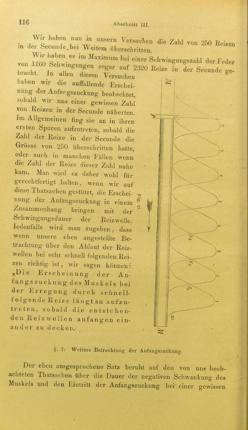 _ Wir haben nun in unsern Versuchen die Zahl von 250 Reizen m der Secunde.bei Weitem überschritten von iTßü'scl'-   Schwingungszahl der Feder b cht f r'T ^'^'^ 2^^^^-'- - der Secunde ge- biacht. Jn allen diesen Versuchen ^ haben wir die aufFallende Erschei- nung derAnfargszuckung beobachtet, sobald wir uns einer gewissen Zahl You Heizen in der Secunde näherten. Im Allgemeinen fing sie an in ihren ersten Spuren aufzutreten, sobald die Zahl der Reize in der Secunde die Grösse von 250 überschritten hatte, oder auch in manchen Fällen wenn die Zahl der Reize dieser Zahl nahe kam. Man wird es daher wohl für gerechtfertigt halten, wenn wir auf diese Thatsachen gestützt, die Erschei- nung der Anfangszuckung in einem Zusammenhang bringen mit der Schwingungsdauer der Reizw^elle. Jedenfalls wird man zugeben, dass wenn unsere eben angestellte Be- trachtung über den Ablaut der Reiz- wellen bei sehr schnell folgenden Rei- zen richtig 'ist, wir sagen können: „Die Erscheinung der An- fangszuckung des,Muskel s bei der Erregung durch schnell- folgen de R eiz e fängt an aufzu- treten, sobald die entstehen- de n R e i z w e 11 e n anfangen ein- ander zu decken. §. 7, Weitere Betrachtung der Anfangszuckung. Der eben ausgesprochene Satz beruht auf den von uns beob- achteten Thatsachen über die Dauer der negativen Schwankung des Muskels und den Eintritt der Anfangszuckung bei' einer gewissen