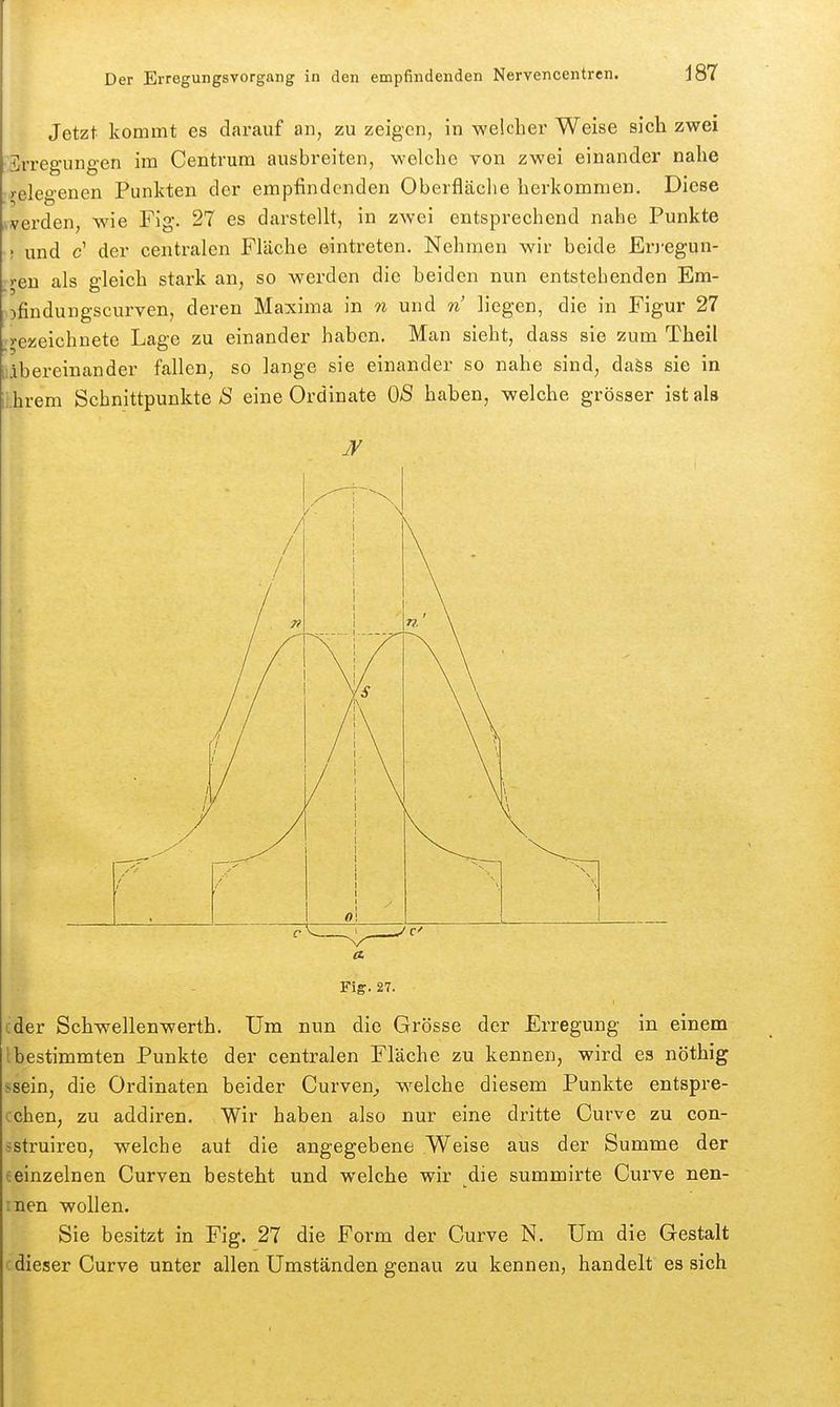 Jetzt kommt es dai'auf an, zu zeigen, in welcher Weise sich zwei Erregungen im Centrum ausbreiten, welche von zwei einander nahe gelegenen Punkten der empfindenden Oberfläche herkommen. Diese werden, wie Fig. 27 es darstellt, in zwei entsprechend nahe Punkte ; und c' der centralen Fläche eintreten. Nehmen wir beide Erj-egun- )-eu als gleich stark an, so werden die beiden nun entstehenden Em- ofindungscurven, deren Maxima in n und n liegen, die in Figur 27 'rezeichnete Lage zu einander haben. Man sieht, dass sie zum Theil übereinander fallen, so lange sie einander so nahe sind, daös sie in ii.hrem Schnittpunkte B eine Ordinate OS haben, welche grösser ist als / / / / 7i r \ [s \ \ 0 \ C a Fig. 27. cder Schwellenwerth. Um nun die Grösse der Erregung in einem Ibestimmten Punkte der centralen Fläche zu kennen, wird es nöthig ssein, die Ordinaten beider Curven^ welche diesem Punkte entspre- cchen, zu addiren. Wir haben also nur eine dritte Curve zu con- istruireu, welche aut die angegebene Weise aus der Summe der (einzelnen Curven besteht und welche wir die summirte Curve nen- inen wollen. Sie besitzt in Fig. 27 die Form der Curve N. Um die Gestalt dieser Curve unter allen Umständen genau zu kennen, handelt es sich