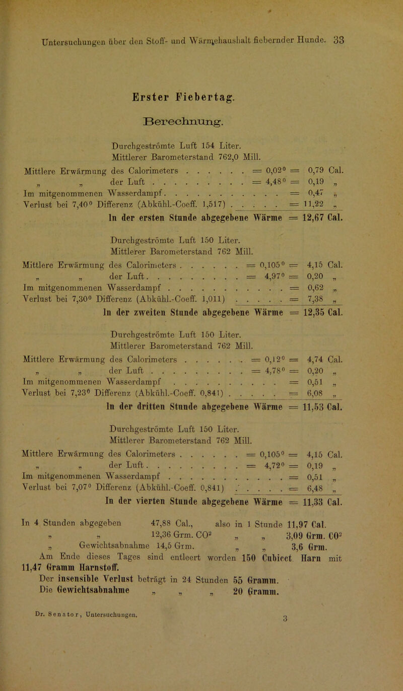 Erster Fiebertag. Berechnung. Durchgeströmte Luft 154 Liter. Mittlerer Barometerstand 762,0 Mill. Mittlere Erwärmung des Calorimeters = 0,02° — 0,79 Cal. „ „ der Luft = 4,48° = 0,19 „ Im mitgenommenen Wasserdampf = 0,47 Verlust bei 7,40° Differenz (Abkühl.-Coeff. 1,517) — 11,22 „ ln der ersten Stnnde abgegebene Wärme = 12,67 Cal. Durchgeströmte Luft 150 Liter. Mittlerer Barometerstand 762 Mill. Mittlere Erwärmung des Calorimeters = 0,105° = 4,15 Cal. „ „ der Luft = 4,97° = 0,20 „ Im mitgenommenen Wasserdampf = 0,62 „ Verlust bei 7,30° Differenz (Abkühl.-Coeff. 1,011) = 7,38 „ ln der zweiten Stunde abgegebene Wärme = 12,35 Cal. Durchgeströmte Luft 150 Liter. Mittlerer Barometerstand 762 Mill. Mittlere Erwärmung des Calorimeters = 0,12° = 4,74 Cal. „ „ der Luft = 4,78° = 0,20 „ Im mitgenommenen Wasserdampf = 0,51 „ Verlust bei 7,23° Differenz (Abkühl.-Coeff. 0,841) — 6,08 „ ln der dritten Stnnde abgegebene Wärme = 11,53 Cal. Durchgeströmte Luft 150 Liter. Mittlerer Barometerstand 762 Mill. Mittlere Erwärmung des Calorimeters = 0,105° = 4,15 Cal. „ „ der Luft = 4,72° = 0,19 „ Im mitgenommenen Wasserdampf = 0,51 „ Verlust bei 7,07° Differenz (Abkühl.-Coeff. 0,841) .'....= 6,48 „ In der vierten Stunde abgegebene Wärme == 11,33 Cal. In 4 Stunden abgegeben 47,88 Cal., also in 1 Stunde 11,97 Cal. » » 12,36 Grm. CO2 „ „ 3,09 Grm. CO3 „ Gewichtsabnahme 14,5 Grm. „ „ 3,6 Grill. Am Ende dieses Tages sind entleert worden 150 Cnbicct Harn mit 11,47 Gramm Harnstoff. Der insensible Verlust beträgt in 24 Stunden 55 Gramm. Die Gewichtsabnahme „ „20 Gramm. Dr. Senator, Untersuchungen. 3
