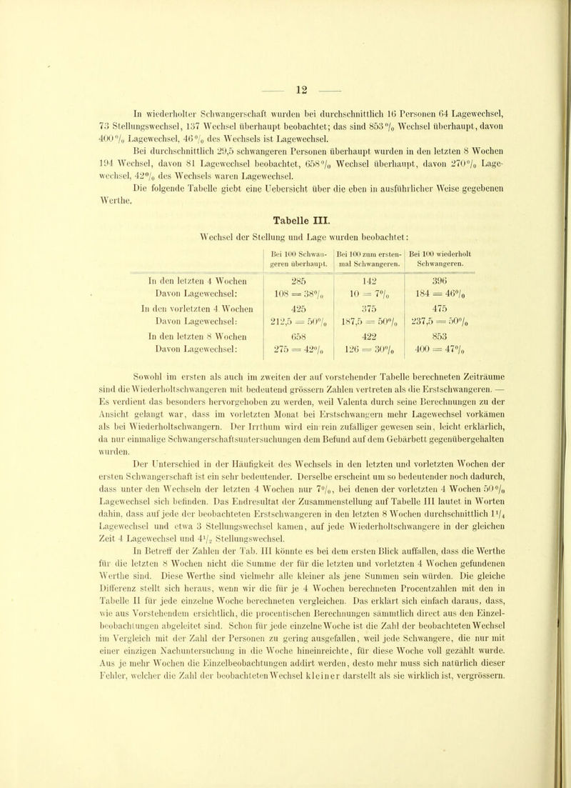In wiederholter Schwangerschaft wurden bei durchschnitthch 16 Personen 64 Lagewechsel, 73 Stellungswechsel, 137 Wechsel überhaupt beobachtet; das sind 853 /o Wechsel überhaupt, davon 400 /y Lagewechsel, 46 ^/o des Wechsels ist Lagewechsel. Bei durchschnittlich 29,5 schwangeren Personen überhaupt wurden in den letzten 8 Wochen 194 Wechsel, davon 81 Lagewechsel beobachtet, 6580/0 Wechsel überhaupt, davon 270/o Lage- wechsel, 420/0 des Wechsels waren Lagewechsel. Die folgende Tabelle giebt eine Uebergicht über die eben in ausführlicher Weise gegebenen Werthe. Tabelle III. Wechsel der Stellung und Lage wurden beobachtet: Bei 100 Schwan- geren überhaupt. Bei 100 zum ersten- mal Schwangeren. Bei 100 wiederholt Schwangeren. In den letzten 4 Wochen 285 142 396 Davon Lagewechsel: 108 = 38o/„ 10 = 7% 184 = 46o/o In den vorletzten 4 Wochen 425 375 475 Davon Lagewechsel: 212,5 = 50% 187,5 = 50% 237,5 = öOo/o In den letzten 8 Wochen 658 422 853 Davon Lagewechsel: 275 == 420/0 126 = 30'Vo 400 = 470/0 Sowohl im ersten als auch im zweiten der auf vorstehender Tabelle berechneten Zeiträume sind die Wiederholtschwangeren mit bedeutend grossem Zahlen vertreten als die Erstschwangeren. — Es verdient das besonders hervorgehoben zu werden, weil Valenta durch seine Berechnungen zu der Ansicht gelangt war, dass im vorletzten Monat bei Erstschwangern mehr Lagewechsel vorkämen als bei Wiederholtschwangern. Der Irrthum wird ein rein zufälliger gewesen sein, leicht erklärhch, da nur einniahge Schwangerschaftsuntersuchungen dem Befund auf dem Gebärbett gegenübergehalten wurden. Der Unterschied in der Häufigkeit des Wechsels in den letzten und vorletzten Wochen der ersten Schwangerschaft ist ein sehr bedeutender. Derselbe erscheint um so bedeutender noch dadurch, dass unter den Wechseln der letzten 4 Wochen nur 7/o, bei denen der vorletzten 4 Wochen 500/,, Lagewechsel sich befinden. Das Endresultat der Zusammenstellung auf Tabelle III lautet in Worten dahin, dass auf jede der beobachteten Erstschwangeren in den letzten 8 Wochen durchschnittlich IV4 Lagewechsel und etwa 3 Stellungswechsel kamen, auf jede Wiederholtschwangcre in der gleichen Zeit 4 Lagewechsel und 4Vl' Stellungswechsel. In Betreff der Zahlen der Tab. III könnte es bei dem ersten Blick auffallen, dass die Werthe für die letzten 8 Wochen nicht die Summe der für die letzten und vorletzten 4 Wochen gefundenen Werthe sind. Diese Werthe sind vielmehr alle kleiner als jene Summen sein würden. Die gleiche Differenz stellt sich heraus, wenn wir die für je 4 Wochen berechneten Procentzahlen mit den in Tabelle II für jede einzelne Woche berechneten vergleichen. Das erklärt sich einfach daraus, dass, wie aus Vorstehendem ersichthch, die procentischen Berechnungen sämmtlich direct aus den Einzel- beobachlungen abgeleitet sind. Schon für jede einzelne Woche ist die Zahl der beobachteten Wechsel im Vergleich mit der Zahl der Personen zu gering ausgefallen, weil jede Schwangere, die nur mit einer einzigen Nachuntersuchung in die Woche hineinreichte, für diese Woche voll gezählt wurde. Aus je mehr Wochen die Einzelbeobachtungen addirt werden, desto mehr muss sich natürlich dieser Fehler, welcher die Zahl der beobachteten Wechsel kleiner darstellt als sie wirklich ist, vergrössern.