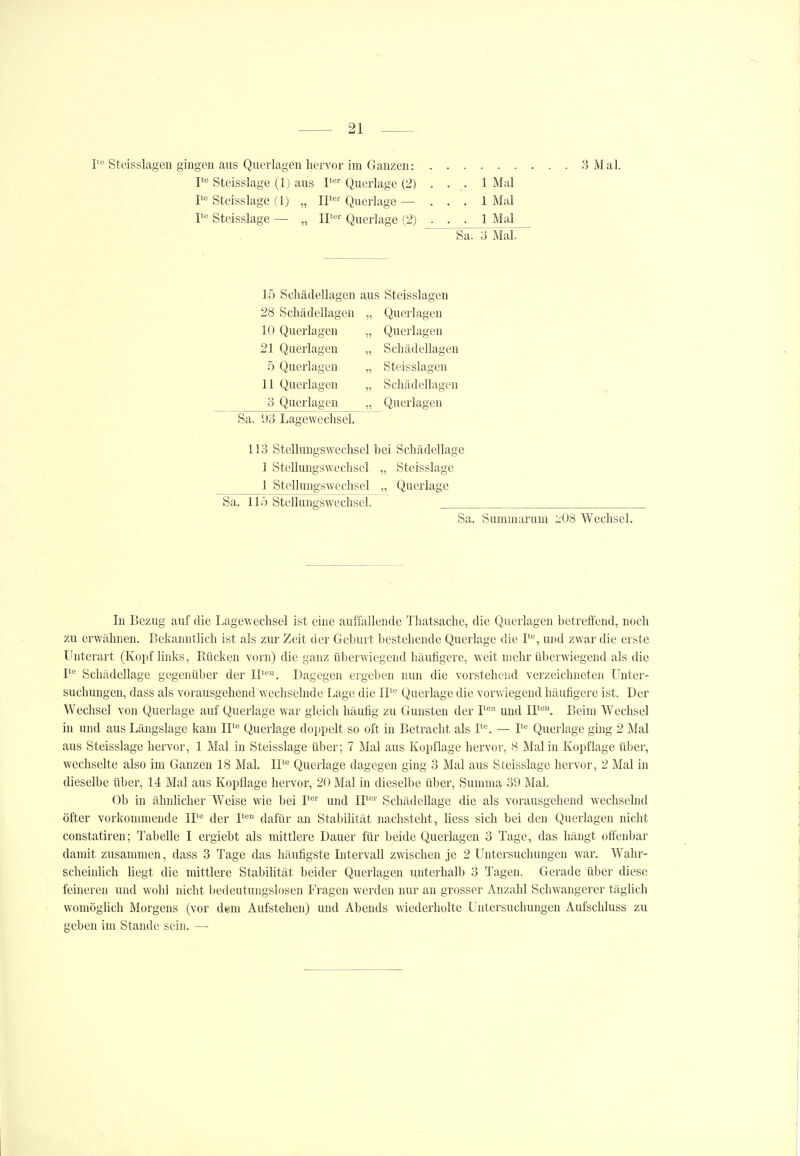 Steisslagen gingen aus Querlagen hei'vor im Ganzen: 3 Mal. V Steisslage (Ij aus Querlage (2) I^ Steisslage (1) „ II^- Querlage — 1^ Steisslage — „ Querlage (2) . 1 Mal . 1 Mal . 1 Mal Sa. 3 Mal. 15 Schädellagen aus Steisslagen 28 Schädellagen „ Querlagen 10 Querlagen „ Querlagen 21 Querlagen „ Schädellagen 5 Querlagen „ Steisslagen 11 Querlagen „ Schädellagen 3 Querlagen „ Querlagen Sa. 93 Lagewechsel. 113 Stellungswechsel bei Schädellage 1 Stellungswechsel „ Steisslage 1 Stellungswechsel „ Querlage Sa. 115 Stellungswechsel. Sa. Summarum 208 Wechsel. In Bezug auf die Lagewechsel ist eine auffallende Thatsache, die Querlagen betreffend, noch zu erwähnen. Bekamitlich ist als zur Zeit der Geburt bestehende Querlage die I, und zwar die erste Unterart (Kopf links, Rücken vorn) die ganz überwiegend häufigere, weit mehr überwiegend als die V Schädellage gegenüber der II''. Dagegen ergeben nun die vorstehend verzeichneten Unter- suchungen, dass als vorausgehend wechselnde Lage die II' Querlage die vorwiegend häutigere ist. Der Wechsel von Querlage auf Querlage war gleich häufig zu Gunsten der 1'° und II'®°. Beim Wechsel in und aus Längslage kam 11'*^ Querlage doppelt so oft in Betracht als L*. — Querlage ging 2 Mal aus Steisslage hervor, 1 Mal in Steisslage über; 7 Mal aus Kopflage hervor, S Mal in Kopflage über, wechselte also im Ganzen 18 Mal. 11'° Querlage dagegen ging 3 Mal aus Steisslage hervor, 2 Mal in dieselbe über, 14 Mal aus Kopflage hervor, 20 Mal in dieselbe über, Summa 39 Mal. Ob in ähnlicher Weise wie bei T'' und II' Schädellage die als vorausgehend wechselnd öfter vorkommende IF'^ der 1*'' dafür an Stabihtät nachsteht, liess sich bei den Querlagen nicht constatiren; Tabelle I ergiebt als mittlere Dauer für beide Querlagen 3 Tage, das hängt offenbar damit zusammen, dass 3 Tage das häufigste Intervall zwischen je 2 Untersuchungen war. Wahr- scheinlich hegt die mittlere Stabilität beider Querlagen unterhalb 3 Tagen. Gerade über diese feineren und wohl nicht bedeutungslosen Fragen werden nur an grosser Anzahl Schwangerer täglich womöglich Morgens (vor dem Aufstehen) und Abends wiederholte Untersuchungen Aufschluss zu geben im Stande sein. —■