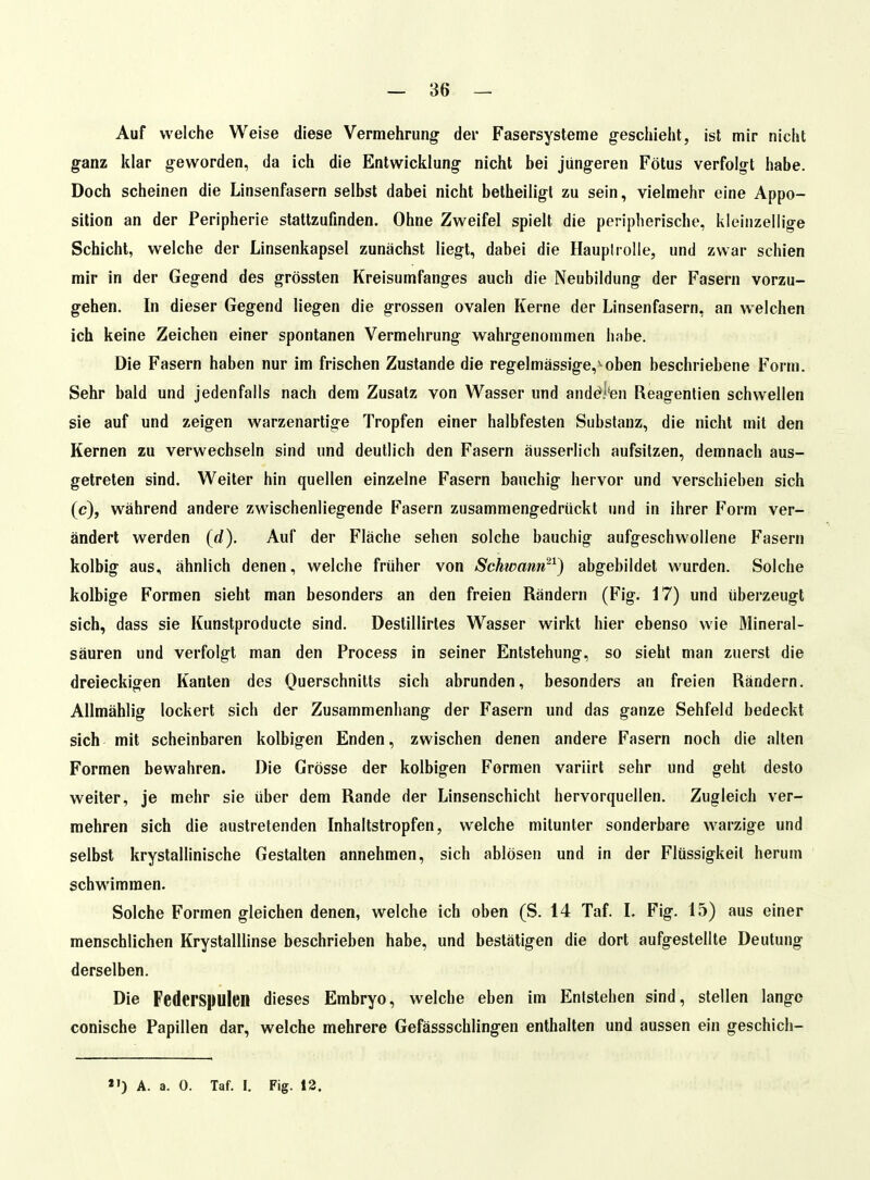 Auf welche Weise diese Vermehrung der Fasersysteme g-eschieht, ist mir nicht ganz klar geworden, da ich die Entwicklung nicht bei jüngeren Fötus verfolgt habe. Doch scheinen die Linsenfasern selbst dabei nicht betheiligt zu sein, vielmehr eine Appo- sition an der Peripherie stattzufinden. Ohne Zweifel spielt die peripherische, kleinzellige Schicht, welche der Linsenkapsel zunächst liegt, dabei die Hauplrolle, und zwar schien mir in der Gegend des grössten Kreisumfanges auch die Neubildung der Fasern vorzu- gehen. In dieser Gegend liegen die grossen ovalen Kerne der Linsenfasern, an welchen ich keine Zeichen einer spontanen Vermehrung vs^ahrgenommen habe. Die Fasern haben nur im frischen Zustande die regelmässige,^oben beschriebene Form. Sehr bald und jedenfalls nach dem Zusatz von Wasser und and€?!'en Reagentien schwellen sie auf und zeigen warzenartige Tropfen einer halbfesten Substanz, die nicht mit den Kernen zu verwechseln sind und deutlich den Fasern äusserlich aufsitzen, demnach aus- getreten sind. Weiter hin quellen einzelne Fasern bauchig hervor und verschieben sich (c), während andere zwischenliegende Fasern zusammengedrückt imd in ihrer Form ver- ändert werden (rf). Auf der Fläche sehen solche bauchig aufgeschwollene Fasern kolbig aus, ähnlich denen, welche früher von Schwann'^) abgebildet wurden. Solche kolbige Formen sieht man besonders an den freien Rändern (Fig. 17) und überzeugt sich, dass sie Kunstproducte sind. Destillirtes Wasser wirkt hier ebenso wie Mineral- säuren und verfolgt man den Process in seiner Entstehung, so sieht man zuerst die dreieckigen Kanten des Querschnitts sich abrunden, besonders an freien Rändern. Ailmähiig lockert sich der Zusammenhang der Fasern und das ganze Sehfeld bedeckt sich mit scheinbaren kolbigen Enden, zwischen denen andere Fasern noch die alten Formen bewahren. Die Grösse der kolbigen Formen variirt sehr und geht desto weiter, je mehr sie über dem Rande der Linsenschicht hervorquellen. Zugleich ver- mehren sich die austretenden Inhaltstropfen, welche mitunter sonderbare warzige und selbst krystallinische Gestalten annehmen, sich ablösen und in der Flüssigkeit herum schwimmen. Solche Formen gleichen denen, welche ich oben (S. 14 Taf. L Fig. 15) aus einer menschlichen KrystalUinse beschrieben habe, und bestätigen die dort aufgestellte Deutung derselben. Die Federspulen dieses Embryo, welche eben im Entstehen sind, stellen lange conische Papillen dar, welche mehrere Gefässschlingen enthalten und aussen ein geschich- »») A. a. 0. Taf. I. Fig. 12.
