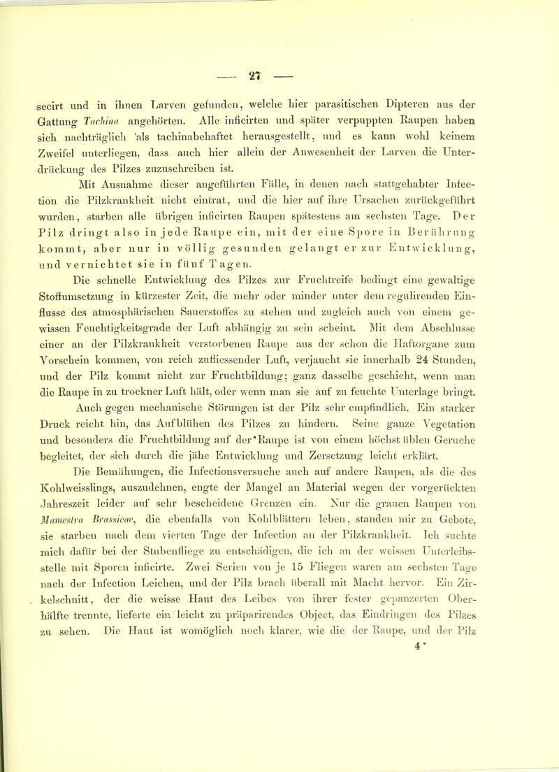 2T secirt und in ihnen Larven gefunden, welche hier parasitischen Dipteren aus der Gattung Tachlna angehörten. Alle inficirten und später verpuppten Raupen haben sich nachträglich 'als tachinabehaftet herausgestellt, und es kann wohl keinem Zweifel unterliegen, dass auch hier allein der Anwesenheit der Larven die Unter- drückung des Pilzes zuzuschreiben ist. Mit Ausnahme dieser angeführten Fälle, in denen nach stattgehabter Infec- tion die Pilzkrankheit nicht eintrat, und die hier auf ihre Ursachen zurückgeführt wurden, starben alle übrigen inficirten Raupen spätestens am sechsten Tage. Der Pilz dringt also in j ede Raupe ein, mit der eine Spore in Berührung kommt, aber nur in völlig gesunden gelangt er zur Entwicklung, und vernichtet sie in fünf Tagen. Die schnelle Entwicklung des Pilzes zur Friichtreife bedingt eine gewaltige Stoflfunisetzung in kürzester Zeit, die mehr oder minder unter dem regulirendeu Ein- flüsse des atmosphärischen Sauerstoffes zu stehen und zugleich auch von einem ge- wissen Feuchtigkeitsgrade der Luft abhängig zu sein scheint. Mit dem Abschlüsse einer an der Pilzkrankheit verstorbenen Raupe aus der schon die Haftorgane zum Vorschein kommen, von reich zufliessender Luft, verjaucht sie innerhalb 24 Stunden, und der Pilz kommt nicht zur Fruchtbildung; ganz dasselbe geschieht, wenn man die Raupe in zu trockner Luft hält, oder wenn man sie auf zu feuchte Unterlage bringt. Auch gegen mechanische Störungen ist der Pilz sehr empfindlich. Ein starker Druck reicht hin, das Aufblühen des Pilzes zu hindern. Seine ganze Vegetation und besonders die Fruchtbildung auf der'Raupe ist von einem höchst üblen Gerüche begleitet, der sich durch die jähe Entwicklung und Zersetzung leicht erklärt. Die Bemühungen, die Infectionsversuche auch auf andere Raupen, als die des Kolilweisslings, auszudehnen, engte der Mangel an Material wegen der vorgerückten Jahreszeit leider auf sehr bescheidene Grenzen ein. Nur die grauen Raupen von Mamestra Brasfilcar, die ebenfalls von Kohlblättern leben, standen mir zu Gebote, sie starben nach dem vierten Tage der Infection an der Pilzkrankheit. Ich suchte mich dafür bei der Stubenfliege zu entschädigen, die ich an der weissen Unterleibs- stelle mit Sporen inficirte. Zwei Serien von je 15 Fliegen waren am sechsten Tage nach der Infection Leichen, und der Pilz brach überall mit Macht hervor. Ein Zir- kelschnitt , der die weisse Haut des Leibes von ihrer fester gepanzerten Ober- hälfte trennte, lieferte ein leicht zu präparirendes Object, das Eindringen des Pilzes zu sehen. Die Haut ist womöglich noch klarer, wie die der Raupe, und der Pilz 4*