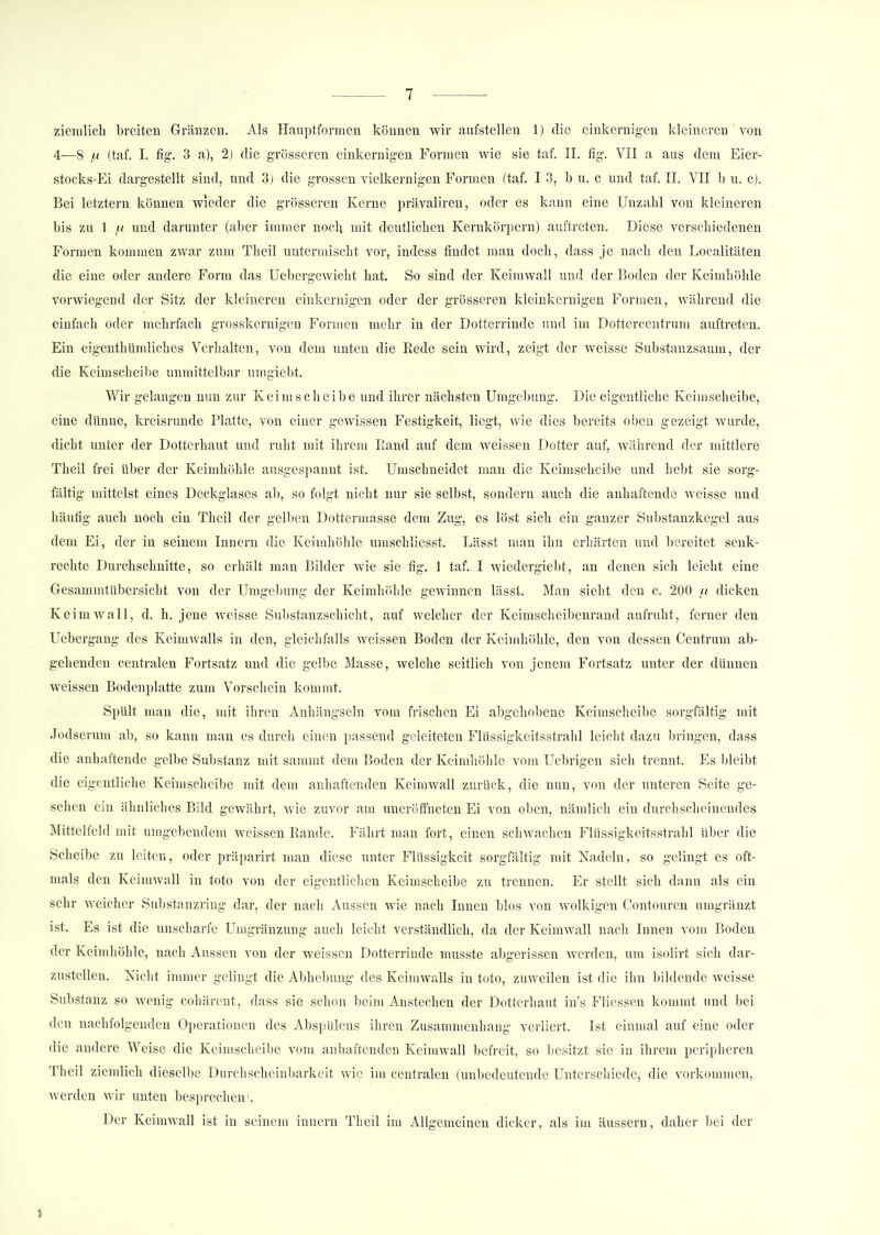 ziemlich breiten Gränzen. Als Hauptformen können wir aufstellen 1) die einkernigen kleinereil von 4—8 ,u (taf. I. fig. 3 a), 2) die grösseren einkernigen Formen wie sie taf. II. fig. VII a aus dem Eier- stocks-Ei dargestellt sind, und 3) die grossen vielkernigen Formen (taf. I 3, b u. c und taf. II. VII b u. c). Bei letztern können wieder die grösseren Kerne prävaliren, oder es kann eine Unzahl von kleineren bis zu 1 ju und darunter (aber immer noch mit deutlichen Kernkörpern) auftreten. Diese verschiedenen Formen kommen zwar zum Theil untermischt vor, indess findet man doch, dass je nach den Loealitäten die eine oder andere Form das Uebergewicht hat. So sind der Keimwall und der Boden der Keimhöhle vorwiegend der Sitz der kleineren einkernigen oder der grösseren kleinkernigen Formen, Avährend die einfach oder mehrfach grosskernigen Formen mehr in der Dotterrinde und im Dottercentrum auftreten. Ein eigenthümliches Verhalten, von dein unten die Rede sein wird, zeigt der weisse Substanzsaum, der die Kcimscheibe unmittelbar umgieht. Wir gelangen nun zur Keim seh ei be und ihrer nächsten Umgebung. Die eigentliche Keimscheibe, eine dünne, kreisrunde Platte, von einer gewissen Festigkeit, liegt, wie dies bereits oben gezeigt wurde, dicht unter der Dotterhaut und ruht mit ihrem Puand auf dem weissen Dotter auf, während der mittlere Theil frei über der Keimhöhle ausgespannt ist. Umschneidet man die Keimscheibe und hebt sie sorg- fältig mittelst eines Deckglases ab, so folgt nicht nur sie selbst, sondern auch die anhaftende weisse und häutig auch noch ein Theil der gellten Dottermasse dem Zug, es löst sich ein ganzer Substanzkegel aus dem Ei, der in seinem Innern die Keimhöhle umschliesst. Lässt man ihn erhärten und bereitet senk- rechte Durchschnitte, so erhält man Bilder wie sie fig. 1 taf. I wiedergiebt, an denen sich leicht eine Gesammtübersicht von der Umgebung der Keimhöhle gewinnen lässt. Man sieht den c. 200 ii dicken Keim wall, d. h. jene weisse Substanzschicht, auf welcher der Keimscheibenrand aufruht, ferner den Ucbergang des Keimwalls in den, gleichfalls weissen Boden der Keimhöhle, den von dessen Centrum ab- gehenden centralen Fortsatz und die gelbe Masse, welche seitlich von jenem Fortsatz unter der dünnen weissen Bodenplatte zum Vorschein kommt. Spült man die, mit ihren Anhängseln vom frischen Ei abgehobene Keimscheibe sorgfältig mit Jodserum ab, so kann man es durch einen passend geleiteten Flüssigkeitsstrahl leicht dazu bringen, dass die anhaftende gelbe Substanz mit sammt dem Boden der Keimhöhle vom Uebrigen sich trennt. Es bleibt die eigentliche Keimscheibe mit dem anhaftenden Keimwall zurück, die nun, von der unteren Seite ge- sehen ein ähnliches Bild gewährt, wie zuvor am uneröffneten Ei von oben, nämlich ein durchscheinendes Mittelfeld mit umgebendem weissen Rande. Fährt man fort, einen schwachen Flüssigkeitsstrahl über die Scheibe zu leiten, oder präparirt man diese unter Flüssigkeit sorgfältig mit Nadeln, so gelingt es oft- mals den Keimwall in toto von der eigentlichen Keimscheibe zu trennen. Er stellt sich dann als ein sehr weicher Substanzring dar, der nach Aussen wie nach Innen blos von wolkigen Contouren umgränzt ist. Es ist die unscharfe Umgränzung auch leicht verständlich, da der Keimwall nach Innen vom Boden der Keimhöhle, nach Aussen von der weissen Dotterrinde musste abgerissen werden, um isolirt sich dar- zustellen. Nicht immer gelingt die Abhebung des Keimwalls in toto, zuweilen ist die ihn bildende weisse Substanz so wenig cohärenf, dass sie schon beim Anstechen der Dotterhaut in's Fliessen kommt und bei den nachfolgenden Operationen des Abspülens ihren Zusammenhang verliert. Ist einmal auf eiue oder die andere Weise die Keimscheibe vom anhaftenden Keimwall befreit, so besitzt sie in ihrem peripheren Theil ziemlich dieselbe Durchscheinbarkcit wie im centralen (unbedeutende Unterschiede, die vorkommen, werden wir unten besprechen1. Der Keimwall ist in seinem innern Theil im Allgemeinen dicker, als im äussern, daher bei der